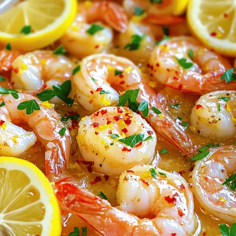 - 1 pound large shrimp, peeled and deveined - 4 tablespoons unsalted butter, at room temperature - 4 cloves garlic, finely minced - Grated zest of 1 lemon - Freshly squeezed juice of 1 lemon - 1 teaspoon red pepper flakes (adjust to your desired spice level) - Sea salt and freshly cracked black pepper to taste - 2 tablespoons fresh parsley, finely chopped (for garnish) - 1 tablespoon extra virgin olive oil - Thin lemon slices (for garnish) You can swap large shrimp for smaller ones if needed. If you want less fat, use olive oil instead of butter. You can also use garlic powder if you lack fresh garlic. Fresh parsley can be replaced with dried parsley. For a tangy twist, try lime juice instead of lemon juice. This dish serves four. Each serving has about 250 calories. It contains 15 grams of fat and 22 grams of protein. The meal is low in carbs, making it a great option for many diets. The shrimp provide healthy omega-3 fatty acids, while garlic and lemon add vitamins and flavor. Enjoy this dish knowing it’s tasty and nourishing! For the complete cooking process, check the Full Recipe. First, gather all your ingredients. You will need shrimp, butter, garlic, lemon, and spices. Make sure the shrimp is peeled and deveined. This saves time. Mince the garlic finely. Zest the lemon and squeeze the juice. Chop the parsley for garnish. 1. Heat 1 tablespoon of olive oil in a large skillet over medium heat. Wait until the oil shimmers. 2. Add the minced garlic and red pepper flakes. Stir them for about 1 minute. This helps the garlic smell great. 3. Put the shrimp in the skillet. Sprinkle with sea salt and black pepper. Cook for 2-3 minutes until they turn pink on one side. 4. Flip the shrimp carefully. Add the butter, lemon zest, and lemon juice. Cook for another 2-3 minutes until the shrimp is fully cooked. 5. Remove the skillet from heat. Toss in the parsley for a fresh taste. 6. Serve the shrimp right away. Add thin lemon slices on top for extra flavor. This dish goes well with rice or crusty bread. You can also serve it over pasta for a heartier meal. Pair it with a fresh salad or steamed vegetables for balance. Enjoy this quick and tasty recipe with family and friends! For the complete recipe, check out the Full Recipe. When picking shrimp, look for a few key signs. Fresh shrimp should smell like the ocean, not fishy. The shells should be firm, and the flesh should be translucent. If you see black spots, avoid those shrimp. Always buy shrimp with no ice glaze. This means they are fresh and not frozen. If possible, buy shrimp from a trusted fishmonger or market. Check for local sources to get the best quality. Garlic brings a lot of flavor to this dish. To get the best taste, use fresh garlic cloves. Mince them finely for a stronger flavor. Sauté the garlic in olive oil before adding shrimp. Cook it just until fragrant, about one minute. If you cook it too long, it can burn and taste bitter. If you want a more intense garlic flavor, you can add some garlic powder along with the fresh garlic. This shrimp dish tastes best when served hot. As soon as you finish cooking, plate it right away. Letting it sit can make the shrimp tough. If you have leftovers, store them in the fridge and reheat them gently. Use a low heat on the stove or in the microwave. Add a bit of lemon juice to keep the flavor fresh. Enjoy this dish with a side of warm bread or over rice for a complete meal. For the full recipe, check out the section above. {{image_4}} You can turn lemon garlic butter shrimp into a hearty meal by adding pasta. Cook your favorite pasta, like spaghetti or fettuccine. Once the shrimp is ready, toss it with the cooked pasta. The sauce clings to the noodles. This makes for a tasty and filling dish. You can add a sprinkle of cheese for extra flavor. If you want a kick, try the spicy Cajun style. Add Cajun seasoning when cooking the shrimp. A teaspoon or two will do. This spice mix brings heat and depth. The butter and lemon balance the spices well. You'll love the bold flavors in each bite. Boost nutrition by adding veggies. Bell peppers, snap peas, or spinach work great. Sauté them with the garlic for a few minutes. Then add the shrimp as usual. This not only adds color but also fiber and vitamins. Your meal becomes more balanced and healthy. For more delicious ideas, check out the Full Recipe. After enjoying your Lemon Garlic Butter Shrimp, let any leftovers cool. Place them in an airtight container. Store in the fridge for up to two days. Make sure to seal it well to keep the shrimp fresh. If you want to save them longer, consider freezing. To reheat, use a skillet on low heat. Add a splash of water or broth to keep it moist. Stir gently to warm the shrimp evenly. You can also microwave them, but do it in short bursts to avoid overcooking. To freeze, place the cooled shrimp in a freezer-safe bag. Remove as much air as possible to prevent freezer burn. These shrimp can last up to three months in the freezer. When ready to eat, defrost them in the fridge overnight before reheating. Enjoy your meal even after a few days! To add heat, increase the red pepper flakes. Start with 1 teaspoon. If you want more spice, try adding ½ teaspoon more. You can also use fresh chopped chili peppers for extra kick. Adjust to your taste, so it’s just right for you. Yes, you can use frozen shrimp. Make sure to thaw them first. Put the shrimp in a bowl of cold water for about 15 minutes. This method keeps the shrimp firm. Drain and pat them dry before cooking. This helps avoid a watery dish. Lemon garlic butter shrimp pairs well with many sides. Here are some great options: - Rice: White, brown, or jasmine rice soaks up the sauce well. - Pasta: Toss with spaghetti or linguine for a hearty dish. - Vegetables: Steamed broccoli or green beans add color and nutrition. - Salad: A light salad with greens and a lemon vinaigrette can balance the meal. Feel free to explore these options to find a match you love! For the full recipe, check the instructions above. This recipe guide covered all you need for a tasty lemon garlic butter shrimp dish. We discussed each ingredient, substitutions, and key nutritional info. I shared simple prep steps and cooking directions, plus tips to enhance garlic flavor. You learned about food variations and how to store leftovers properly. Shrimp is versatile and delicious. By following these steps, you can enjoy a great meal! Keep experimenting with flavors and enjoy your cooking journey.
