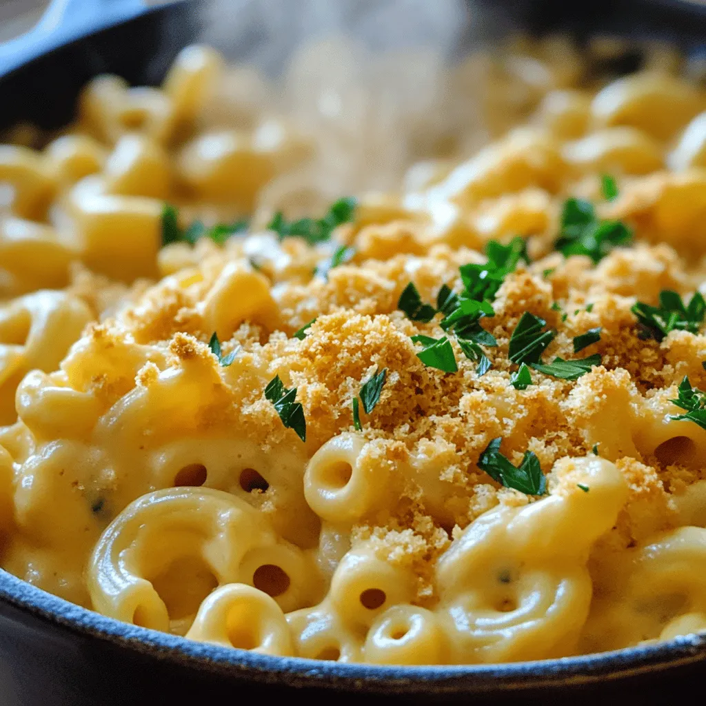 - 2 cups elbow macaroni - 4 cups vegetable broth - 1 cup heavy cream - 2 cups shredded sharp cheddar cheese - 1 cup shredded mozzarella cheese - 1 teaspoon garlic powder - 1 teaspoon onion powder - 1 teaspoon mustard powder - Salt and black pepper to taste - 1 tablespoon olive oil - ½ cup breadcrumbs (for a crispy topping) - Fresh parsley, chopped (for garnish) This creamy mac and cheese recipe combines simple ingredients to create a comforting meal. You start with elbow macaroni and cook it right in the broth. The broth adds flavor and keeps it rich. Heavy cream makes it smooth and creamy. Sharp cheddar and mozzarella give it a great cheese pull. The seasonings add that extra zing. Garlic and onion powder bring warmth. Mustard powder adds depth. A pinch of salt and pepper rounds out the taste. You can even top it with breadcrumbs for a crunchy finish. Fresh parsley adds color and freshness when serving. For the full recipe, refer to the detailed instructions. Enjoy making this delightful dish that warms the heart! - Heat olive oil in a large pot. - Add 2 cups of elbow macaroni and 4 cups of vegetable broth. - Bring to a vigorous boil, then lower the heat and cover. - Simmer for 8-10 minutes. Check and stir to keep the pasta from sticking. - After cooking, stir in 1 cup of heavy cream and your seasonings. - Add 1 teaspoon of garlic powder, 1 teaspoon of onion powder, and 1 teaspoon of mustard powder. - Mix in salt and black pepper to taste. - Gradually fold in 2 cups of shredded sharp cheddar and 1 cup of shredded mozzarella cheese. - Stir until the cheese melts and the sauce is creamy. - If you want a crispy top, transfer the mix to an oven-safe dish. - Sprinkle ½ cup of breadcrumbs evenly over the top. - Broil for 2-3 minutes. Keep an eye on it until golden brown. This recipe is easy and fun. For the full recipe, check the complete details above. To make your mac and cheese extra creamy, use freshly shredded cheese. Pre-shredded cheese often has additives that prevent smooth melting. Adjust the heavy cream based on how creamy you want your dish. More cream gives a richer taste, while less keeps it lighter. Stir the pasta occasionally as it cooks. This keeps the macaroni from sticking together. Monitor the simmering time closely. If you overcook it, the pasta can become mushy. Aim for al dente, which means the pasta is firm but cooked through. Play around with different cheese combinations. Mixing cheddar and mozzarella creates a nice balance of flavor and texture. For a little kick, add hot sauce or smoked paprika. These ingredients elevate the dish and make it more exciting. For the complete recipe, check out the Full Recipe for a delightful cooking experience. {{image_4}} One-Pot Creamy Mac and Cheese is super fun to make. You can easily change it up! Here are some tasty ideas. - Cooked bacon adds a nice crunch. - Diced ham gives it a savory kick. - Rotisserie chicken makes it hearty. - For a veggie option, try tofu or chickpeas. They are full of protein too! - Spinach is a great way to sneak in greens. - Broccoli adds a nice crunch and color. - Peas bring a sweet taste to the dish. - Roasted red peppers can boost the flavor, making it even better. - Use gluten-free pasta instead of elbow macaroni. - Make sure your vegetable broth is gluten-free too. - Check all your other ingredients to keep it gluten-free. These variations let you make a dish you love. Try mixing and matching to find your favorite! For more details on the base recipe, check out the Full Recipe. After enjoying your One-Pot Creamy Mac and Cheese, let it cool. This helps keep the texture right. Once cool, store it in an airtight container. It will stay fresh for about 3-4 days in the fridge. This way, you can enjoy it again without losing flavor. When it’s time to eat your leftovers, reheat them in the microwave. You can also use the stovetop. Just add a splash of milk to keep it creamy. For an extra cheesy touch, sprinkle more cheese on top while reheating. This will make it even more delicious. If you want to save some for later, freeze it! Transfer the mac and cheese to a freezer-safe container. Make sure it’s sealed well to avoid freezer burn. When you’re ready to eat, thaw it overnight in the fridge. Once thawed, reheat it as usual for a tasty meal. Yes, you can prepare it in advance and store it in the refrigerator. This is great for busy days. Just heat it up when you’re ready to eat. Total time is approximately 25 minutes, including prep. This quick cook time makes it perfect for a weeknight meal or a cozy weekend treat. Absolutely! Feel free to mix and match according to your preference. Try gouda for a smoky taste or pepper jack for some heat. Each cheese adds a unique twist to the dish. It pairs well with salads, garlic bread, or grilled vegetables. A fresh side salad adds crunch, while garlic bread brings warmth. You can also add grilled veggies for color and taste. Yes, it's great for meal prep and can be stored and reheated easily. Divide it into portions and enjoy it throughout the week. For the best results, add a splash of cream when reheating to keep it creamy. You can find the full recipe to get started! One-Pot Creamy Mac and Cheese is simple and fun to make. We covered the ingredients, step-by-step instructions, tips, variations, and storage information. You can customize this dish with extra flavors, proteins, or veggies. Storing leftovers is easy, and reheating gives you that fresh taste again. Enjoy this creamy, cheesy treat any day. It fits into meal prep or a quick family dinner. Dive in, and let your taste buds celebrate!