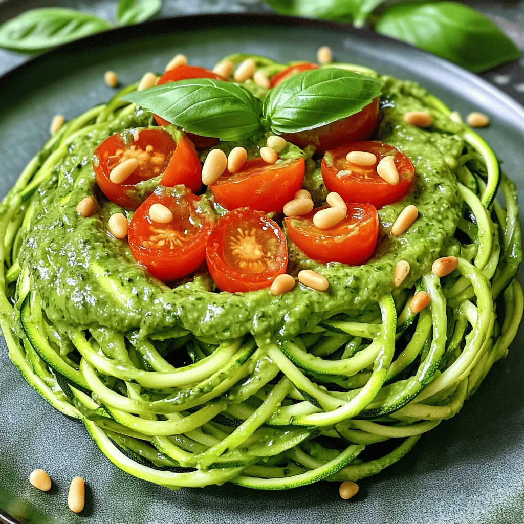- 3 medium zucchinis, spiralized into noodles - 1 perfectly ripe avocado - 1 cup fresh basil leaves, packed - 2 tablespoons freshly squeezed lemon juice - 2 tablespoons pine nuts, lightly toasted - 2 tablespoons nutritional yeast - Sea salt - Black pepper - 1 cup cherry tomatoes, halved - Extra toasted pine nuts Zucchini noodles with pesto are simple yet full of flavor. To start, you need fresh and ripe ingredients. Zucchini gives a nice crunch. The avocado adds creaminess to your pesto. Fresh basil brings a bright herbal taste that pairs well with lemon juice. Lightly toasted pine nuts add a nutty twist. For extra flavor, consider nutritional yeast. It gives a cheesy taste without dairy. A pinch of sea salt and black pepper can enhance your pesto. When serving, cherry tomatoes add color and freshness. Extra toasted pine nuts on top give a lovely crunch. This dish looks great and tastes even better. You can find the complete recipe in the [Full Recipe]. Enjoy making this healthy meal! To start, you need to spiralize the zucchinis. Use a spiralizer to make long, noodle-like strands. This step is fun and easy! After spiralizing, place the noodles on paper towels. This helps soak up extra moisture. Drying the noodles prevents them from being soggy later. Now, it’s time to make the pesto! Gather your ingredients: a ripe avocado, fresh basil leaves, lemon juice, toasted pine nuts, nutritional yeast (if you want), minced garlic, and olive oil. Place all these in your food processor. Blend until the mixture is smooth and creamy. You want a nice, thick consistency that clings to the noodles. In a large bowl, gently toss the zucchini noodles with the avocado pesto. Make sure each noodle gets coated in the sauce. This is where the magic happens! Next, let the noodles sit for about 5 minutes. This marinating time helps the noodles soak in the pesto's flavors, making every bite delicious. For the full recipe, please refer to the recipe section. To stop zucchini noodles from getting soggy, follow these steps: - Spiralize and Dry: After spiralizing, lay the noodles on paper towels. This helps absorb extra moisture. - Salt for Drainage: Lightly sprinkle salt on the noodles and let them sit for 10 minutes. This draws out more water. You can enjoy zucchini noodles raw or cooked. Raw noodles keep a nice crunch. If you prefer cooked, sauté them quickly in olive oil over medium heat. Cook for just 2-3 minutes to warm them without losing texture. To ripen avocados quickly, place them in a brown paper bag with an apple or banana. This method speeds up the ripening process. For the best flavor, taste your pesto and adjust seasonings. You can add more lemon juice for zing. If you want a richer taste, mix in a pinch of sea salt or black pepper. Plating can make your dish pop. Here are some ideas: - Nest Shape: Form the zoodles into a nest on the plate. This creates an elegant look. - Pesto Drizzle: Drizzle some extra pesto around the edges for a colorful touch. Pair your zoodles with a light side salad or some grilled chicken. These options add balance to your meal and offer extra nutrients. For a complete recipe, check out the Full Recipe. {{image_4}} You can change the herbs in pesto. Try using cilantro or parsley for a new twist. Each herb brings a distinct flavor. You can also switch nuts. Instead of pine nuts, use walnuts or almonds. Each nut adds a different crunch and taste. Feel free to experiment and find what you like best! Want to make your meal heartier? Add protein! Grilled chicken or shrimp works well. If you prefer plant-based options, try tofu. Just remember, cooking time may change. If you add chicken or shrimp, cook until they are done. For tofu, sauté until it’s golden brown. This adds both flavor and nutrition. This recipe can easily be vegan. Just skip any dairy and stick with plant-based options. Check the pesto ingredients to ensure they suit your needs. For gluten-free, avoid any gluten-containing items. Zucchini noodles are naturally gluten-free, so you have a great base! Always read labels to make sure. To store leftover zucchini noodles, first, pat them dry with a paper towel. Place them in an airtight container. Keep them in the fridge for up to three days. This helps maintain their freshness. Avoid stacking too many noodles together to prevent mushiness. You want to keep them crisp. Homemade pesto can also be stored easily. Pour it into a clean jar and cover it tightly. You can also drizzle a thin layer of olive oil on top. This helps prevent the pesto from browning. If your pesto has avocado, it may brown faster. Use lemon juice to help keep it green. You can freeze both zucchini noodles and pesto. For zucchini, spread the noodles on a baking sheet. Freeze them until firm, then place them in a freezer bag. For pesto, use ice cube trays to freeze individual servings. Once frozen, transfer the cubes into a bag. When you're ready to use them, thaw in the fridge overnight or warm gently in a pan. Yes, you can cook zucchini noodles! You can sauté, steam, or even bake them. Each method changes the texture. Sautéing gives you a softer noodle, while steaming keeps them a bit crunchy. Baking makes them tender and slightly chewy. I prefer to eat them raw for the best flavor. To stop zucchini noodles from being watery, try these tips: - Sprinkle with salt: Salt draws out moisture. - Use paper towels: After spiralizing, place them on paper towels to absorb liquid. - Short cooking time: If you cook them, do not overdo it. Just a few minutes will work. Great sides for zucchini noodles with pesto include: - Grilled chicken for protein. - Roasted vegetables for added nutrients. - A crispy salad for a fresh crunch. These pairings make a well-rounded meal. Leftovers can last in the fridge for about 2-3 days. Store them in an airtight container. For best taste, eat them within this time. You can reheat them, but be careful not to cook them too long. They may get mushy. We explored zucchini noodles and avocado pesto, highlighting their key ingredients. I shared steps for making this dish, tips for perfecting flavors, and creative variations. Remember, you can enjoy this dish raw or cooked, making it versatile. Store leftovers correctly to keep them fresh. With these insights, you can create a delicious and healthy meal with ease. Enjoy experimenting with flavors and enhance your culinary skills!