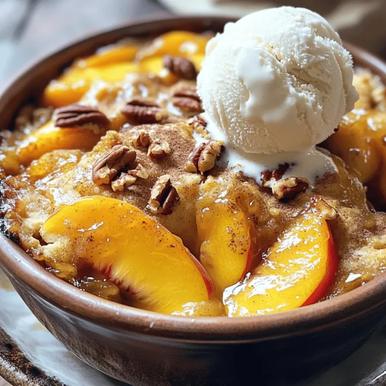 - 1 can sliced peaches in syrup - 1 box yellow cake mix - 1/2 cup unsalted butter - Fresh diced peaches (optional) The main ingredients for Easy Peach Dump Cake are simple and easy to find. The sliced peaches in syrup bring sweetness and moisture. You can use a can, or if you like, add fresh diced peaches for more flavor. The yellow cake mix acts as the base, giving it that delicious cake texture. The unsalted butter adds richness and helps the cake bake beautifully. - Ground cinnamon - Chopped pecans or walnuts - Vanilla ice cream or whipped cream for serving You can make this dessert even more special with optional add-ins. Ground cinnamon gives a warm flavor that pairs well with peaches. Nuts like pecans or walnuts add a nice crunch. Finally, serving it with vanilla ice cream or whipped cream makes each bite feel like a treat. These choices let you customize your cake to match your taste. For the full recipe, check out the detailed steps to make this delightful dessert! 1. Preheat the oven to 350°F (175°C). This makes sure the cake bakes evenly. 2. Grease a 9x13 inch baking dish. This helps the cake come out easily. Add the can of sliced peaches, undrained, right into the dish. The syrup adds moisture and sweetness. If you like, you can also add fresh diced peaches for extra flavor. 1. Open your box of yellow cake mix. Sprinkle it evenly over the peaches. Do not stir! The uneven look adds charm to the cake. 2. Drizzle the melted butter over the cake mix. Try to cover as much as you can. This ensures an even bake. 3. Now, sprinkle ground cinnamon across the top. If you want a crunch, add chopped pecans or walnuts at this stage. 1. Place the baking dish in the preheated oven. Bake for 35-40 minutes. You want it golden brown and bubbly around the edges. 2. Once baked, take it out and let it cool for about 10 minutes. This cooling time helps the flavors settle. Feel free to check the [Full Recipe] for more details! Using undrained peaches is key. The syrup adds sweetness and moisture. It helps the cake bake perfectly. If you drain the peaches, the cake can turn out dry. Do not stir the cake mix. Just sprinkle it over the peaches. The mix will form a lovely crust as it bakes. This step keeps the dump cake easy and fun. Serve your dump cake warm. A scoop of vanilla ice cream adds creaminess. The cold ice cream contrasts well with the warm cake. It makes every bite delightful. For a pretty touch, garnish with a slice of fresh peach. You can also sprinkle some chopped nuts on top. This adds a nice crunch and brightens the dish. Enjoy making your Easy Peach Dump Cake shine! {{image_4}} You can easily change this recipe to suit your taste. Adding fresh berries makes a fun twist. Try using blueberries or raspberries. They pair well with the peaches. Just sprinkle them on top of the peaches before you add the cake mix. You can also use different cake mix flavors. A spice cake mix adds warmth and depth. A yellow cake mix gives a classic taste. If you want something unique, opt for a chocolate cake mix. The chocolate will blend nicely with the peaches. If you need a gluten-free option, use a gluten-free cake mix. Many brands offer great flavors. Just check the label to be sure. For vegan options, use a vegan butter substitute. Coconut oil works well and adds a nice flavor. You can also use applesauce to keep things moist. This way, everyone can enjoy this delicious dessert! For the full recipe, check out the entire section above. To keep your Easy Peach Dump Cake fresh, first let it cool. Cover the dish with plastic wrap or foil. Store it in the fridge for up to four days. This helps keep the cake moist and tasty. When you're ready to enjoy it again, reheat it in the oven. Set the oven to 350°F (175°C) and heat for about 15 minutes. This way, the topping stays crispy. If you want to save your dump cake for later, freezing is a great option. Cut the cake into pieces and place them in an airtight container. You can also wrap each piece in plastic wrap before placing it in a freezer bag. This method helps avoid freezer burn. The cake can last up to three months in the freezer. When you want to eat it, take the cake out of the freezer. Let it thaw in the fridge overnight. If you need it fast, you can set it at room temperature for a few hours. Once thawed, reheat it in the oven for that fresh-baked taste. Enjoy your Peach Dump Cake warm, just like the first time. For full details on making this cake, check the Full Recipe. How long does Easy Peach Dump Cake last? Easy Peach Dump Cake can last for about 3 to 5 days when stored in the fridge. Make sure to cover it well to keep it fresh. If you want to save it longer, you can freeze it. Just wrap it tightly and it can last for about 2 to 3 months. Can I use frozen peaches instead of fresh? Yes, you can use frozen peaches! Just make sure to thaw and drain them first. This way, you avoid too much liquid in your cake. Frozen peaches work well and can save you time. Why is my dump cake not bubbly? If your dump cake is not bubbly, it might be undercooked. Check if the oven was at the right temperature. You may need to bake it a bit longer. The cake should bubble around the edges when it’s done. What to do if the cake mix burns on top? If the cake mix burns, you can cover it loosely with foil. This will protect it from direct heat. You can also lower the oven temperature next time. Keep an eye on the cake as it bakes to avoid burning. In this post, we explored how to make a delicious Easy Peach Dump Cake. We covered the key ingredients, preparation steps, and tips for perfecting your dish. You have various toppings and add-ins to enhance flavor and presentation. Remember to store leftovers properly and try different variations to suit your taste. Whether making it for a gathering or a cozy night in, this dessert is simple and rewarding. Enjoy baking and sharing this sweet treat with loved ones!