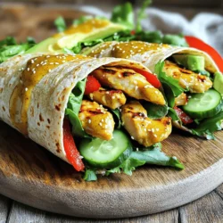 - 2 boneless chicken breasts - 1/4 cup honey - 2 tablespoons Dijon mustard - 1 tablespoon olive oil - Salt and pepper, to taste - 4 whole wheat tortillas - 1 cup mixed greens (spinach, arugula, and kale) - 1/2 red bell pepper, thinly sliced - 1/2 cucumber, thinly sliced - 1/4 red onion, thinly sliced - 1 avocado, sliced - Optional: sesame seeds for garnish This recipe has a balance of protein, sweetness, and crunch. The honey adds a nice glaze to the chicken. Dijon mustard gives a tangy kick that makes each bite exciting. I love adding fresh vegetables to my wraps. They not only add color but also vital nutrients. Mixed greens bring a great texture. A sharp red onion and a crisp cucumber provide a refreshing bite. Sliced avocado adds creaminess that ties it all together. For the tortillas, I prefer whole wheat. They offer fiber and a hearty taste. If you want to try something different, use lettuce leaves. They make a fun, low-carb option. You can find the full recipe at the end of this article. Enjoy making these wraps! Preheat your grill or grill pan over medium-high heat. This helps the chicken cook evenly. If you want nice grill marks, make sure the grill is hot before adding the chicken. In a small bowl, mix together honey and Dijon mustard. Add olive oil, salt, and pepper to taste. Whisk it well until all the ingredients blend. This honey mustard marinade will bring great flavor to the chicken. Place the chicken breasts in a dish. Pour half of the honey mustard marinade over the chicken. Make sure it is well coated. Let the chicken marinate for at least 15 minutes. This step enhances the flavor and keeps the chicken juicy. Grill the marinated chicken for about 6-7 minutes per side. The chicken should reach an internal temperature of 165°F (75°C). After grilling, let it rest for 5 minutes before slicing into thin strips. Resting is key to keeping the chicken moist. Warm the whole wheat tortillas in a dry skillet for about 30 seconds on each side. This makes them soft and easy to roll. Lay a tortilla flat. Spread a tablespoon of reserved honey mustard sauce on it. In the center, add a handful of mixed greens. Then, place the sliced grilled chicken on top. Layer the red bell pepper, cucumber, red onion, and avocado for color and flavor. To wrap, fold in the sides of the tortilla. Then roll it tightly from the bottom to the top. This keeps all the fillings inside. Repeat with the remaining tortillas. For easy serving, you can slice each wrap in half diagonally. Enjoy your wraps as a tasty and healthy meal! For the full recipe, check out the details above. To ensure your chicken is perfectly grilled, start with even pieces. Cut the chicken breasts in half if they are too thick. This helps them cook evenly. Preheat your grill to medium-high heat. This step helps achieve nice grill marks and a juicy inside. Use a meat thermometer to check for doneness. The chicken should reach 165°F (75°C) to be safe. When selecting fresh ingredients, look for vibrant colors and firm textures. Choose greens that are crisp and bright. Pick bell peppers that feel heavy for their size. Avoid any that have soft spots or wrinkles. Fresh vegetables make your wraps more flavorful and appealing. Pair your Honey Mustard Chicken Wraps with dips for extra flavor. I love to serve them with a side of ranch or garlic sauce. You can also add hummus for a creamy touch. If you want some crunch, try serving with baked chips. For meal prep, these wraps are easy to pack. You can make them ahead for lunch or dinner. Just wrap them tightly in foil or parchment paper. This keeps them fresh and easy to grab on busy days. Add extra toppings to boost taste and texture. You can include crispy bacon bits or crunchy nuts for a fun twist. Try adding sliced jalapeños if you want heat. For a sweet touch, consider adding fruit like apple slices. Adjusting sweetness or spice levels is simple. If you like it sweeter, add more honey to the marinade. For a spicier kick, mix in some hot sauce. Taste as you go to find the perfect balance for your wraps. {{image_4}} You can switch things up by using different proteins. Grilled tofu brings a nice texture and flavor. It absorbs the honey mustard well. Shrimp is another great option. Just grill them for a few minutes until they turn pink. For a vegetarian option, you can fill the wraps with roasted veggies. This adds color and taste without meat. You can experiment with sauces too. Besides honey mustard, try barbecue sauce for a smoky flavor. A yogurt-based sauce can add creaminess. To make a spicy honey mustard, mix in some hot sauce. This kick will make your wraps exciting and bold. While whole wheat tortillas are popular, there are other choices. Try spinach or sun-dried tomato wraps for extra flavor. You can even use lettuce leaves for a low-carb option. Lettuce wraps are crunchy and refreshing. They let the fillings shine through. Consider using pita bread for a fun twist. Each option changes the taste and feel of the wrap. To keep your Honey Mustard Chicken Wraps fresh, follow these tips: - Wrap each wrap tightly in plastic wrap or foil. - Place the wrapped wraps in a sturdy container. - Use an airtight container to prevent air from getting in. Make sure to store them in the fridge. This keeps them fresh for up to three days. If you don't eat them right away, follow these guidelines. Reheating wraps can be tricky. You want them warm, not dry. Here’s how to do it: - Preheat your oven to 350°F (175°C). - Place the wraps on a baking sheet. - Cover them with foil to retain moisture. - Heat for 10-15 minutes until warm. This method keeps the wraps soft and tasty. You can also use a microwave. Just wrap them in a damp paper towel and heat for 30 seconds. Yes, you can freeze the wraps! Here’s how: - Wrap each one in plastic wrap. - Place them in a freezer bag or airtight container. - Label the bag with the date for easy tracking. To thaw and reheat, follow these steps: 1. Move the wraps from the freezer to the fridge. Let them thaw overnight. 2. Reheat in the oven or microwave as mentioned earlier. Using these tips, you can enjoy your Honey Mustard Chicken Wraps even later! Check out the Full Recipe for more details. You can store leftover Honey Mustard Chicken Wraps in the fridge for up to three days. Make sure to wrap them tightly to keep them fresh. Use foil or plastic wrap to prevent drying out. If you notice any strange smell or color, it's best to toss them. Yes, you can prepare these wraps ahead of time. Cook and cool the chicken first. Once cooled, slice it and store it in an airtight container. You can also chop the veggies and keep them in the fridge. Assemble the wraps when you're ready to eat. This keeps them fresh and crunchy. If you need a honey alternative, try maple syrup or agave nectar. Both provide sweetness without honey. For a sugar-free option, use a sugar substitute like stevia. Just remember, these substitutes may change the flavor a bit. Honey Mustard Chicken Wraps can be a healthy choice! They include lean protein, fresh veggies, and whole wheat tortillas. This meal is high in fiber and vitamins. You can also adjust the sauce for a lighter version. Plus, making them at home means you control the ingredients. In this blog, we explored the tasty Honey Mustard Chicken Wraps. We covered essential ingredients like chicken, honey, and fresh veggies. You learned how to grill the chicken and wrap it perfectly. We shared tips for choosing fresh items and meal prep ideas. To wrap it all up, these wraps are versatile and easy to make. They can fit into many diets and are packed with flavor. Enjoy creating your own unique versions and sharing them with others!