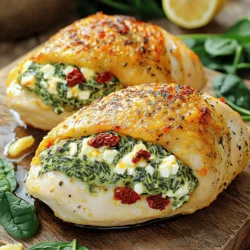 To make the savory spinach and feta stuffed chicken, you'll need these ingredients: - 4 boneless, skinless chicken breasts - 2 cups fresh spinach, finely chopped - 1 cup feta cheese, crumbled - 1/2 cup cream cheese, softened to room temperature - 1/4 cup sun-dried tomatoes, finely chopped - 2 cloves garlic, minced - 1 teaspoon dried oregano - 1 teaspoon fresh lemon zest - Salt and freshly cracked pepper to taste - Olive oil for drizzling - Toothpicks or kitchen twine for securing the chicken If you want to switch things up, here are some easy substitutes: - Use ricotta cheese instead of cream cheese for a lighter filling. - Swap spinach for kale if you prefer a different green. - Try goat cheese instead of feta for a tangy twist. - If you don’t have sun-dried tomatoes, you can use roasted red peppers instead. - For a dairy-free option, use a plant-based cream cheese and skip the feta. This dish is not only delicious but also packed with nutrients. Each serving contains: - Calories: 350 - Protein: 40g - Carbohydrates: 5g - Fat: 20g - Fiber: 1g - Sodium: 600mg When you make this spinach and feta stuffed chicken, you enjoy a meal rich in protein and flavor. You can find the full recipe in this article, so you can enjoy this delightful dish soon! Start with the chicken breasts. Use a sharp knife to cut a pocket in each breast. Be careful not to cut all the way through. This pocket will hold the filling. Rinse the chicken under cold water and pat it dry with paper towels. Season both sides with salt and pepper for added flavor. In a medium skillet, heat a drizzle of olive oil over medium heat. Add minced garlic and sauté for about 1 minute. Once the garlic is fragrant, stir in the chopped spinach and sun-dried tomatoes. Cook for 2-3 minutes until the spinach wilts. In a bowl, mix this spinach mixture with crumbled feta cheese, softened cream cheese, dried oregano, and lemon zest. Stir until smooth. This filling is rich and creamy. Heat a tablespoon of olive oil in an oven-safe skillet over medium-high heat. Place the stuffed chicken breasts in the skillet. Sear each side for about 3-4 minutes until golden brown. Once browned, transfer the skillet to a preheated oven at 375°F (190°C). Bake for 20-25 minutes or until the chicken reaches an internal temperature of 165°F (75°C). After baking, let the chicken rest for 5 minutes. Finally, remove the toothpicks or twine, then slice to show off the beautiful filling inside. For the full recipe, refer to the earlier section. Select chicken breasts that are plump and firm. Look for a pale, pink color. Avoid any that have a grayish hue or a slimy texture. Fresh chicken should feel moist but not wet. Organic or free-range options can offer better flavor and quality. Searing is key to flavor. Start with a hot skillet and a bit of olive oil. Place the chicken in the skillet and let it cook without moving it. This helps form a crust. Sear each side for 3-4 minutes. The chicken should be golden brown before you transfer it to the oven. Always preheat your oven to 375°F (190°C). This ensures even cooking. Use a meat thermometer to check for doneness. The internal temperature should reach 165°F (75°C). After cooking, let the chicken rest for 5 minutes. This helps retain juices and enhances flavor. For the full recipe, refer to the earlier section. {{image_4}} You can change the filling for a new taste. Try using ricotta cheese instead of feta. You can mix in roasted red peppers for a sweet kick. Mushrooms add a nice earthy flavor. For a twist, use cooked quinoa for added texture and protein. Each option brings its own delight. You can grill the stuffed chicken for a smoky flavor. Just make sure to seal the openings well. Grill each side for about 6-8 minutes. Slow cooking is a great choice too. Cook on low for 4-5 hours, and the chicken will be juicy and tender. Both methods make the dish unique. Add fresh herbs like basil or parsley for extra freshness. You can also sprinkle some red pepper flakes for heat. A dash of smoked paprika adds depth and warmth. Experimenting with these herbs and spices can give your dish a new twist. Enjoy the fun of mixing flavors! To keep your spinach and feta stuffed chicken fresh, first let it cool. Place any leftovers in an airtight container. Store it in the fridge for up to 3 days. Make sure to separate the stuffing from the chicken if you prefer. This helps keep the textures nice. When you are ready to enjoy the leftovers, preheat your oven to 350°F (175°C). Place the stuffed chicken in a baking dish. Add a splash of water or broth to keep it moist. Cover the dish with foil. Bake for about 15-20 minutes. You can also reheat in the microwave. Heat it on medium power for 2-3 minutes. Check to make sure it's hot throughout. You can freeze the stuffed chicken for longer storage. Wrap each piece tightly in plastic wrap, then place them in a freezer-safe bag. Remove as much air as possible. It will stay good for about 3 months. To thaw, place it in the fridge overnight before reheating. This method helps keep the chicken juicy and tasty. For best results, cook the chicken before freezing. You can find the Full Recipe [here]. Yes, you can prepare Spinach and Feta Stuffed Chicken ahead. Stuff the chicken and store it in the fridge for up to 24 hours. Just cover it well to keep it fresh. When ready to cook, take it out and let it sit for 15 minutes. This helps it cook evenly. This dish pairs well with many sides. Consider serving it with: - A light salad with mixed greens - Roasted vegetables like carrots and zucchini - Creamy mashed potatoes - Quinoa or rice for a hearty touch These options add color and flavor to your meal. If you have frozen stuffed chicken, it takes longer to cook. Preheat your oven to 375°F (190°C) and bake it for about 50-60 minutes. Always check that the center reaches 165°F (75°C). This ensures it's safe to eat. No, it is not safe to eat undercooked chicken. Eating chicken that is not fully cooked can lead to foodborne illnesses. Always make sure the internal temperature of the chicken is at least 165°F (75°C). This keeps you safe and healthy. For the full recipe, check the details above. In this post, we explored how to make delicious Spinach and Feta Stuffed Chicken. You learned about the ingredients, substitutions, and nutrition facts. We detailed each step, from prepping the chicken to cooking it to perfection. Plus, I shared tips on choosing chicken and variations to spice things up. Finally, we discussed how to store leftovers safely. Enjoy experimenting with this tasty dish and remember, cooking is all about having fun and being creative in the kitchen!
