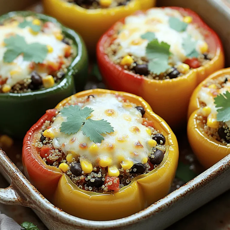 To make stuffed bell peppers with quinoa, you will need the following simple and fresh ingredients: - 4 large bell peppers - 1 cup quinoa - 2 cups vegetable broth - 1 can black beans - 1 cup corn - 1 small red onion - 2 cloves garlic - Spices: cumin, chili powder, smoked paprika - Salt and pepper - 1 cup diced tomatoes - 1 cup shredded cheese - Fresh herbs for garnish These ingredients create a flavorful, healthy meal that shines with color and taste. Choose bell peppers in your favorite colors. They add visual appeal and nutrition to your dish. Quinoa provides protein and a nice texture. Black beans and corn bring fiber and sweetness. The spices elevate the taste, making each bite a delight. When you gather these ingredients, you'll feel the excitement of cooking. Each item contributes to a delicious outcome. You can find the full recipe in the article to guide you through the process. - Preheat oven to 375°F (190°C) - Cut tops off and remove seeds from bell peppers Start by preheating your oven to 375°F (190°C). This step is key because it ensures even cooking. While the oven warms, grab your bell peppers. Cut off their tops and scoop out the seeds and membranes. This makes them ready for stuffing. Place them upside down in a baking dish. This lets any extra liquid drain out. - Boil vegetable broth - Add quinoa, simmer until liquid is absorbed Next, take a medium-sized pot and bring 2 cups of vegetable broth to a boil. The broth adds flavor to the quinoa. Once boiling, add 1 cup of rinsed quinoa. Lower the heat, cover the pot, and let it simmer for about 15 minutes. The liquid should absorb fully. After that, fluff the quinoa with a fork and set it aside. - Heat olive oil in skillet - Sauté onions and garlic until translucent Now, grab a large skillet. Heat a splash of olive oil over medium heat. Add the finely diced red onion and minced garlic. Sauté them for about 3-4 minutes. You want them translucent and fragrant. This step builds a great base for your filling. - Add black beans, corn, tomatoes, and spices - Mix with cooked quinoa and half the cheese In the same skillet, add the can of black beans and the cup of corn. Sprinkle in the diced tomatoes, ground cumin, chili powder, smoked paprika, salt, and pepper. Stir well and cook for another 5 minutes. This helps all the flavors blend together. Once done, combine this mixture with your cooked quinoa. Fold in half the shredded cheese, mixing thoroughly. - Fill bell peppers with mixture - Add water to baking dish and cover with foil Now it's time to stuff the peppers. Spoon the quinoa and vegetable mixture into each pepper. Pack the filling gently to fill them to the top. Then, add a small amount of water to the bottom of your baking dish. This creates steam while baking. Cover the dish tightly with aluminum foil. - Bake for 25-30 minutes - Uncover, add remaining cheese, and bake until bubbly Place the covered dish in the preheated oven. Bake for 25-30 minutes. After that, carefully remove the foil. Sprinkle the remaining cheese over the tops of the stuffed peppers. Return them to the oven for another 10 minutes. You want the cheese to melt and bubble. When done, let them cool for a few minutes before serving. Enjoy your delicious stuffed bell peppers with quinoa! For the full recipe, check out the details above. To make your stuffed peppers cook evenly, place them upside down in the baking dish. This trick helps excess liquid drain out. You can also adjust the spices to fit your taste. If you like heat, add more chili powder or cumin for a spicier kick. Rinsing your quinoa ahead of time can save you precious minutes. Quinoa can soak up dirt, so a quick rinse makes it cleaner and tastier. For even faster prep, consider using canned veggies. They cut down on chopping time and still taste great in the dish. Stuffed peppers are great on their own, but you can make them even better. Pair them with a fresh side salad or creamy avocado slices for a colorful plate. A dollop of sour cream or yogurt on top adds a nice touch. These ideas enhance the flavors and make your meal complete. For the full recipe, see above. {{image_4}} You can change the filling to fit your taste. Try these ideas: - Substitute quinoa with rice or couscous for a different texture. - Add extra veggies like zucchini or mushrooms for more flavor and color. These swaps keep the dish fresh and fun. You can even mix different grains for added taste. The key is to enjoy the process! Want to boost the protein? Here are some easy options: - Incorporate minced turkey or chicken for a heartier meal. - Use lentils to keep it plant-based while increasing protein content. These additions make the dish more filling and satisfying. You can adjust the spices based on what meat or lentils you use. If you have dietary needs, you can adjust the recipe: - Make it vegan by omitting cheese. Use a nut-based cheese if you still want creaminess. - Choose gluten-free grains and check all ingredients to ensure they are certified gluten-free. These changes allow everyone to enjoy stuffed peppers. You can easily adapt this recipe for any diet. For the full recipe, check the earlier sections. Store any leftovers in an airtight container. This keeps them fresh and tasty. It’s best to eat them within 3-4 days. This way, you enjoy the best flavor and texture. If you want to save them for later, wrap each stuffed pepper. You can use foil or plastic wrap. This helps prevent freezer burn. Freeze them for up to 3 months for the best quality. To reheat, you can use a microwave or an oven. Make sure to heat until they are warm all the way through. For added moisture, add a splash of water to the dish. This keeps your stuffed peppers juicy and delicious. Enjoy them again just like they were fresh from the oven! You can use rice, couscous, or a mix of grains. These options provide a similar texture and soak up flavors well. If you want a heartier dish, brown rice works great. It has a nutty taste that enhances the dish. Couscous cooks quicker and is light. It pairs nicely with the peppers. Yes, you can prepare the filling and stuff the peppers a day ahead. Store them in the fridge until you are ready to bake. This makes meal prep easier and saves time on busy days. When ready, just pop them in the oven. They will taste fresh and delicious. Baking covered with foil at first helps them cook through. This method traps steam, making the peppers soft. After about 25 minutes, you can remove the foil to brown the tops. This gives you that perfect mix of tenderness and a nice crust. Yes, you can cook them on low for 6-8 hours. Make sure to add extra liquid if needed. The slow cooker allows the flavors to blend beautifully. This method is great for busy days when you want a warm meal ready when you get home. Stuffed peppers are a fun and healthy dish. You learned how to prepare them, from ingredients to baking. Simple steps make it easy to create a meal full of flavor. You can customize them with different fillings and toppings. Plus, leftovers store well for future meals. Enjoy experimenting with your recipes and impressing others with tasty, stuffed peppers. They’re not just easy to make; they're also good for you! Dive in and make these peppers your own. Happy cooking!