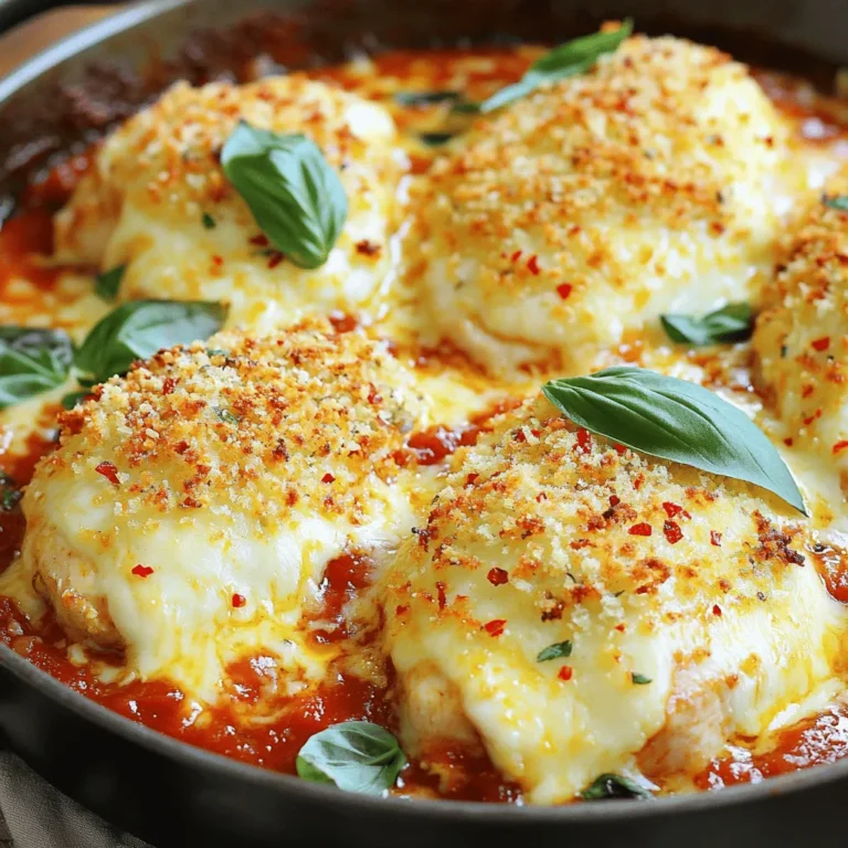 - 4 boneless, skinless chicken breasts - 1 cup marinara sauce - 1 cup shredded mozzarella cheese - 1/2 cup grated Parmesan cheese - 1 cup seasoned breadcrumbs - 1 teaspoon dried basil - 1 teaspoon dried oregano - 1 teaspoon garlic powder - 1/2 teaspoon red pepper flakes - 2 tablespoons olive oil - Salt and pepper to taste - Fresh basil leaves for garnish To make a great chicken Parmesan bake, you need some key items. Start with the main ingredients. First, grab four boneless, skinless chicken breasts. They form the base of your dish. Next, you will need one cup of marinara sauce. This adds rich flavor. You’ll also want one cup of shredded mozzarella cheese. It melts beautifully and gives that classic flavor. Don’t forget about half a cup of grated Parmesan cheese. It adds a nice, savory touch. Now, let’s talk about seasoning and coating. You will need one cup of seasoned breadcrumbs. These create a crunchy topping. Add one teaspoon of dried basil and one teaspoon of dried oregano. These herbs bring a fresh taste. You also need one teaspoon of garlic powder. It boosts the flavor even more. Lastly, consider the optional ingredients. If you like a bit of heat, add half a teaspoon of red pepper flakes. Two tablespoons of olive oil will help cook the chicken. Use salt and pepper to taste. Fresh basil leaves can be a lovely garnish. They add color and flavor to finish your dish beautifully. For the full recipe, check out the details above. Enjoy crafting your savory chicken Parmesan bake! - Preheat the oven to 375°F (190°C). - Season each chicken breast with salt, pepper, garlic powder, dried basil, and oregano. - Heat two tablespoons of olive oil in a large skillet over medium heat. - Sear the chicken breasts for about 4-5 minutes on each side until they turn golden brown. - Spread a generous layer of marinara sauce over each chicken breast. - Mix seasoned breadcrumbs, shredded mozzarella, and grated Parmesan cheese in a bowl. - If you like spice, add red pepper flakes to the mix. - Sprinkle the breadcrumb mixture evenly over the chicken. - Place the skillet in your preheated oven and bake for 25-30 minutes. - Check that the internal temperature of the chicken reaches 165°F (74°C). - Remove from the oven and let it sit for 5 minutes. - Garnish with fresh basil leaves before serving for extra flair. For the full recipe, visit the [Full Recipe]. To make your Chicken Parmesan Bake shine, focus on these key points: - Achieve a crispy topping: Use seasoned breadcrumbs mixed with cheese. This adds crunch and flavor. Make sure to cover the chicken evenly with the mixture. - Ensure chicken is cooked to the right temperature: Check the chicken with a meat thermometer. It should read 165°F (74°C). This keeps the meat safe and juicy. Serving your dish well can impress anyone. Here are some ideas: - Serve directly from the skillet: This looks rustic and inviting. It also keeps the dish warm for longer. - Garnish for a restaurant-quality finish: Add fresh basil leaves on top. This adds color and a nice aroma. Pairing the right sides makes your meal complete. Here are some tasty options: - Side dish recommendations: Serve your Chicken Parmesan Bake with spaghetti or a light salad. This adds balance to your meal. - Wine pairings to enhance the meal: A glass of Chianti works well. Its acidity matches the richness of the bake. For a full guide on making this dish, check out the Full Recipe. {{image_4}} You can make fun changes to your Chicken Parmesan Bake. First, try using different cheeses. Provolone or cheddar gives a unique twist. Each cheese melts differently and adds its own taste. You can also swap chicken for eggplant. This makes a great vegetarian dish. Just slice the eggplant and follow the same steps as with chicken. Want to amp up the flavor? Add olives or bell peppers to the mix. They bring a fresh taste and nice texture. You can also explore different seasoning combinations. Try mixing in some Italian herbs or a dash of paprika. This can turn your dish into a new favorite. There are several ways to prepare your Chicken Parmesan Bake. One option is to use a slow cooker. This method lets the flavors blend well and makes the chicken super tender. Just layer the ingredients and let it cook on low for a few hours. Another option is a one-pan oven-baked version. This saves time on cleanup and makes for a quick meal. You can find the full recipe to help you get started. To keep your Chicken Parmesan Bake fresh, place any leftovers in an airtight container. Store it in the refrigerator for up to three days. Make sure it cools down to room temperature before sealing. This helps avoid sogginess and keeps it tasty. You can freeze Chicken Parmesan Bake for future meals. Allow it to cool completely first. Then, wrap it tightly in plastic wrap and aluminum foil. It stays good in the freezer for about three months. When you're ready to eat, just thaw it overnight in the fridge before reheating. Reheating is key to enjoying your dish again. The best method is to use the oven. Preheat the oven to 350°F (175°C). Place the Chicken Parmesan Bake in a baking dish, cover it with foil, and heat for about 20-25 minutes. This keeps the top crispy and the chicken juicy. You can also use a microwave, but it may not keep that crunchy texture. For a quick meal, just try the microwave for 2-3 minutes on high, but be careful not to overheat it. Enjoy your meal! You can serve Chicken Parmesan Bake with several tasty sides. Here are some ideas: - Spaghetti with marinara sauce - Garlic bread for a crunchy bite - A fresh garden salad for a light touch - Roasted vegetables for added nutrients - Creamy mashed potatoes for comfort These sides enhance the meal's flavors and create a balanced plate. Pairing with a simple green salad offers a fresh contrast to the rich chicken and cheese. Yes, you can make Chicken Parmesan Bake ahead of time. Here are some tips: - Prepare the chicken and sauce in advance. - Assemble the dish but do not bake it. - Cover it tightly and store in the fridge for up to 24 hours. - When ready, bake it straight from the fridge. This saves time on busy days. If you want to freeze it, do so before baking. Wrap it tightly in foil and keep it frozen for up to three months. Thaw it in the fridge overnight before baking. To check if the chicken is fully cooked, use a meat thermometer. Insert it into the thickest part of the chicken. It should read 165°F (74°C). If you don't have a thermometer, cut into the chicken. The meat should be white, and the juices should run clear. If it's pink or the juices are red, cook it a bit longer. This ensures your chicken is safe and tasty. This Chicken Parmesan Bake is simple and tasty. We covered the main ingredients, like chicken, marinara, and cheese. You learned the steps to cook and assemble the dish. Tips on making it crispy and ways to garnish were included. Variations, such as cheese swaps and cooking methods, offer you more options. Finally, I shared storage tips to keep leftovers fresh. Enjoy creating this dish and share it with family and friends!