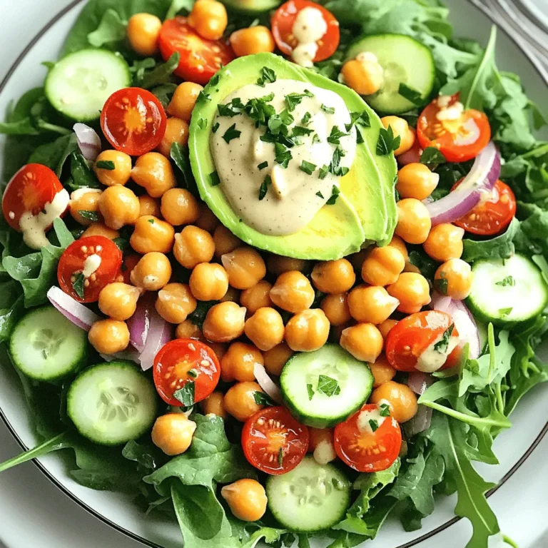 - Canned chickpeas - Extra-virgin olive oil - Spices and seasonings - Fresh vegetables Canned chickpeas are the star of this salad. They are quick and easy to use. Rinse them well to remove excess salt. Extra-virgin olive oil adds richness and helps crisp the chickpeas. Use spices like smoked paprika and garlic powder to give flavor. Fresh vegetables like mixed greens, cherry tomatoes, cucumber, and red onion bring color and crunch. Each adds a vibrant bite to your salad. - Avocado - Tahini dressing - Additional toppings Avocado is a creamy addition that enhances the salad's texture. You can also use tahini dressing for a nutty flavor. Feel free to add extra toppings like nuts or seeds for added crunch. These optional ingredients make the salad even better. - Caloric content - Macronutrient breakdown - Health benefits of chickpeas This salad is low in calories but high in nutrients. A serving has around 300 calories. Chickpeas offer protein and fiber, making you feel full. They also help with digestion. Plus, they are rich in vitamins and minerals, boosting your health. Enjoy this delicious and healthy salad knowing you are nourishing your body. For the full recipe, check out the Crispy Chickpea Delight Salad 🥗. 1. Preheating the oven Start by preheating your oven to 400°F (200°C). This step is key for achieving crispy chickpeas. 2. Drying the chickpeas Take your rinsed and drained chickpeas and spread them on a clean paper towel. Pat them dry gently. This helps remove moisture and makes them crispier. 3. Seasoning and roasting In a bowl, mix your dried chickpeas with olive oil, smoked paprika, garlic powder, sea salt, and pepper. Toss them well to coat. Spread the seasoned chickpeas on a baking sheet lined with parchment paper. Bake for 25-30 minutes. Shake the pan halfway through for even roasting. 1. Preparing fresh salad mix In a large bowl, combine mixed salad greens, halved cherry tomatoes, diced cucumber, and thinly sliced red onion. Toss them gently for a colorful base. 2. Making the tahini dressing In a small bowl, whisk tahini, lemon juice, and a splash of water until smooth. Adjust the water for your desired creaminess. 3. Combining all ingredients After the chickpeas bake to a golden brown, let them cool a bit. Add them to the salad bowl. Fold in the crispy chickpeas gently. Arrange avocado slices on top and drizzle with tahini dressing. Toss lightly to mix without mashing the avocado. - Presentation tips Serve the salad in a large, shallow bowl. This showcases the vibrant colors. Garnish with extra parsley or sesame seeds for a nice touch. - Best pairings with Crispy Chickpea Delight Salad Pair this salad with grilled chicken or quinoa for a hearty meal. It also goes well with a light soup or crusty bread. Enjoy the burst of flavors! To get the best crispy chickpeas, start by drying them well. Use a clean paper towel to pat them dry. This step is key! If they are wet, they will not crisp up in the oven. Next, roast them evenly. Spread the chickpeas in a single layer on your baking sheet. This helps them cook without steaming each other. Shake the pan halfway through cooking to ensure they roast evenly. Spices can change the whole dish! Try smoked paprika for warmth or cumin for a deeper taste. You can also mix in chili powder for some heat. Fresh herbs like parsley or cilantro add a bright touch. Chop them finely and sprinkle them in the salad. They will bring freshness and color to your meal. Want to make this salad more filling? Add protein! Grilled chicken, feta cheese, or boiled eggs work well. You can also add grains like quinoa or couscous for extra texture. These additions turn your salad from a side into a satisfying meal. Enjoy your Crisp Chickpea Delight Salad with these tips for a full experience. For the complete recipe, check the Full Recipe section. {{image_4}} You can add variety to your crispy chickpea salad with different dressings. Try a balsamic vinaigrette for a tangy kick. A lemon-olive oil mix adds brightness. You can also use a yogurt dressing for creaminess. Substituting vegetables can change the taste and texture. Try bell peppers for crunch and color. Shredded carrots add sweetness, while zucchini gives a fresh flair. You can mix and match to find your favorite combo. This salad is easy to make vegan. Just ensure your dressing is plant-based. For gluten-free options, use gluten-free grains like quinoa or rice. You can also skip the grains for a lighter dish. If you want lower-calorie substitutes, replace olive oil with a light spray of cooking oil. You can also use less tahini in the dressing. This keeps the flavor while cutting calories. In summer, use fresh corn and ripe tomatoes for sweetness. You can also add cucumbers for a refreshing crunch. In winter, roasted root vegetables like carrots or beets give warmth. Using fresh herbs makes a big difference. In summer, basil or cilantro adds brightness. In winter, try rosemary or thyme for a hearty flavor. These seasonal touches elevate your salad to new heights. For the full recipe, check out Crispy Chickpea Delight Salad. Store any leftover salad in an airtight container. This keeps it fresh longer. The salad stays good in the fridge for up to three days. However, the chickpeas may lose their crispiness over time. To reheat, use a toaster oven or regular oven. This helps keep the chickpeas crispy. Heat them at 350°F for about 5 to 10 minutes. If you don’t want to reheat, enjoy the salad cold. It still tastes great! You can freeze the salad, but it may change in texture. I recommend freezing only the chickpeas. For freezing cooked chickpeas, let them cool first. Spread them on a baking sheet and freeze until solid. Then, transfer them to a freezer bag. They will last up to three months in the freezer. Yes, you can use dried chickpeas. However, you must soak and cook them first. Soak them overnight in water. Then, boil them until tender, which may take 1-2 hours. Canned chickpeas save time and are ready to go! To add heat, mix in cayenne pepper or red chili flakes. You can also use spicy paprika instead of regular smoked paprika. Adjust the amount to your taste and enjoy the added kick in your salad! If you don’t have tahini, try peanut butter or almond butter. You can also use Greek yogurt for a creamy texture. Each option offers a different flavor but still pairs well with the salad. The salad stays fresh for about 2-3 days in the fridge. Keep the dressing separate until ready to eat. This way, the chickpeas remain crispy and the greens stay fresh. Yes, this salad is great for meal prep! Store the crispy chickpeas and salad separately in containers. This keeps everything fresh and tasty until you’re ready to enjoy your delicious meal. For the full recipe, visit the Crispy Chickpea Delight Salad section. In this blog post, we explored how to create a delightful crispy chickpea salad. We covered the main and optional ingredients, step-by-step instructions, tips for texture and flavor, and storage options. You can customize this salad to fit your tastes and dietary needs. Remember, chickpeas are not only tasty but also packed with nutrition. Enjoy experimenting with different flavors and toppings. With these tips, salad success is in your hands!