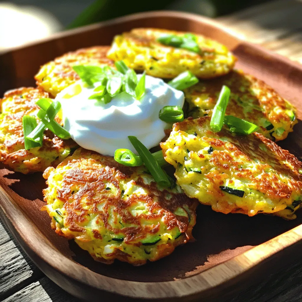 - 2 medium zucchinis - 1 teaspoon salt - 1/2 cup all-purpose flour - 1/4 cup grated Parmesan cheese - 2 large eggs - 1/4 teaspoon black pepper - 1/4 teaspoon garlic powder - 1/4 teaspoon cayenne pepper (optional) - 1/4 cup green onions - Olive oil for frying When selecting zucchini, look for firm, smooth skin. Avoid any with soft spots or blemishes. The best zucchinis are bright green and medium-sized. Smaller zucchinis tend to be sweeter and more tender. You can also feel for weight; heavier zucchinis are usually juicier. If possible, buy organic to avoid pesticides. To elevate your fritters, consider adding fresh herbs like dill or basil. You can also mix in chopped bell peppers or grated carrots for extra color and taste. For a cheesy boost, try adding feta or cheddar cheese. A squeeze of lemon juice can brighten the flavors, too. Experimenting with these ingredients lets you make the dish your own. For the full recipe, check out the detailed instructions and tips. Start by grating two medium zucchinis. I like using a box grater for even pieces. Once grated, place the zucchini in a large bowl. Add one teaspoon of salt to it. This salt helps draw out moisture from the zucchini. Let it sit for about 10 minutes. Afterward, grab a clean dish towel or cheesecloth. Wring out the zucchini to remove excess liquid. This step is key for crispy fritters. Once drained, transfer the zucchini to a new bowl. In the bowl with zucchini, add the following ingredients: - 1/2 cup all-purpose flour - 1/4 cup grated Parmesan cheese - 2 large eggs, beaten - 1/4 teaspoon black pepper - 1/4 teaspoon garlic powder - 1/4 teaspoon cayenne pepper (optional) - 1/4 cup green onions, finely chopped Mix all of these together very well. You want a thick mixture that holds together. If it feels too wet, add a bit more flour. This mixture is the heart of your fritters. It brings all the flavors together. Heat Levels: High vs. Medium For cooking, I recommend medium heat. This way, the fritters cook through without burning. High heat can lead to a crispy outside but a raw inside. Cooking Time for Crispy Texture Heat one tablespoon of olive oil in a non-stick skillet. Once it’s hot, use heaping tablespoons of the mixture. Shape them into small patties, about 1/2 inch thick. Place them in the skillet without crowding. Cook each fritter for about 3-4 minutes on each side. Look for a golden brown color for a perfect crisp. If they brown too fast, lower the heat. Once done, transfer fritters to a paper towel-lined plate to absorb extra oil. Continue cooking the rest, adding oil as needed. You want them warm and ready to serve. Check out the Full Recipe for more details. To get your zucchini fritters extra crispy, start by salting the grated zucchini. This step removes moisture. After ten minutes, wring out the zucchini with a towel. This helps the fritters stay dry and crispy. Next, use a good amount of oil in the pan. This ensures even cooking and a nice golden color. Finally, don’t overcrowd the pan. Leave space between the fritters for air to flow. One common mistake is not draining the zucchini enough. If too much water remains, the fritters can turn soggy. Also, be careful not to skip the salt when drawing moisture. Another issue is using too much flour. This can make the fritters heavy instead of light. Lastly, resist the urge to flip the fritters too soon. Wait until they are golden brown on one side before turning them. Yes, you can prep zucchini fritters ahead of time! Grate the zucchini and mix all ingredients except the oil. Store this mix in the fridge for up to 24 hours. When you’re ready to cook, heat the oil and fry them fresh. This way, you enjoy the best texture and taste. For easy serving, you can also freeze cooked fritters. Just reheat them in a skillet for a quick meal. Check out the Full Recipe for detailed steps! {{image_4}} You can transform your zucchini fritters by adding spices and herbs. A pinch of smoked paprika gives a nice depth. Try fresh herbs like dill or parsley for brightness. If you enjoy heat, add a bit more cayenne pepper. Each spice will change the flavor, making it fun to experiment. Think about what you love and go for it. If you need gluten-free fritters, swap the all-purpose flour for a gluten-free mix. Use almond flour or coconut flour for a different texture. These flours will work well with the zucchini. Be sure to check the mix for any extra ingredients. This way, you can enjoy a crispy fritter without gluten. Adding cheese can take your fritters up a notch. Try feta or cheddar for a delicious twist. You can also sneak in more veggies. Finely chopped spinach or bell peppers add color and nutrients. Just be careful not to add too much moisture. Each add-in changes the flavors and makes each batch unique. For the full recipe, see above. To keep your leftover fritters fresh, store them in an airtight container. Place a paper towel at the bottom to absorb moisture. This helps maintain their crispiness. Keep the container in the fridge and enjoy the fritters within three days. When you're ready to eat your leftovers, reheating is key. Use a skillet over medium heat. Add a bit of olive oil to the pan. Heat each fritter for about two to three minutes on each side. This method revives their crunchy texture. You can also use an air fryer for a few minutes at 350°F for a quick and crispy option. Freezing zucchini fritters is a great option. Start by letting them cool completely. Place parchment paper between each fritter to prevent sticking. Then, transfer them to a freezer-safe bag. You can freeze them for up to three months. When you’re ready to enjoy, thaw in the fridge overnight and reheat as mentioned above. For best results, do not freeze fritters that are already reheated. Use the full recipe for guidance on making fresh fritters before freezing. Yes, you can make zucchini fritters in advance. First, prepare the fritter mixture as stated in the recipe. Then, shape the fritters and place them on a baking sheet lined with parchment paper. Cover them and store them in the fridge for up to 24 hours. When you're ready to cook, just heat oil in the pan and fry them until golden brown. Zucchini fritters pair well with many sides. Here are some ideas: - Greek yogurt or sour cream for dipping - A fresh salad with lemon vinaigrette - A side of marinara sauce for a tangy twist - Sliced avocado for creaminess These options add flavor and make your meal more enjoyable. To make zucchini fritters without eggs, you can use flaxseed meal or chia seeds. Mix 1 tablespoon of flaxseed meal with 2.5 tablespoons of water. Let it sit for about 5 minutes until it becomes gel-like. This will help bind your fritters. You can also use mashed bananas or applesauce for a different taste. - Use flaxseed meal or chia seeds as mentioned. - Replace cheese with nutritional yeast for a cheesy flavor. - Use plant-based yogurt as a dip. These swaps keep your fritters tasty and plant-based. Yes, you can bake zucchini fritters. Preheat your oven to 400°F (200°C). Place the fritters on a baking sheet lined with parchment paper. Brush them lightly with olive oil. Bake for about 20 minutes, flipping halfway through. This method is healthier and still gives a nice texture. Zucchini fritters are simple to make and tasty. You need just a few ingredients and some easy steps. Choosing fresh zucchini gives you the best flavor. Remember to avoid common mistakes for nice, crispy fritters. You can also try different spices or add in your favorite veggies. Store leftovers well for later. Enjoy your cooking and experimenting! These fritters can be a fun dish for any meal or snack.