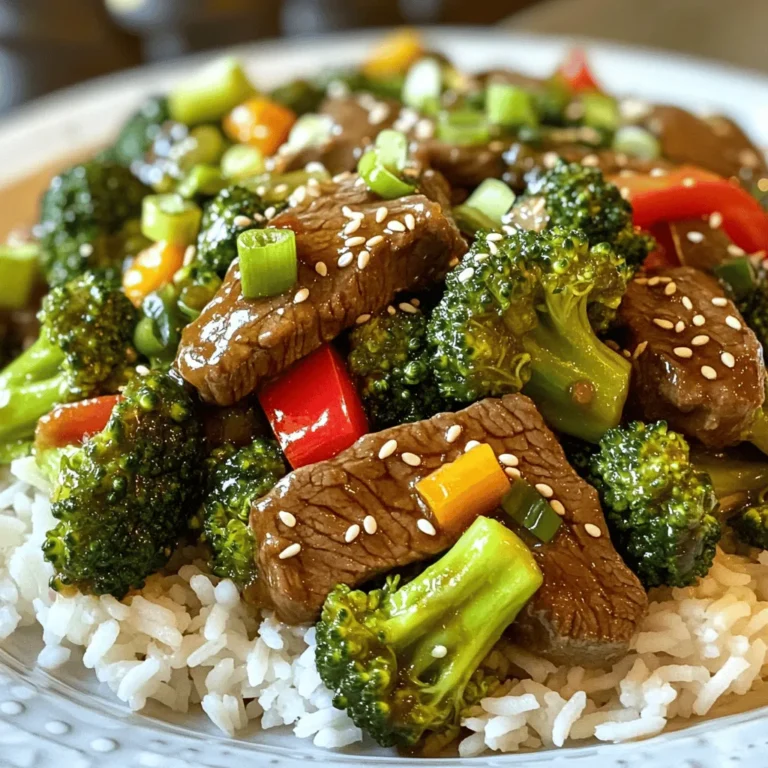 - 1 pound beef flank steak, thinly sliced against the grain - 3 cups fresh broccoli florets - 1 red bell pepper, thinly sliced - 1/4 cup low-sodium soy sauce - 2 tablespoons oyster sauce - 1 tablespoon cornstarch - 1 tablespoon sesame oil - 2 tablespoons vegetable oil (divided) - Sesame seeds and sliced green onions for garnish - Cooked jasmine rice for serving This dish shines with its fresh colors and flavors. The beef flank steak brings tenderness, while broccoli adds crunch. The red bell pepper offers a sweet note. For the sauces, low-sodium soy sauce keeps it savory without too much salt. Oyster sauce adds a rich depth. Cornstarch ensures a smooth, thick sauce that clings to the beef and veggies. A splash of sesame oil at the end gives a nutty aroma. Don't forget the vegetable oil! It helps in cooking at high heat. Garnish with sesame seeds and green onions for a beautiful finish. Serve it all atop warm jasmine rice for a complete meal. Check the full recipe for details on preparation! To start, you need to marinate the beef. Take 1 pound of thinly sliced flank steak and place it in a medium bowl. Add 1 tablespoon of cornstarch, half of the low-sodium soy sauce, and 1 tablespoon of vegetable oil. Mix it well to coat the beef. Let it sit for 15 minutes. This step makes the beef tender and boosts flavor. Next, prepare the broccoli. Boil water in a pot and add 3 cups of fresh broccoli florets. Blanch them for 2 minutes. This cooks the broccoli just enough to keep it bright green and slightly tender. After that, quickly transfer the florets to a bowl of ice water. This cools them down and helps maintain their color and crispness. Once cooled, drain the broccoli and set it aside. Now it's time to cook. Heat 1 tablespoon of vegetable oil in a large skillet or wok over medium-high heat. Add the marinated beef in a single layer. Let it sear for the first minute without stirring. Stir-fry for about 3 to 4 minutes until the beef is browned and cooked through. Remove the beef and set it aside. In the same skillet, add 3 cloves of minced garlic, 1 inch of grated ginger, and 1 thinly sliced red bell pepper. Stir-fry for 2 to 3 minutes. The bell pepper should be tender but still crisp. You will smell the garlic and ginger as they cook. Now, return the beef to the skillet. Add the blanched broccoli, the remaining soy sauce, and 2 tablespoons of oyster sauce. Stir everything well and cook for an additional 2 to 3 minutes. This lets the flavors blend together beautifully. Finally, drizzle 1 tablespoon of sesame oil over the stir-fry. Toss gently to combine all the ingredients. Remove from heat, and your savory beef and broccoli stir fry is ready to enjoy! You can find the full recipe for more details. To get the best beef stir-fry, slice the beef against the grain. This means cutting across the fibers. This method makes the beef tender. Aim for thin slices, about 1/4 inch thick. Cook the beef at a high temperature. This seals in the juices and keeps it tender. A hot wok or skillet works great. Heat it until you see a little smoke before adding the beef. To boost flavor, consider adding spices like black pepper or a pinch of red pepper flakes. Fresh herbs like cilantro can also add a nice touch. Try different sauces too! Instead of oyster sauce, use teriyaki or hoisin sauce for a fresh twist. You can even add a splash of rice vinegar for some tang. For serving, place the stir-fry over cooked jasmine rice. This adds a fluffy base to your dish. Garnish with sesame seeds and sliced green onions. This not only adds color but also gives a nice crunch. Remember, a well-plated dish makes food more appealing. Arrange your stir-fry neatly on the plate. This makes your meal inviting and fun to eat! Check out the Full Recipe for more tips. {{image_4}} You can swap beef for other proteins. Chicken, tofu, or shrimp works well. Each choice adds a unique taste. Adjust the cooking time based on your protein: - Chicken: Cook for about 5-7 minutes. - Tofu: Use firm tofu, and pan-fry until golden. - Shrimp: Cook for about 3-4 minutes until pink. Adding more veggies boosts flavor and nutrition. Here are some great ideas: - Carrots: Slice thinly for quick cooking. - Snap peas: Add them for a sweet crunch. - Seasonal vegetables: Try bell peppers in summer or squash in fall. Use what’s fresh for the best taste. You can easily make this dish fit different diets. To make it gluten-free, use tamari instead of soy sauce. For vegetarian or vegan options, replace beef with tofu or tempeh. This keeps the dish hearty and satisfying. To store leftovers safely, place them in an airtight container. This keeps out air and moisture. You can enjoy your stir fry for up to three days in the fridge. Just let it cool to room temperature before sealing. If you want to keep your stir fry longer, freezing is a great option. Portion it into freezer-safe bags. Squeeze out any extra air before sealing. It will stay fresh for up to three months. To reheat, take it out of the freezer and let it thaw in the fridge overnight. This helps keep the taste intact. For reheating, you can use either the microwave or stovetop. The microwave is quick, but it may make the beef tough. If you choose the stovetop, heat a pan over medium heat and add a splash of water or broth. This keeps the meat moist and flavorful. Stir gently until everything is hot. This method helps maintain the texture and flavor of your delicious beef and broccoli stir fry. What cuts of beef are best for stir fry? For stir fry, I recommend flank steak or sirloin. These cuts are tender and easy to slice. They cook quickly, which helps keep the beef juicy. Plus, slicing against the grain makes the meat even more tender. Can I make this recipe ahead of time? Yes, you can prepare this dish ahead of time. Marinate the beef and chop the veggies a day before. Store them in the fridge until you’re ready to cook. Just note that stir-fry tastes best when fresh. How to make this dish spicier? To add heat, include crushed red pepper flakes or sliced chili peppers. You can also use a spicy sauce like Sriracha. Start with a small amount, then taste and adjust to your liking. What to do if the sauce is too thick? If your sauce is too thick, add a splash of water or broth. Stir it in slowly until you reach the desired consistency. This keeps the dish saucy and flavorful without losing the taste. What pairs well with beef and broccoli stir fry? This stir fry pairs well with jasmine rice or noodles. You can also serve it with a side of spring rolls for a complete meal. A fresh salad adds a nice crunch, too. Can I use brown rice instead of jasmine rice? Absolutely! Brown rice is a great alternative. It adds more fiber and has a nutty flavor. Just remember that brown rice takes longer to cook, so plan accordingly. For the full recipe, check out the Beef & Broccoli Delight section. This blog post shared a simple beef and broccoli stir fry recipe. You learned about key ingredients, cooking techniques, and storage tips. I provided tips to enhance flavor and presentation. You also found variations for proteins and vegetables to meet your needs. Always remember, cooking is about creativity and fun. Don’t be afraid to try new things. Enjoy making this dish your own!