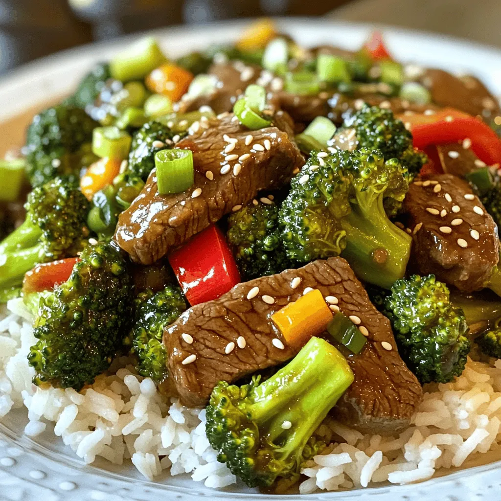 - 1 pound beef flank steak, thinly sliced against the grain - 3 cups fresh broccoli florets - 1 red bell pepper, thinly sliced - 1/4 cup low-sodium soy sauce - 2 tablespoons oyster sauce - 1 tablespoon cornstarch - 1 tablespoon sesame oil - 2 tablespoons vegetable oil (divided) - Sesame seeds and sliced green onions for garnish - Cooked jasmine rice for serving This dish shines with its fresh colors and flavors. The beef flank steak brings tenderness, while broccoli adds crunch. The red bell pepper offers a sweet note. For the sauces, low-sodium soy sauce keeps it savory without too much salt. Oyster sauce adds a rich depth. Cornstarch ensures a smooth, thick sauce that clings to the beef and veggies. A splash of sesame oil at the end gives a nutty aroma. Don't forget the vegetable oil! It helps in cooking at high heat. Garnish with sesame seeds and green onions for a beautiful finish. Serve it all atop warm jasmine rice for a complete meal. Check the full recipe for details on preparation! To start, you need to marinate the beef. Take 1 pound of thinly sliced flank steak and place it in a medium bowl. Add 1 tablespoon of cornstarch, half of the low-sodium soy sauce, and 1 tablespoon of vegetable oil. Mix it well to coat the beef. Let it sit for 15 minutes. This step makes the beef tender and boosts flavor. Next, prepare the broccoli. Boil water in a pot and add 3 cups of fresh broccoli florets. Blanch them for 2 minutes. This cooks the broccoli just enough to keep it bright green and slightly tender. After that, quickly transfer the florets to a bowl of ice water. This cools them down and helps maintain their color and crispness. Once cooled, drain the broccoli and set it aside. Now it's time to cook. Heat 1 tablespoon of vegetable oil in a large skillet or wok over medium-high heat. Add the marinated beef in a single layer. Let it sear for the first minute without stirring. Stir-fry for about 3 to 4 minutes until the beef is browned and cooked through. Remove the beef and set it aside. In the same skillet, add 3 cloves of minced garlic, 1 inch of grated ginger, and 1 thinly sliced red bell pepper. Stir-fry for 2 to 3 minutes. The bell pepper should be tender but still crisp. You will smell the garlic and ginger as they cook. Now, return the beef to the skillet. Add the blanched broccoli, the remaining soy sauce, and 2 tablespoons of oyster sauce. Stir everything well and cook for an additional 2 to 3 minutes. This lets the flavors blend together beautifully. Finally, drizzle 1 tablespoon of sesame oil over the stir-fry. Toss gently to combine all the ingredients. Remove from heat, and your savory beef and broccoli stir fry is ready to enjoy! You can find the full recipe for more details. To get the best beef stir-fry, slice the beef against the grain. This means cutting across the fibers. This method makes the beef tender. Aim for thin slices, about 1/4 inch thick. Cook the beef at a high temperature. This seals in the juices and keeps it tender. A hot wok or skillet works great. Heat it until you see a little smoke before adding the beef. To boost flavor, consider adding spices like black pepper or a pinch of red pepper flakes. Fresh herbs like cilantro can also add a nice touch. Try different sauces too! Instead of oyster sauce, use teriyaki or hoisin sauce for a fresh twist. You can even add a splash of rice vinegar for some tang. For serving, place the stir-fry over cooked jasmine rice. This adds a fluffy base to your dish. Garnish with sesame seeds and sliced green onions. This not only adds color but also gives a nice crunch. Remember, a well-plated dish makes food more appealing. Arrange your stir-fry neatly on the plate. This makes your meal inviting and fun to eat! Check out the Full Recipe for more tips. {{image_4}} You can swap beef for other proteins. Chicken, tofu, or shrimp works well. Each choice adds a unique taste. Adjust the cooking time based on your protein: - Chicken: Cook for about 5-7 minutes. - Tofu: Use firm tofu, and pan-fry until golden. - Shrimp: Cook for about 3-4 minutes until pink. Adding more veggies boosts flavor and nutrition. Here are some great ideas: - Carrots: Slice thinly for quick cooking. - Snap peas: Add them for a sweet crunch. - Seasonal vegetables: Try bell peppers in summer or squash in fall. Use what’s fresh for the best taste. You can easily make this dish fit different diets. To make it gluten-free, use tamari instead of soy sauce. For vegetarian or vegan options, replace beef with tofu or tempeh. This keeps the dish hearty and satisfying. To store leftovers safely, place them in an airtight container. This keeps out air and moisture. You can enjoy your stir fry for up to three days in the fridge. Just let it cool to room temperature before sealing. If you want to keep your stir fry longer, freezing is a great option. Portion it into freezer-safe bags. Squeeze out any extra air before sealing. It will stay fresh for up to three months. To reheat, take it out of the freezer and let it thaw in the fridge overnight. This helps keep the taste intact. For reheating, you can use either the microwave or stovetop. The microwave is quick, but it may make the beef tough. If you choose the stovetop, heat a pan over medium heat and add a splash of water or broth. This keeps the meat moist and flavorful. Stir gently until everything is hot. This method helps maintain the texture and flavor of your delicious beef and broccoli stir fry. What cuts of beef are best for stir fry? For stir fry, I recommend flank steak or sirloin. These cuts are tender and easy to slice. They cook quickly, which helps keep the beef juicy. Plus, slicing against the grain makes the meat even more tender. Can I make this recipe ahead of time? Yes, you can prepare this dish ahead of time. Marinate the beef and chop the veggies a day before. Store them in the fridge until you’re ready to cook. Just note that stir-fry tastes best when fresh. How to make this dish spicier? To add heat, include crushed red pepper flakes or sliced chili peppers. You can also use a spicy sauce like Sriracha. Start with a small amount, then taste and adjust to your liking. What to do if the sauce is too thick? If your sauce is too thick, add a splash of water or broth. Stir it in slowly until you reach the desired consistency. This keeps the dish saucy and flavorful without losing the taste. What pairs well with beef and broccoli stir fry? This stir fry pairs well with jasmine rice or noodles. You can also serve it with a side of spring rolls for a complete meal. A fresh salad adds a nice crunch, too. Can I use brown rice instead of jasmine rice? Absolutely! Brown rice is a great alternative. It adds more fiber and has a nutty flavor. Just remember that brown rice takes longer to cook, so plan accordingly. For the full recipe, check out the Beef & Broccoli Delight section. This blog post shared a simple beef and broccoli stir fry recipe. You learned about key ingredients, cooking techniques, and storage tips. I provided tips to enhance flavor and presentation. You also found variations for proteins and vegetables to meet your needs. Always remember, cooking is about creativity and fun. Don’t be afraid to try new things. Enjoy making this dish your own!
