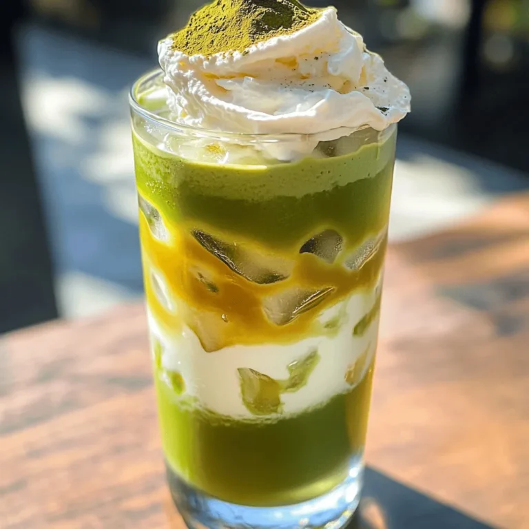 When making an iced matcha latte, choose the right ingredients. Here’s what you will need. - Matcha green tea powder: This is the star. It gives the drink its vibrant green color and rich flavor. - Milk options: You can use any milk you like. This includes dairy or plant-based options like almond or oat milk. - Sweeteners: Honey or maple syrup work well. Adjust the sweetness based on your taste. - Whipped coconut cream: This adds a creamy and fun touch to your drink. - Ice cubes: These keep your latte cold and refreshing. - Matcha powder for garnish: Sprinkle a little on top for extra flair and flavor. When you gather these ingredients, you will create a bright and tasty iced matcha latte. For the full recipe, check out the Full Recipe section. Enjoy your drink! 1. Start by sifting 2 teaspoons of matcha green tea powder into a small bowl. This helps remove clumps and gives a smooth latte. 2. Gradually mix in ½ cup of cold water. Use a matcha whisk or frother. Whisk in a zigzag motion until the matcha is dissolved and frothy. This takes about 1-2 minutes. 1. In another jar or glass, pour 1 cup of your chosen milk. Add 1 tablespoon of honey or maple syrup for sweetness. Stir well to combine. 2. Fill a tall glass with ice cubes. Pour the sweetened milk over the ice. This keeps your drink nice and cold. 3. Gently pour the whisked matcha on top of the milk. Aim for a layered effect. It looks great and tastes even better. 4. For an indulgent touch, add whipped coconut cream on top. If you like, sprinkle some matcha powder as a garnish. - Present your Chilled Zen Iced Matcha Latte in a tall glass. This enhances the look and shows off the layers. - Use a straw or spoon for serving. This allows guests to mix the flavors before sipping. The combination of sweet milk and rich matcha is delightful. For more detailed instructions, refer to the Full Recipe. To make your iced matcha latte taste great, start with the right sweetness. You can adjust the sweetness by adding more or less honey or maple syrup. I like to begin with one tablespoon and then taste it. If you want it sweeter, add a bit more. Choosing the best milk is key too. You can use dairy milk, almond milk, or oat milk. Each type gives a different flavor. I often choose oat milk for its creamy texture. It blends well with matcha and feels rich. Sifting your matcha green tea powder is very important. Sifting removes clumps and helps create a smooth drink. Always use a fine mesh strainer. This small step makes a big difference in your latte's texture. Next, whisking techniques matter. Use a matcha whisk or a frother. Whisk in a zigzag motion for about 1-2 minutes. This will help dissolve the matcha fully. You want it frothy and well mixed. Layering your latte makes it look stunning. Pour the sweetened milk first, then slowly add the whisked matcha on top. This creates a beautiful layered effect. It's fun to watch the colors blend. To add more flair, try garnishing with whipped coconut cream. It gives a nice touch and makes it feel special. You can also sprinkle a small amount of matcha powder on top. This adds a pop of color and style. Follow these tips for a perfect iced matcha latte. You’ll impress yourself and your guests. For the full recipe, check out the Chilled Zen Iced Matcha Latte. {{image_4}} You can easily add new flavors to your iced matcha latte. Two popular choices are vanilla and almond extract. Just a drop or two can change the whole drink. Chocolate or fruit syrups also work great. They add sweetness and a fun twist. Mix and match to find your favorite flavor. If you want a dairy-free version, try different plant-based milks. Options like almond, oat, or coconut milk are popular choices. Each brings its own taste to the drink. Nut or seed milks, like cashew or hemp, also make great substitutes. They offer unique flavors and textures. Want to boost your iced matcha latte? Adding protein powder is a simple option. It makes the drink more filling and nutritious. You can also mix in superfoods like chia or spirulina. These ingredients add healthy benefits without changing the taste much. They help you feel good while enjoying your drink. For a complete guide and recipe, check the Full Recipe. To store your iced matcha latte, use an airtight container. Place it in the fridge. It’s best to drink it within one day for fresh taste. If you want to keep it cool, add ice just before drinking. Avoid adding ice to the container. This prevents water from diluting the flavor. Best practices for keeping it fresh: - Store in an airtight container. - Keep in the fridge. - Drink within one day. - Add ice only when ready to serve. If you have extra matcha powder, store it in a cool, dry place. Keep it in a dark, airtight container. This way, it will stay fresh for a long time. Keeping milk fresh: - Store leftover milk in the fridge. - Use within a week for best taste. - Seal the container tightly to keep it fresh. By following these tips, you can enjoy your iced matcha latte even after the first glass! The best matcha for lattes is ceremonial grade. This type has a bright green color and a smooth flavor. It comes from young tea leaves. You can also find culinary grade matcha, which is good for baking or cooking. To find high-quality matcha, look for brands that provide clear sourcing. Check for vibrant color and fine texture. Freshness is key, so buy from trusted sellers. To make your iced matcha latte vegan, swap dairy for plant milk. Almond, oat, or coconut milk work well. These options add unique flavors and creaminess. For sweeteners, use maple syrup or agave nectar. These vegan options mix well and add sweetness without dairy. Adjust the amount to fit your taste. You can use a blender to make matcha, but there are pros and cons. A blender mixes well, but it might create bubbles. This can change the texture of your drink. If you choose to blend, start with cold water and matcha. Blend on low speed to avoid too many bubbles. This method is quick and easy, great for busy mornings. The iced matcha latte is a refreshing drink that combines vibrant matcha powder with your choice of milk and sweeteners. I shared key steps for preparation, serving, and storage, along with tips for flavor and presentation. You can customize your drink with fun variations and health boosts. Remember to enjoy experimenting with different ingredients. A homemade iced matcha latte can be simple, tasty, and rewarding. Grab your matcha, and start crafting your perfect drink today!