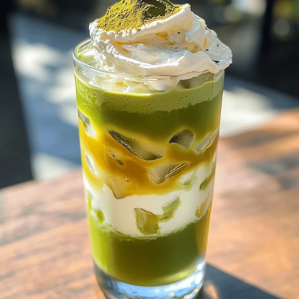 When making an iced matcha latte, choose the right ingredients. Here’s what you will need. - Matcha green tea powder: This is the star. It gives the drink its vibrant green color and rich flavor. - Milk options: You can use any milk you like. This includes dairy or plant-based options like almond or oat milk. - Sweeteners: Honey or maple syrup work well. Adjust the sweetness based on your taste. - Whipped coconut cream: This adds a creamy and fun touch to your drink. - Ice cubes: These keep your latte cold and refreshing. - Matcha powder for garnish: Sprinkle a little on top for extra flair and flavor. When you gather these ingredients, you will create a bright and tasty iced matcha latte. For the full recipe, check out the Full Recipe section. Enjoy your drink! 1. Start by sifting 2 teaspoons of matcha green tea powder into a small bowl. This helps remove clumps and gives a smooth latte. 2. Gradually mix in ½ cup of cold water. Use a matcha whisk or frother. Whisk in a zigzag motion until the matcha is dissolved and frothy. This takes about 1-2 minutes. 1. In another jar or glass, pour 1 cup of your chosen milk. Add 1 tablespoon of honey or maple syrup for sweetness. Stir well to combine. 2. Fill a tall glass with ice cubes. Pour the sweetened milk over the ice. This keeps your drink nice and cold. 3. Gently pour the whisked matcha on top of the milk. Aim for a layered effect. It looks great and tastes even better. 4. For an indulgent touch, add whipped coconut cream on top. If you like, sprinkle some matcha powder as a garnish. - Present your Chilled Zen Iced Matcha Latte in a tall glass. This enhances the look and shows off the layers. - Use a straw or spoon for serving. This allows guests to mix the flavors before sipping. The combination of sweet milk and rich matcha is delightful. For more detailed instructions, refer to the Full Recipe. To make your iced matcha latte taste great, start with the right sweetness. You can adjust the sweetness by adding more or less honey or maple syrup. I like to begin with one tablespoon and then taste it. If you want it sweeter, add a bit more. Choosing the best milk is key too. You can use dairy milk, almond milk, or oat milk. Each type gives a different flavor. I often choose oat milk for its creamy texture. It blends well with matcha and feels rich. Sifting your matcha green tea powder is very important. Sifting removes clumps and helps create a smooth drink. Always use a fine mesh strainer. This small step makes a big difference in your latte's texture. Next, whisking techniques matter. Use a matcha whisk or a frother. Whisk in a zigzag motion for about 1-2 minutes. This will help dissolve the matcha fully. You want it frothy and well mixed. Layering your latte makes it look stunning. Pour the sweetened milk first, then slowly add the whisked matcha on top. This creates a beautiful layered effect. It's fun to watch the colors blend. To add more flair, try garnishing with whipped coconut cream. It gives a nice touch and makes it feel special. You can also sprinkle a small amount of matcha powder on top. This adds a pop of color and style. Follow these tips for a perfect iced matcha latte. You’ll impress yourself and your guests. For the full recipe, check out the Chilled Zen Iced Matcha Latte. {{image_4}} You can easily add new flavors to your iced matcha latte. Two popular choices are vanilla and almond extract. Just a drop or two can change the whole drink. Chocolate or fruit syrups also work great. They add sweetness and a fun twist. Mix and match to find your favorite flavor. If you want a dairy-free version, try different plant-based milks. Options like almond, oat, or coconut milk are popular choices. Each brings its own taste to the drink. Nut or seed milks, like cashew or hemp, also make great substitutes. They offer unique flavors and textures. Want to boost your iced matcha latte? Adding protein powder is a simple option. It makes the drink more filling and nutritious. You can also mix in superfoods like chia or spirulina. These ingredients add healthy benefits without changing the taste much. They help you feel good while enjoying your drink. For a complete guide and recipe, check the Full Recipe. To store your iced matcha latte, use an airtight container. Place it in the fridge. It’s best to drink it within one day for fresh taste. If you want to keep it cool, add ice just before drinking. Avoid adding ice to the container. This prevents water from diluting the flavor. Best practices for keeping it fresh: - Store in an airtight container. - Keep in the fridge. - Drink within one day. - Add ice only when ready to serve. If you have extra matcha powder, store it in a cool, dry place. Keep it in a dark, airtight container. This way, it will stay fresh for a long time. Keeping milk fresh: - Store leftover milk in the fridge. - Use within a week for best taste. - Seal the container tightly to keep it fresh. By following these tips, you can enjoy your iced matcha latte even after the first glass! The best matcha for lattes is ceremonial grade. This type has a bright green color and a smooth flavor. It comes from young tea leaves. You can also find culinary grade matcha, which is good for baking or cooking. To find high-quality matcha, look for brands that provide clear sourcing. Check for vibrant color and fine texture. Freshness is key, so buy from trusted sellers. To make your iced matcha latte vegan, swap dairy for plant milk. Almond, oat, or coconut milk work well. These options add unique flavors and creaminess. For sweeteners, use maple syrup or agave nectar. These vegan options mix well and add sweetness without dairy. Adjust the amount to fit your taste. You can use a blender to make matcha, but there are pros and cons. A blender mixes well, but it might create bubbles. This can change the texture of your drink. If you choose to blend, start with cold water and matcha. Blend on low speed to avoid too many bubbles. This method is quick and easy, great for busy mornings. The iced matcha latte is a refreshing drink that combines vibrant matcha powder with your choice of milk and sweeteners. I shared key steps for preparation, serving, and storage, along with tips for flavor and presentation. You can customize your drink with fun variations and health boosts. Remember to enjoy experimenting with different ingredients. A homemade iced matcha latte can be simple, tasty, and rewarding. Grab your matcha, and start crafting your perfect drink today!