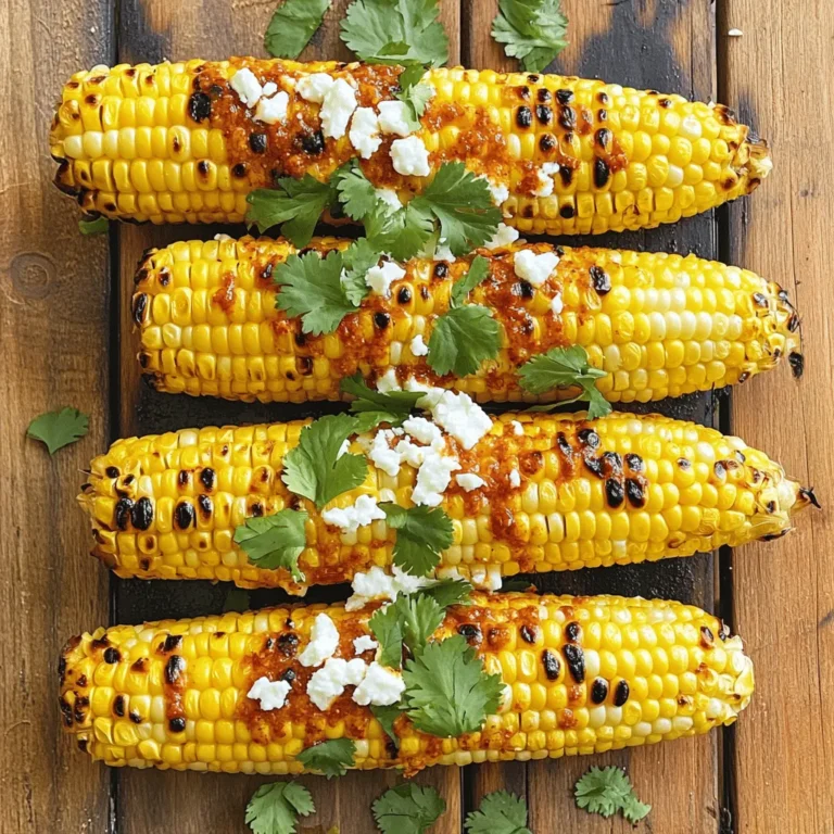 To create the perfect Chili Lime Grilled Corn, you need fresh and simple ingredients. Here’s what you will need: - 4 ears of fresh corn, husked - 2 tablespoons extra virgin olive oil - 1 teaspoon chili powder - 1/2 teaspoon smoked paprika - 1/2 teaspoon garlic powder - Salt and freshly ground black pepper to taste - 2 tablespoons freshly squeezed lime juice - 1/2 cup crumbled feta cheese (optional) - Fresh cilantro or parsley sprigs for garnish Each ingredient plays a vital role in building flavor. The fresh corn gives a sweet crunch. Extra virgin olive oil adds richness. Chili powder and smoked paprika contribute a nice kick and depth. Garlic powder enhances the overall taste without overpowering it. Salt and pepper balance the flavors perfectly. The lime juice adds zest and brightness, making the dish pop. If you want to elevate your dish, consider using feta cheese. It brings creaminess and saltiness that pairs well with the corn. Fresh cilantro or parsley sprigs add a touch of color and freshness. For the Full Recipe, make sure to follow the instructions closely. You’ll enjoy every bite of this tasty BBQ delight! Preheat your grill to medium-high heat. Aim for around 375°F to 450°F. This heat ensures the corn cooks well and gets those lovely grill marks. Start by husking the corn. Remove all the green husks and silk strands. Once done, rinse the corn under cold water. Shake off excess moisture. This step cleans the corn and gets it ready for grilling. In a small bowl, whisk together olive oil, chili powder, smoked paprika, garlic powder, salt, and black pepper. This mix creates a vibrant marinade that adds tons of flavor. Use a basting brush to coat each ear of corn with the marinade. Make sure every side is covered. Now, place the corn directly on the hot grill grates. Grill for about 10 to 12 minutes. Turn the corn every few minutes. This helps it cook evenly and adds nice char marks. When the corn is golden brown and has grill marks, take it off the grill. Drizzle fresh lime juice over it for a zesty kick. If you like, sprinkle crumbled feta cheese on top. Garnish with fresh cilantro or parsley to make it look pretty. This simple process transforms corn into a flavorful BBQ delight. For the complete recipe, check out the Full Recipe link! To get the best grilled corn, follow these tips: - Choose fresh corn: Look for firm, green husks. The kernels should feel plump. - Preheat the grill: Set it to medium-high heat, around 375°F to 450°F. - Turn the corn often: This ensures even cooking and gives nice char marks. - Watch for color: The corn should turn golden brown and have visible grill marks. Marinating corn adds depth to its flavor. Here’s how to do it well: - Use enough marinade: Coat the corn completely with the chili mix. - Let it sit: Allow the corn to marinate for at least 15 minutes. This helps the flavors soak in. - Try different spices: Feel free to add herbs or other spices to your marinade for variety. Serving your corn well makes it even more tempting. Consider these ideas: - Presentation matters: Arrange the corn on a rustic wooden board or colorful platter. - Add lime wedges: Place lime wedges on the side for a fresh touch. - Garnish creatively: Sprinkle crumbled feta cheese and cilantro for added color and taste. For the full recipe, check out the details above. Enjoy your delicious Chili Lime Grilled Corn! {{image_4}} If you love heat, try adding cayenne pepper or hot sauce to the marinade. Start with a pinch of cayenne, and adjust to your taste. This small change adds a fiery kick that pairs well with the lime. You can also brush some hot sauce on the corn after grilling for extra flavor. For a vegan twist, replace feta cheese with a dairy-free cheese alternative. You can also use avocado oil instead of olive oil. This keeps the dish rich and tasty while being plant-based. Fresh herbs like basil or mint can also brighten the dish without dairy. Feel free to swap herbs and spices for unique flavors. Try cilantro instead of parsley for a fresher taste. You can use smoked paprika for a deeper flavor or add cumin for a warm, earthy note. Each swap changes the dish's character, making it fun to experiment. For the full recipe, you can refer to the main article. Enjoy your culinary journey! To keep grilled corn fresh, let it cool first. Wrap each ear in plastic wrap or foil. Store it in the fridge. It stays good for about three days. If you want to save it longer, consider freezing. When reheating grilled corn, the microwave works well. Just place it on a microwave-safe plate. Heat for about 30 seconds. Check if it’s warm enough. For the best texture, you can also use a grill or skillet. Heat it on low for a few minutes. This keeps the corn juicy and flavorful. To freeze grilled corn, let it cool completely. Cut the kernels off the cob for easier storage. Place them in an airtight container or a freezer bag. Remove as much air as possible. Label the bag with the date. The corn can stay in the freezer for up to six months. When you're ready to use it, thaw it in the fridge overnight before reheating. Enjoy your delicious flavors from the Chili Lime Grilled Corn! For the full recipe, check above. Yes, you can! Preheat your oven to 400°F. Place the husked corn on a baking sheet. Brush it with the chili marinade. Roast the corn for about 20-25 minutes, turning it halfway. This way, you still get that delicious flavor. You can store grilled corn in the fridge for up to three days. Place it in an airtight container. This keeps it fresh and tasty for your next meal. Frozen corn works, but fresh is better. If using frozen, thaw it first. Drain any excess water before adding the marinade so it sticks well. Grilled corn goes great with: - Black bean salad - Coleslaw - Grilled meats like chicken or steak - Rice dishes These sides complement the corn’s bold flavors. To sweeten corn, soak it in water for 30 minutes. This adds moisture and enhances sweetness. You can also sprinkle a bit of sugar on top before grilling for extra sweetness. For the full recipe, check out the Chili Lime Grilled Corn instructions. This blog post covered how to grill corn with a zesty chili lime twist. We discussed ingredients, prep steps, and grilling techniques. I shared tips for perfect grilling and serving. Variations allow you to customize this dish to your taste. Remember to store leftovers properly for later enjoyment. Whether you enjoy it spicy, vegan, or with unique herbs, grilled corn is a versatile treat. Experiment, have fun, and make it your own!