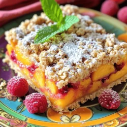 To make these Peach Raspberry Oat Bars, you need simple and wholesome ingredients. Each one plays a key role in flavor and texture. Here’s what you need: - 2 cups rolled oats - 1 cup almond flour - 1/2 cup brown sugar, lightly packed - 1/2 teaspoon salt - 1/2 teaspoon ground cinnamon - 1/2 cup coconut oil, melted - 1/4 cup honey or maple syrup - 1 teaspoon pure vanilla extract - 2 large ripe peaches, diced - 1 cup fresh raspberries - 1 tablespoon lemon juice - Optional: 1/4 cup chopped nuts (such as walnuts or pecans) Each ingredient contributes to the bars' health and taste. The rolled oats provide fiber and a chewy base. Almond flour adds protein and richness. Brown sugar offers sweetness without being too overpowering. Coconut oil gives moisture and a subtle flavor. Honey or maple syrup sweetens while keeping it natural. The fresh fruits add juicy bursts and a beautiful color. You can mix in nuts for crunch, but it’s not a must. Using fresh, ripe peaches and raspberries makes the bars even more delicious. The lemon juice brightens the fruit flavors. For the full recipe, refer to the main section in the article. Enjoy making these tasty and healthy treats! Start by preheating your oven to 350°F (175°C). Grab an 8x8 inch baking dish. Line it with parchment paper. Leave some paper hanging over the edges. This will help you lift out the bars later. In a large bowl, combine the following: - 2 cups rolled oats - 1 cup almond flour - 1/2 cup brown sugar, lightly packed - 1/2 teaspoon salt - 1/2 teaspoon ground cinnamon Stir these ingredients together. Make sure they mix well. This step adds flavor and texture to the bars. In a different bowl, whisk together: - 1/2 cup coconut oil, melted - 1/4 cup honey or maple syrup - 1 teaspoon pure vanilla extract Mix them until smooth. This blend adds moisture and sweetness to your bars. Now, pour the wet mixture into the dry bowl. Stir everything together until it combines well. You want a crumbly texture that holds together when pressed. This will be your base and topping. In another bowl, gently mix: - 2 large ripe peaches, diced - 1 cup fresh raspberries - 1 tablespoon lemon juice - Optional: 1/4 cup chopped nuts Toss these ingredients carefully. Make sure the fruit stays intact. This fruit filling adds freshness and flavor. Take 1 cup of the oat mixture and set it aside for topping. Press the rest into the bottom of your prepared baking dish. Spread the fruit mixture evenly over the top. Crumble the reserved oat mix over the fruit. Bake for 25-30 minutes until the top is golden brown. Let the bars cool for at least 30 minutes before cutting. Enjoy your Peach Raspberry Oat Bars! For more details, check the Full Recipe. To keep your Peach Raspberry Oat Bars fresh, store them in an airtight container. They stay good at room temperature for 2-3 days. For longer storage, put them in the fridge for up to a week. You can also freeze the bars for up to three months. Just wrap them tightly in plastic wrap, then put them in a freezer bag. When you want to enjoy them, thaw at room temperature. These bars make a great snack or dessert. Serve them warm or at room temperature. For a fun twist, top them with a scoop of vanilla ice cream. Add a dollop of yogurt for extra creaminess. You can also sprinkle some chopped nuts on top for added crunch. Feel free to get creative with the recipe. You can swap peaches and raspberries for other fruits like blueberries or strawberries. Try adding spices like nutmeg or ginger for a new flavor. If you want to make them vegan, just use maple syrup and coconut oil. You can also add seeds or dried fruits for different textures. For a nut-free option, skip the nuts altogether or use sunflower seeds. For the full recipe, check the section above. {{image_4}} Each serving of Peach Raspberry Oat Bars has about 180 calories. This number may vary based on your ingredients. Here’s a simple breakdown: - Rolled oats: 70 calories - Almond flour: 50 calories - Brown sugar: 20 calories - Coconut oil: 40 calories These bars provide a good mix of carbs, healthy fats, and some protein. They make a great snack or dessert. These bars are not just tasty; they are good for you too! Here are some benefits: - Rolled oats: They are high in fiber, which helps digestion. - Almond flour: It contains healthy fats and protein. It’s also gluten-free. - Peaches: These fruits are low in calories and rich in vitamins. - Raspberries: They are full of antioxidants and vitamins. Plus, they add fiber. - Honey or maple syrup: These natural sweeteners provide energy without refined sugars. Eating these bars gives you a mix of nutrients that support your health. You can easily boost the nutrition in your Peach Raspberry Oat Bars. Here are some tips: - Use less sugar: Cut down on brown sugar or use a sugar substitute. - Add seeds: Chia seeds or flaxseeds can add more fiber and omega-3s. - Swap oils: Use apple sauce or Greek yogurt instead of coconut oil for less fat. - Include nuts: Add walnuts or pecans for extra protein and crunch. These changes can help make your bars even healthier while keeping them delicious. To make Peach Raspberry Oat Bars, follow these steps closely. Start by preheating your oven to 350°F (175°C). Line an 8x8 inch baking dish with parchment paper. Next, mix your dry and wet ingredients in separate bowls. Combine them and press part of the mix into the dish for the base. Prepare your fruit filling and spread it on top. Crumble the reserved oat mixture over the fruit. Finally, bake for 25 to 30 minutes. Let them cool before cutting into bars. Here’s what you need to gather for this recipe: - 2 cups rolled oats - 1 cup almond flour - 1/2 cup brown sugar, lightly packed - 1/2 teaspoon salt - 1/2 teaspoon ground cinnamon - 1/2 cup coconut oil, melted - 1/4 cup honey or maple syrup - 1 teaspoon pure vanilla extract - 2 large ripe peaches, diced - 1 cup fresh raspberries - 1 tablespoon lemon juice - Optional: 1/4 cup chopped nuts (such as walnuts or pecans) Prep time is just 15 minutes, and total time is 1 hour. This recipe makes 12 bars, perfect for sharing or enjoying throughout the week. Each bite is a mix of sweet peaches and tart raspberries, all wrapped in a hearty oat crust. Enjoy these healthy treats as a snack or dessert! Yes, you can. You can use oat flour or all-purpose flour instead. Both will work well in this recipe. Oat flour keeps the bars gluten-free. All-purpose flour offers a softer texture. Just remember, each flour brings its own flavor and texture. Look for a golden brown color on top. The edges will also pull away from the sides. You can also test them by inserting a toothpick. If it comes out clean, your bars are ready. Absolutely! These bars freeze well. Just cut them into pieces and wrap each piece tightly in plastic wrap. Store them in a freezer bag. They will stay fresh for up to three months. When you're ready to eat, let them thaw in the fridge overnight. You can mix and match fruits! Try blueberries, strawberries, or even chopped apples. Each fruit gives a new twist to the bars. Feel free to experiment with seasonal fruits for the best taste. To keep your bars from crumbling, make sure to press the oat mixture firmly in the pan. Also, use enough coconut oil or honey to bind everything together. If the mixture feels too dry, add a bit more honey or oil. You’ve learned about the tasty Peach Raspberry Oat Bars. We covered the key ingredients and how to mix and bake them step by step. Remember to store them well and try different fruits for fun. These bars are not just good to eat; they are also good for you. Use what you learned here to impress your friends and family with your new baking skills. Enjoy making your own delicious treats anytime!