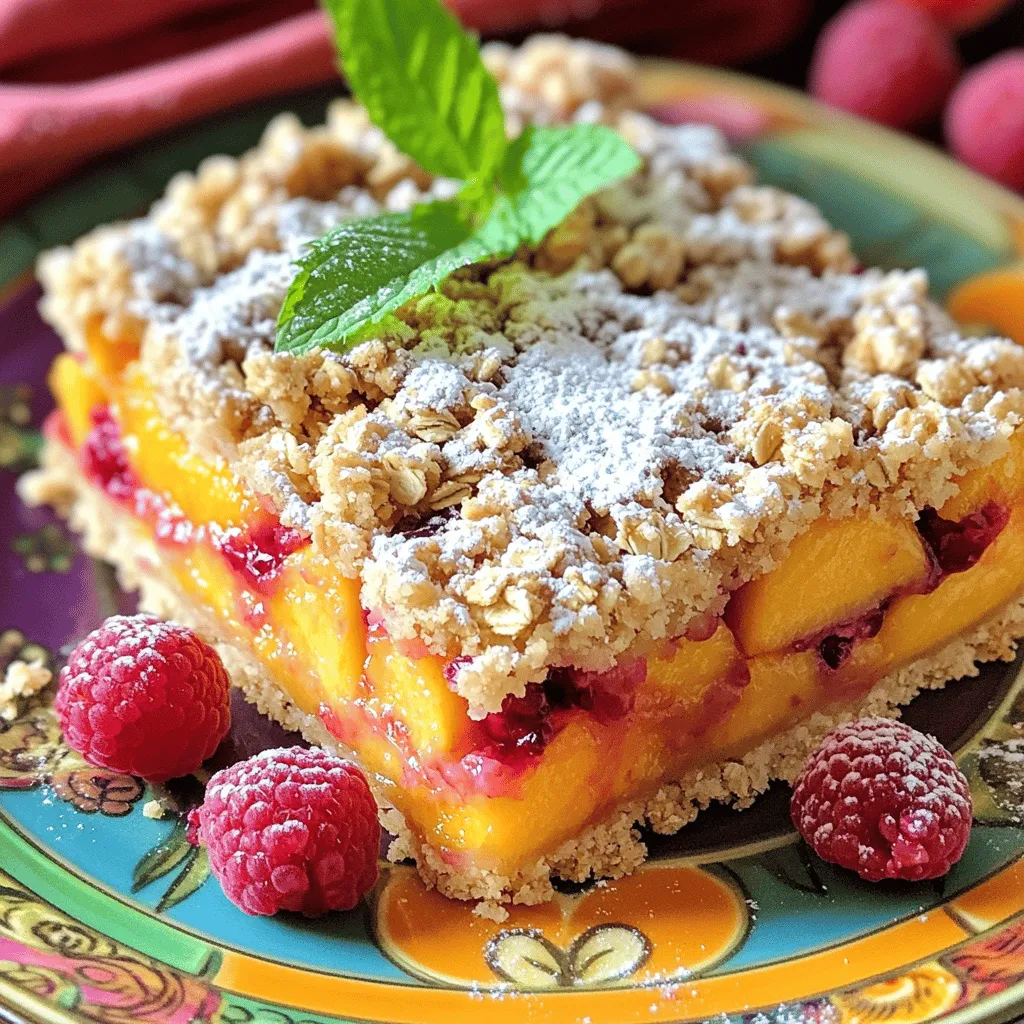 To make these Peach Raspberry Oat Bars, you need simple and wholesome ingredients. Each one plays a key role in flavor and texture. Here’s what you need: - 2 cups rolled oats - 1 cup almond flour - 1/2 cup brown sugar, lightly packed - 1/2 teaspoon salt - 1/2 teaspoon ground cinnamon - 1/2 cup coconut oil, melted - 1/4 cup honey or maple syrup - 1 teaspoon pure vanilla extract - 2 large ripe peaches, diced - 1 cup fresh raspberries - 1 tablespoon lemon juice - Optional: 1/4 cup chopped nuts (such as walnuts or pecans) Each ingredient contributes to the bars' health and taste. The rolled oats provide fiber and a chewy base. Almond flour adds protein and richness. Brown sugar offers sweetness without being too overpowering. Coconut oil gives moisture and a subtle flavor. Honey or maple syrup sweetens while keeping it natural. The fresh fruits add juicy bursts and a beautiful color. You can mix in nuts for crunch, but it’s not a must. Using fresh, ripe peaches and raspberries makes the bars even more delicious. The lemon juice brightens the fruit flavors. For the full recipe, refer to the main section in the article. Enjoy making these tasty and healthy treats! Start by preheating your oven to 350°F (175°C). Grab an 8x8 inch baking dish. Line it with parchment paper. Leave some paper hanging over the edges. This will help you lift out the bars later. In a large bowl, combine the following: - 2 cups rolled oats - 1 cup almond flour - 1/2 cup brown sugar, lightly packed - 1/2 teaspoon salt - 1/2 teaspoon ground cinnamon Stir these ingredients together. Make sure they mix well. This step adds flavor and texture to the bars. In a different bowl, whisk together: - 1/2 cup coconut oil, melted - 1/4 cup honey or maple syrup - 1 teaspoon pure vanilla extract Mix them until smooth. This blend adds moisture and sweetness to your bars. Now, pour the wet mixture into the dry bowl. Stir everything together until it combines well. You want a crumbly texture that holds together when pressed. This will be your base and topping. In another bowl, gently mix: - 2 large ripe peaches, diced - 1 cup fresh raspberries - 1 tablespoon lemon juice - Optional: 1/4 cup chopped nuts Toss these ingredients carefully. Make sure the fruit stays intact. This fruit filling adds freshness and flavor. Take 1 cup of the oat mixture and set it aside for topping. Press the rest into the bottom of your prepared baking dish. Spread the fruit mixture evenly over the top. Crumble the reserved oat mix over the fruit. Bake for 25-30 minutes until the top is golden brown. Let the bars cool for at least 30 minutes before cutting. Enjoy your Peach Raspberry Oat Bars! For more details, check the Full Recipe. To keep your Peach Raspberry Oat Bars fresh, store them in an airtight container. They stay good at room temperature for 2-3 days. For longer storage, put them in the fridge for up to a week. You can also freeze the bars for up to three months. Just wrap them tightly in plastic wrap, then put them in a freezer bag. When you want to enjoy them, thaw at room temperature. These bars make a great snack or dessert. Serve them warm or at room temperature. For a fun twist, top them with a scoop of vanilla ice cream. Add a dollop of yogurt for extra creaminess. You can also sprinkle some chopped nuts on top for added crunch. Feel free to get creative with the recipe. You can swap peaches and raspberries for other fruits like blueberries or strawberries. Try adding spices like nutmeg or ginger for a new flavor. If you want to make them vegan, just use maple syrup and coconut oil. You can also add seeds or dried fruits for different textures. For a nut-free option, skip the nuts altogether or use sunflower seeds. For the full recipe, check the section above. {{image_4}} Each serving of Peach Raspberry Oat Bars has about 180 calories. This number may vary based on your ingredients. Here’s a simple breakdown: - Rolled oats: 70 calories - Almond flour: 50 calories - Brown sugar: 20 calories - Coconut oil: 40 calories These bars provide a good mix of carbs, healthy fats, and some protein. They make a great snack or dessert. These bars are not just tasty; they are good for you too! Here are some benefits: - Rolled oats: They are high in fiber, which helps digestion. - Almond flour: It contains healthy fats and protein. It’s also gluten-free. - Peaches: These fruits are low in calories and rich in vitamins. - Raspberries: They are full of antioxidants and vitamins. Plus, they add fiber. - Honey or maple syrup: These natural sweeteners provide energy without refined sugars. Eating these bars gives you a mix of nutrients that support your health. You can easily boost the nutrition in your Peach Raspberry Oat Bars. Here are some tips: - Use less sugar: Cut down on brown sugar or use a sugar substitute. - Add seeds: Chia seeds or flaxseeds can add more fiber and omega-3s. - Swap oils: Use apple sauce or Greek yogurt instead of coconut oil for less fat. - Include nuts: Add walnuts or pecans for extra protein and crunch. These changes can help make your bars even healthier while keeping them delicious. To make Peach Raspberry Oat Bars, follow these steps closely. Start by preheating your oven to 350°F (175°C). Line an 8x8 inch baking dish with parchment paper. Next, mix your dry and wet ingredients in separate bowls. Combine them and press part of the mix into the dish for the base. Prepare your fruit filling and spread it on top. Crumble the reserved oat mixture over the fruit. Finally, bake for 25 to 30 minutes. Let them cool before cutting into bars. Here’s what you need to gather for this recipe: - 2 cups rolled oats - 1 cup almond flour - 1/2 cup brown sugar, lightly packed - 1/2 teaspoon salt - 1/2 teaspoon ground cinnamon - 1/2 cup coconut oil, melted - 1/4 cup honey or maple syrup - 1 teaspoon pure vanilla extract - 2 large ripe peaches, diced - 1 cup fresh raspberries - 1 tablespoon lemon juice - Optional: 1/4 cup chopped nuts (such as walnuts or pecans) Prep time is just 15 minutes, and total time is 1 hour. This recipe makes 12 bars, perfect for sharing or enjoying throughout the week. Each bite is a mix of sweet peaches and tart raspberries, all wrapped in a hearty oat crust. Enjoy these healthy treats as a snack or dessert! Yes, you can. You can use oat flour or all-purpose flour instead. Both will work well in this recipe. Oat flour keeps the bars gluten-free. All-purpose flour offers a softer texture. Just remember, each flour brings its own flavor and texture. Look for a golden brown color on top. The edges will also pull away from the sides. You can also test them by inserting a toothpick. If it comes out clean, your bars are ready. Absolutely! These bars freeze well. Just cut them into pieces and wrap each piece tightly in plastic wrap. Store them in a freezer bag. They will stay fresh for up to three months. When you're ready to eat, let them thaw in the fridge overnight. You can mix and match fruits! Try blueberries, strawberries, or even chopped apples. Each fruit gives a new twist to the bars. Feel free to experiment with seasonal fruits for the best taste. To keep your bars from crumbling, make sure to press the oat mixture firmly in the pan. Also, use enough coconut oil or honey to bind everything together. If the mixture feels too dry, add a bit more honey or oil. You’ve learned about the tasty Peach Raspberry Oat Bars. We covered the key ingredients and how to mix and bake them step by step. Remember to store them well and try different fruits for fun. These bars are not just good to eat; they are also good for you. Use what you learned here to impress your friends and family with your new baking skills. Enjoy making your own delicious treats anytime!