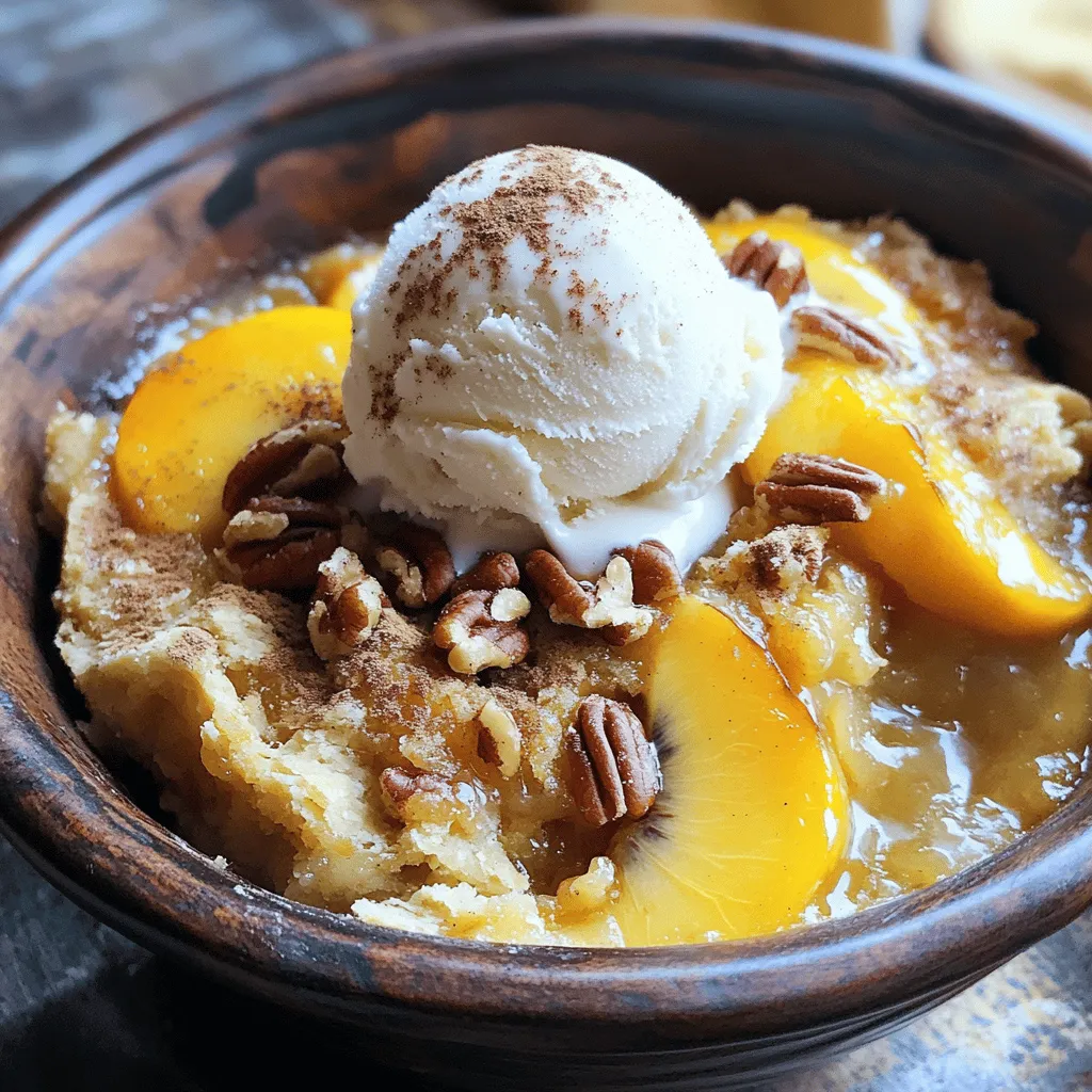 For the best flavor, I love using fresh peaches. You need about 4 cups, sliced up. If fresh peaches are not available, you can use canned peaches. Just make sure to drain them well before using. This keeps the dish from being too watery. You can also use frozen peaches. Just thaw them out and drain before mixing. You will need some key items for this recipe. Here’s the list: - 4 cups sliced fresh peaches (or canned peaches, thoroughly drained) - 1 cup granulated sugar - 1 tablespoon fresh lemon juice - 1 teaspoon ground cinnamon - 1 box (15.25 oz) yellow cake mix - 1 cup unsalted butter, melted The sugar helps sweeten the peaches. The lemon juice adds a nice zing, while the cinnamon brings warmth. The yellow cake mix creates that lovely crust on top. Want to make your dump cake even better? Here are some tasty ideas: - 1 cup chopped pecans (optional, for added crunch) - Vanilla ice cream or whipped cream (for serving) The pecans add a nice crunch and nutty taste. When you serve it with ice cream or whipped cream, you create a perfect balance of flavors and textures. Enjoy the Peach Cobbler Dump Cake warm for the best experience! For the full recipe, check out the details above. Start by preheating your oven to 350°F (175°C). This step is key for even baking. While the oven heats, gather your ingredients. You need fresh peaches, sugar, lemon juice, cinnamon, cake mix, and butter. In a large bowl, mix the sliced peaches with sugar, lemon juice, and cinnamon. Toss gently. You want every peach slice to be coated well. This mix adds sweetness and spice to your cake. Once mixed, spread the peach filling evenly in a greased 9x13-inch baking dish. Now, sprinkle the dry cake mix over the peaches. Do not mix it in. This step forms a nice layer. Next, drizzle melted butter over the cake mix. This helps create a rich, golden crust. If you like, add chopped pecans for a crunchy touch. Place your dish in the preheated oven. Bake for 40-45 minutes. Watch for a golden brown top and bubbly edges. When it’s done, take it out and let it cool for about 10 minutes. This cooling time helps the layers set. Now, you’re ready to serve your delicious Peach Cobbler Dump Cake! For extra joy, top it with vanilla ice cream or whipped cream. Enjoy your creation! To enhance the flavor of your dump cake, use ripe, juicy peaches. Fresh peaches add a nice sweetness and texture. If you can't find fresh ones, canned peaches work well too. Just remember to drain them well. A splash of fresh lemon juice brightens the flavor. Ground cinnamon adds warmth and depth. If you like, try adding nutmeg for extra spice. Serve your warm peach cobbler dump cake in bowls. A scoop of vanilla ice cream on top is a must. The cold ice cream melts into the warm cake. This combination is pure bliss! For a twist, use whipped cream instead. You can also add a sprinkle of cinnamon or a fresh peach slice on top for a pretty touch. For this recipe, you need a few basic tools. A large mixing bowl helps you combine the ingredients easily. Use a 9x13-inch baking dish for even baking. A spatula is great for spreading the peach layer. Don't forget measuring cups for accuracy. An oven mitt is key for safely removing your hot cake from the oven. Check out the Full Recipe for more details on making this delightful treat! {{image_4}} You can switch out peaches for other fruits. Try using blueberries, cherries, or apples. Each fruit brings a new twist to the cake. You can mix fruits too! For example, you can combine peaches and blueberries for a tasty mix. To make this cake gluten-free, choose a gluten-free cake mix. Many brands offer great options. You can also use almond flour or coconut flour. Just keep in mind that the texture may change a bit but it will still taste good. To make a vegan version, use a plant-based butter instead of regular butter. Also, swap the sugar for coconut sugar. You can replace the cake mix with a vegan one, or make it from scratch using flour, baking powder, and almond milk. This way, you can enjoy this dessert without any animal products. If you want to try these variations, check the Full Recipe for more details! Store leftover peach cobbler dump cake in an airtight container. Let it cool first to keep the moisture in. Place it in the fridge if you plan to eat it within three days. For longer storage, consider freezing it. To enjoy your leftover dump cake, preheat your oven to 350°F. Place the cake in a baking dish. Cover it with foil to keep it moist while it warms. Heat for about 15-20 minutes. You can also use a microwave. Warm individual slices for 30-45 seconds. You can freeze peach cobbler dump cake for up to three months. Cut it into slices and wrap each piece tightly in plastic wrap. Then, place the wrapped slices in a freezer bag. When you're ready to eat, thaw the cake in the fridge overnight before reheating. This way, you can enjoy a peachy bliss dump cake anytime! To make Peach Cobbler Dump Cake from scratch, follow these steps: - Gather your ingredients: You need sliced fresh peaches, sugar, lemon juice, cinnamon, yellow cake mix, melted butter, and optional pecans. - Mix the peach filling: Combine the peaches, sugar, lemon juice, and cinnamon in a bowl. Toss until the peaches are coated. - Assemble the cake: Spread the peach mixture in a greased baking dish. Sprinkle the cake mix on top without mixing. Pour the melted butter over the cake mix. - Bake: Place it in a preheated oven at 350°F (175°C) for 40-45 minutes. The top should be golden brown. - Cool and serve: Let it cool for 10 minutes before serving. Yes, you can use frozen peaches for this recipe. Just make sure to thaw them first. Drain any excess liquid to keep the cake from becoming soggy. This will help maintain the right texture. The best way to serve Peach Cobbler Dump Cake is warm. Place a serving in a bowl and top it with vanilla ice cream or whipped cream. For extra flair, add a slice of fresh peach or a sprinkle of cinnamon on top. This adds a nice visual touch and enhances the flavor. Peach Cobbler Dump Cake lasts for about 3-4 days when stored in the fridge. Keep it in an airtight container to maintain freshness. You can also freeze it for up to three months. Just remember to let it cool completely before wrapping it for the freezer. For full details, check out the Full Recipe. This blog post covered all you need for a delicious Peach Cobbler Dump Cake. We explored fresh peaches and other fruit options. I shared key baking steps, tips to enhance flavors, and storing methods. You also learned how to adapt the recipe for gluten-free and vegan diets. Remember, this dessert is easy to make and fun to share. With these steps, you can create a treat everyone will enjoy. Try your own twist and savor every bite!