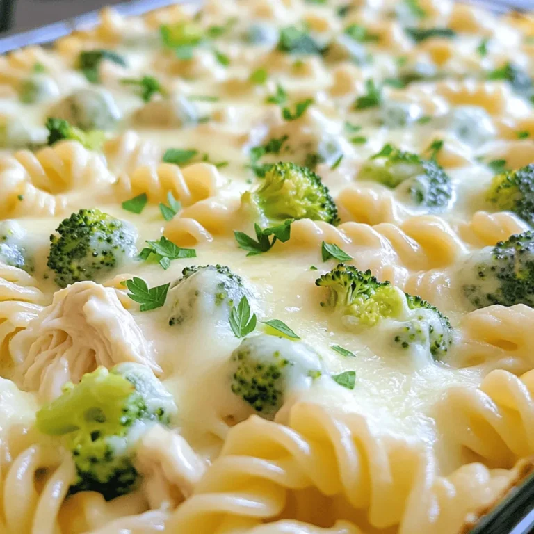 - 2 cups cooked rotini pasta - 2 cups shredded chicken breast - 2 cups Alfredo sauce The main ingredients form the base of our Easy Chicken Alfredo Bake. Cooked rotini pasta gives it shape and texture. Shredded chicken breast adds protein and flavor. Alfredo sauce makes the dish creamy and rich. - 1 cup steamed broccoli florets - 1 cup shredded mozzarella cheese - 1/2 cup grated Parmesan cheese Next, we have additional ingredients. Steamed broccoli florets add color and nutrients. Shredded mozzarella cheese provides a delicious melt. Grated Parmesan cheese enhances the flavor with its salty taste. - 1 teaspoon garlic powder - 1 teaspoon Italian seasoning - Salt and pepper to taste Finally, seasonings tie it all together. Garlic powder adds depth. Italian seasoning brings a mix of herbs. Salt and pepper balance the flavors. These ingredients create a delicious dish you will love. For the complete recipe, check out [Full Recipe]. 1. Preheat the oven to 350°F (175°C). This step ensures your dish cooks evenly. 2. In a large mixing bowl, combine: - 2 cups cooked rotini pasta - 2 cups cooked chicken breast, shredded - 2 cups Alfredo sauce - 1 cup broccoli florets, steamed - 1 teaspoon garlic powder - 1 teaspoon Italian seasoning - Salt and pepper to taste Use a spatula to mix everything gently. Make sure all the pasta and chicken get coated in the sauce. 1. Transfer the creamy mixture to a greased 9x13 inch baking dish. Spread it out evenly. 2. Add the cheese topping by sprinkling: - 1 cup shredded mozzarella cheese - 1/2 cup grated Parmesan cheese This cheesy layer creates a delicious crust when baked. 3. Cover the baking dish with aluminum foil to keep moisture in. Place it in the oven and bake for 20 minutes. 1. Uncover the dish after 20 minutes. Continue baking for another 10-15 minutes. Watch it closely. You want the cheese to melt and turn golden. 2. Once done, take it out of the oven. Let it sit for 5 minutes before serving. This helps the flavors settle. Garnish with fresh parsley for a pop of color. For the full recipe, check out the [Full Recipe]. Using fresh Alfredo sauce gives a rich taste. It can enhance the dish's flavor. If you use store-bought sauce, pick a high-quality brand. This choice can save time while still tasting great. Make sure to mix everything evenly. This step helps all the pasta and chicken get coated in sauce. A good mix ensures each bite is creamy and delicious. When serving, you can keep it simple and rustic. Serve directly from the baking dish. It creates a warm, homey feel. If you prefer, scoop portions onto plates. Make sure each serving has pasta and cheese. You can add a sprinkle of fresh parsley on top for color. For sides, consider garlic bread or a light salad. These pair well with the creamy flavors of the bake. One big mistake is overcooking the cheese topping. Keep an eye on it while it bakes. You want it melted and bubbly, not burnt. Another common error is skipping the resting time. Letting it sit for five minutes is key. This tip helps everything set and makes serving easier. By avoiding these mistakes, you can enjoy a perfect Chicken Alfredo Bake. For the detailed recipe, check out the Full Recipe. {{image_4}} If you need gluten-free options, try using gluten-free pasta. Many brands make great pasta that cooks well. For a lighter dish, use low-fat cheese and sauce. These swaps still taste good but cut some calories. To add more flavor, you can mix in vegetables. Peas, spinach, or bell peppers work well. They not only taste great but also add color. If you like some heat, add spices like red pepper flakes or cayenne. This small change can make your dish exciting. If you want to switch up the protein, try turkey instead of chicken. Ground turkey works nicely. For a vegetarian option, use chickpeas or lentils. Both provide protein and texture. You can easily adjust the recipe to fit your needs. For the complete recipe, check out the [Full Recipe]. To keep your Easy Chicken Alfredo Bake fresh, store it properly. First, let it cool to room temperature. Then, place the leftovers in an airtight container. This will help maintain moisture and flavor. Use a container that fits the amount of food, so there's less air inside. It’s best to eat the leftovers within three to four days. When it comes time to enjoy the leftovers, you have two main options: the oven and the microwave. The oven is best for keeping the texture nice. Preheat it to 350°F (175°C). Place the dish in the oven for about 15-20 minutes, covering it with foil. This keeps it moist. If you use the microwave, heat in short bursts of 1-2 minutes. Stir between each burst to heat evenly. You can freeze your Easy Chicken Alfredo Bake before or after baking. If you freeze it before baking, wrap the dish tightly in plastic wrap and foil. This helps prevent freezer burn. To freeze after baking, let it cool completely, then cover it well. When you are ready to eat it, thaw it in the fridge overnight. Reheat it in the oven for the best results. Enjoy your creamy dish even later! Making this dish is quick and easy. The prep time is about 15 minutes. Baking it takes around 30 minutes. So, you can get this meal ready in just 45 minutes. Yes! You can use any pasta shape you like. Penne, fusilli, or even bowtie pasta work great. Just make sure to cook it until it’s al dente. This helps it hold up well in the bake. If you want a meat-free option, try using tofu or chickpeas. These provide protein and texture. You can also use mushrooms for a hearty flavor. This makes the dish vegetarian or vegan-friendly. Look for a golden brown top. The cheese should be melted and bubbly. You can also check if the dish is hot all the way through. A knife inserted into the center should come out warm. Enjoy these tips for a perfect bake! Don't forget to check the full recipe for more details! This recipe combines cooked rotini, chicken, and creamy Alfredo sauce for a tasty meal. You also learned to add steamed broccoli and cheese for extra flavor. Pay attention to baking tips to avoid common mistakes. For variations, you can swap proteins or choose gluten-free options. Always store leftovers properly for the best taste later. Enjoy the process of making this dish, and feel free to get creative with your own twists! This Easy Chicken Alfredo Bake will surely become a family favorite.