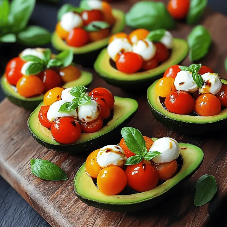 - 2 ripe avocados - 1 cup cherry tomatoes, halved - 1 cup fresh mozzarella balls, halved - 1/4 cup fresh basil leaves, finely chopped - 2 tablespoons balsamic glaze - 1 tablespoon extra virgin olive oil - Salt and freshly ground black pepper, to taste What are the calories and nutrients per serving? A serving of Caprese Stuffed Avocado has around 400 calories. It provides healthy fats, protein, and vitamins. You get about 10 grams of protein and 30 grams of fat, mostly from the avocados. The dish is also rich in vitamins A and C, thanks to the tomatoes and basil. What are the benefits of key ingredients? - Avocados: They are high in healthy fats and help keep your heart healthy. They also provide fiber, which aids digestion. - Tomatoes: These bright fruits are packed with antioxidants. They may help reduce inflammation and support skin health. - Mozzarella: This cheese adds protein and calcium. It makes the dish creamy and satisfying. - Basil: Fresh basil adds flavor and aroma. It has anti-inflammatory and antibacterial properties. Using fresh and quality ingredients makes this dish not only tasty but also nutritious! For the full recipe, check out the Caprese Stuffed Avocado section above. To start, you need to slice the avocados in half. Use a sharp knife and cut lengthwise. This helps make even halves. Once you have your two halves, gently twist them apart. Next, remove the pit carefully. You can use a spoon or a knife for this. Be careful not to cut yourself. If you want more room for the filling, scoop out a little extra flesh from each half. Just make sure to leave enough to hold the filling. Now, let’s make the filling! Grab a medium mixing bowl. Add the halved cherry tomatoes and mozzarella balls. These add a nice pop of color and flavor. Then, chop the fresh basil leaves finely and toss them in. This herb gives a fresh taste. Drizzle in the extra virgin olive oil and balsamic glaze. Add a pinch of salt and freshly ground black pepper. Use a spatula or a spoon to mix everything together. Make sure each piece is coated well. It’s time to stuff the avocados! Take a spoon and fill each avocado half with the tomato and mozzarella mixture. Press down lightly to fill every corner. This way, you get delicious bites in every scoop. For a beautiful finish, drizzle any leftover balsamic glaze on top. This adds a touch of elegance. Now, you can enjoy this fresh and vibrant dish! If you want more ideas, check the Full Recipe for tips on serving and presentation. For making Caprese stuffed avocado, pick ripe ones. Look for avocados that yield slightly to gentle pressure. They should not feel mushy. The skin color often changes from dark green to almost black when ripe. Hass avocados work best for stuffing. Their creamy texture adds a nice touch to the dish. Serve your stuffed avocados on a rustic wooden board. This adds charm to your table. You can also use a slate platter for a modern look. Garnish each avocado with fresh basil leaves. A drizzle of balsamic glaze on top creates a stunning visual. For gatherings, arrange them in a circle for a beautiful display. To keep your stuffed avocados fresh, cover them tightly with plastic wrap. This helps prevent browning. If you have leftover filling, store it in an airtight container. It will last about one day in the fridge. Avoid freezing stuffed avocados, as they may lose their texture. Enjoy them fresh for the best taste! {{image_4}} If you want a vegan option, use plant-based mozzarella. This substitute keeps the creamy texture without dairy. You can find it in many stores or make it at home. For more flavor, add garlic or onions. Minced garlic adds a nice kick. Chopped onions give a sweet crunch. Both options will enhance the taste of your stuffed avocado. You can serve Caprese stuffed avocado as an appetizer or main dish. For an appetizer, offer small avocado halves on a platter. Guests can enjoy them easily while mingling. As a main dish, serve with a salad or grain for a filling meal. Pair these stuffed avocados with a light drink. A crisp white wine or sparkling water complements the flavors well. For sides, consider crusty bread or a fresh green salad. These options balance the richness of the avocado and cheese. Feel free to explore the [Full Recipe] for step-by-step guidance on making this dish. To check if an avocado is ripe, gently squeeze it. Look for these signs: - Color: A ripe avocado is darker in color. - Feel: It should feel slightly soft but not mushy. - Stem: If you flick the stem, it should come off easily and reveal green underneath. These signs ensure you pick the best fruit for your Caprese stuffed avocado. You can prepare some of the ingredients ahead of time. Here’s how: - Avocados: Cut them just before serving to avoid browning. - Filling: You can mix the tomatoes, mozzarella, and basil in advance. Store it in the fridge. - Assembly: Fill the avocados right before serving for the best taste and look. This method saves time while keeping your dish fresh. Caprese stuffed avocado pairs well with many dishes. Consider these options: - Side Salads: A light green salad works great. - Bread: Serve with crusty bread or garlic bread for a fuller meal. - Drinks: Try it with a crisp white wine or sparkling water. These pairings enhance your meal and make it more enjoyable. Caprese stuffed avocados bring together fresh flavors. They are easy to make and perfect for a light meal or snack. Here is what you need and how to make them. Ingredients: - 2 ripe avocados - 1 cup cherry tomatoes, halved - 1 cup fresh mozzarella balls, halved - 1/4 cup fresh basil leaves, finely chopped - 2 tablespoons balsamic glaze - 1 tablespoon extra virgin olive oil - Salt and freshly ground black pepper, to taste Instructions: 1. Slice the avocados in half lengthwise. Remove the pits with a spoon or knife. Scoop out a little flesh from each half to make room for the filling. 2. In a medium bowl, mix the halved cherry tomatoes and mozzarella balls. Add the chopped basil leaves for flavor. 3. Drizzle the olive oil and balsamic glaze over the mixture. Season with salt and black pepper. Mix well until everything is coated. 4. Fill each avocado half with the mixture. Press down gently to pack it in. 5. Drizzle any extra balsamic glaze on top. This adds a nice touch and flavor. 6. Serve right away for the best taste. Enjoy the fresh and vibrant flavors! For more details, check out the Full Recipe. In this blog post, we explored making Caprese Stuffed Avocados. You learned about the key ingredients, like avocados and mozzarella, and their health benefits. I shared simple steps for preparation, stuffing, and storing the avocados. Remember to choose ripe avocados for the best taste. Consider fun variations to suit your style. With this recipe, you can create a dish perfect for any occasion. Enjoy making this healthy treat that impresses everyone!