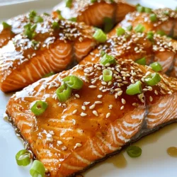 To make honey garlic glazed salmon, you need the following ingredients: - 4 fresh salmon fillets - 3 tablespoons honey, preferably organic - 2 tablespoons soy sauce (or tamari for gluten-free) - 3 cloves garlic, finely minced - 1 tablespoon fresh ginger, finely grated - 1 tablespoon olive oil for drizzling - 1 teaspoon sesame oil for depth of flavor - Salt and freshly cracked pepper to taste - 1 tablespoon sesame seeds, toasted for garnish - 2 green onions, thinly sliced for garnish Each ingredient plays a key role in the dish. The salmon provides a rich, buttery flavor. Honey adds sweetness that balances the saltiness of soy sauce. Garlic and ginger give a warm, aromatic kick. Olive oil keeps the fish moist. Sesame oil adds a unique depth. Salt and pepper enhance the overall taste. Lastly, toasted sesame seeds and green onions add a pop of color and crunch. For more detailed cooking instructions, check the Full Recipe. To make the marinade, gather your ingredients first. In a small bowl, mix together the honey, soy sauce, minced garlic, and grated ginger. Use a whisk to combine them well. This step is key for blending the flavors. I find that whisking helps create a smooth mix. Make sure there are no lumps for the best taste. Next, place the salmon fillets in a resealable bag or a shallow dish. Pour the marinade over the salmon. Ensure each fillet is well-coated. Seal the bag tightly or cover the dish with plastic wrap. For great flavor, marinate the salmon for at least 30 minutes. If you have time, marinate for up to 2 hours. Keep it in the fridge while it marinates to keep it fresh. Preheat your oven to 400°F (200°C) while the salmon marinates. Prepare a baking sheet by lining it with parchment paper. This will help prevent sticking. After marinating, take the salmon out of the marinade. Let the excess drip off before arranging the fillets skin-side down on the baking sheet. Drizzle olive oil and sesame oil over the salmon. Don’t forget to season with salt and pepper. Now, bake the salmon in the preheated oven for 12-15 minutes. The salmon is ready when it flakes easily with a fork. While it bakes, you can prepare the sauce. Heat the reserved marinade in a small saucepan over medium heat until it boils. Then, lower the heat and let it simmer for about 5 minutes. This will thicken the sauce and enhance the flavor. Once the salmon is done, brush the thickened marinade over the fillets for extra glaze. Enjoy this Honey Garlic Glazed Salmon with your favorite sides. For the full recipe, check out the earlier sections. To check if your salmon is done, use a fork. Gently flake the fish near the thickest part. If it flakes easily, it’s ready. Salmon should be opaque in color and moist. Avoid overcooking, as it can dry out the fish. To keep your salmon moist, consider these tips: - Marinate your salmon for at least 30 minutes. - Use a drizzle of olive oil before cooking. - Bake at the right temperature (400°F) for even cooking. You can enhance the flavor by adding herbs and spices. Try adding fresh dill or parsley. A pinch of red pepper flakes adds a nice kick. Experiment with smoked paprika for a unique taste. To adjust sweetness, add more honey if you prefer it sweeter. If you want saltiness, mix in more soy sauce or tamari. Always taste your marinade before using it to balance flavors. For side dishes, serve your honey garlic salmon with steamed broccoli or jasmine rice. These pair well and absorb the glaze's flavor. You can also try a fresh salad with citrus dressing. For an appealing dish, plate the salmon on individual plates. Sprinkle with toasted sesame seeds and sliced green onions. This adds color and crunch. Serve with a wedge of lemon for a fresh touch. For the full recipe, refer to the earlier section. {{image_4}} You can switch up the sweetener in this dish. Maple syrup or agave syrup both work well. They add a nice touch of flavor that complements the salmon. You can also mix in different spices. A pinch of cayenne gives heat, while paprika adds smokiness. These changes can make your honey garlic glazed salmon stand out even more. If you're following a paleo or keto diet, you can make easy swaps. Use coconut aminos instead of soy sauce for a low-carb option. For gluten-free needs, tamari is a great choice. It has a similar taste and ensures your meal stays gluten-free. You can grill the salmon for a smoky flavor. Just preheat your grill to medium-high. Cook each side for about 4-6 minutes. If you prefer baking, follow the oven method in the full recipe. An air fryer is another fun option. Preheat your air fryer to 400°F (200°C) and cook for about 7-10 minutes. This method gives you a crispy exterior while keeping the inside tender. To store leftover honey garlic glazed salmon, place it in an airtight container. This helps keep the salmon fresh. You can also wrap it tightly in plastic wrap. The salmon stays good in the fridge for up to three days. After three days, it may lose flavor and texture. If you want to freeze the salmon, first let it cool completely. Then, wrap each fillet in plastic wrap. Next, place the wrapped fillets in a freezer bag. Squeeze out all the air before sealing the bag. The salmon can last in the freezer for up to two months. When ready to eat, thaw the salmon in the fridge overnight. This method keeps it safe and tasty. To reheat, the best method is using the oven. Preheat your oven to 350°F (175°C). Place the salmon on a baking sheet. Cover it with foil to keep it moist. Heat for about 10 to 15 minutes. You can also use the microwave if you're in a hurry. Heat it on a microwave-safe plate. Use low power for 1 to 2 minutes. Always check that the salmon reaches an internal temperature of 145°F (63°C) for safety. What can I substitute for honey? You can use maple syrup or agave syrup instead of honey. Both options provide sweetness. They add a unique flavor to the dish. Can I use frozen salmon for this recipe? Yes, frozen salmon works well. Just thaw it in the fridge overnight. This helps maintain its texture and flavor. Is this dish suitable for meal prep? Absolutely! Honey garlic glazed salmon stores well. You can keep it in the fridge for up to three days. Pack it with rice or veggies for easy meals. How to tell when salmon is perfectly cooked? Salmon is done when it flakes easily with a fork. It should be opaque and not translucent. Use a food thermometer; the internal temperature should reach 145°F (63°C). What’s the best way to avoid overcooking? Keep an eye on the time while baking. Check the salmon at the 12-minute mark. If it flakes easily, it’s ready to take out of the oven. Estimated calorie count per serving Each serving of honey garlic glazed salmon has about 300 calories. This can vary based on portion size and added ingredients. Health benefits of ingredients used in the recipe Salmon is rich in omega-3 fatty acids, which support heart health. Honey has antioxidants that can boost your immune system. Garlic may help lower blood pressure and improve cholesterol levels. For the full recipe, check the details above. This blog post covered a tasty salmon recipe from start to finish. We reviewed ingredients, marinade tips, and cooking steps. I shared tricks for perfecting the dish and offered variations for different diets. Storage and reheating methods help keep your salmon fresh. Enjoy experimenting with flavors and methods to make this dish your own. Trust me, your dinner guests will be impressed!