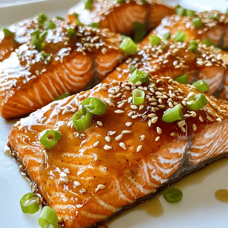 To make honey garlic glazed salmon, you need the following ingredients: - 4 fresh salmon fillets - 3 tablespoons honey, preferably organic - 2 tablespoons soy sauce (or tamari for gluten-free) - 3 cloves garlic, finely minced - 1 tablespoon fresh ginger, finely grated - 1 tablespoon olive oil for drizzling - 1 teaspoon sesame oil for depth of flavor - Salt and freshly cracked pepper to taste - 1 tablespoon sesame seeds, toasted for garnish - 2 green onions, thinly sliced for garnish Each ingredient plays a key role in the dish. The salmon provides a rich, buttery flavor. Honey adds sweetness that balances the saltiness of soy sauce. Garlic and ginger give a warm, aromatic kick. Olive oil keeps the fish moist. Sesame oil adds a unique depth. Salt and pepper enhance the overall taste. Lastly, toasted sesame seeds and green onions add a pop of color and crunch. For more detailed cooking instructions, check the Full Recipe. To make the marinade, gather your ingredients first. In a small bowl, mix together the honey, soy sauce, minced garlic, and grated ginger. Use a whisk to combine them well. This step is key for blending the flavors. I find that whisking helps create a smooth mix. Make sure there are no lumps for the best taste. Next, place the salmon fillets in a resealable bag or a shallow dish. Pour the marinade over the salmon. Ensure each fillet is well-coated. Seal the bag tightly or cover the dish with plastic wrap. For great flavor, marinate the salmon for at least 30 minutes. If you have time, marinate for up to 2 hours. Keep it in the fridge while it marinates to keep it fresh. Preheat your oven to 400°F (200°C) while the salmon marinates. Prepare a baking sheet by lining it with parchment paper. This will help prevent sticking. After marinating, take the salmon out of the marinade. Let the excess drip off before arranging the fillets skin-side down on the baking sheet. Drizzle olive oil and sesame oil over the salmon. Don’t forget to season with salt and pepper. Now, bake the salmon in the preheated oven for 12-15 minutes. The salmon is ready when it flakes easily with a fork. While it bakes, you can prepare the sauce. Heat the reserved marinade in a small saucepan over medium heat until it boils. Then, lower the heat and let it simmer for about 5 minutes. This will thicken the sauce and enhance the flavor. Once the salmon is done, brush the thickened marinade over the fillets for extra glaze. Enjoy this Honey Garlic Glazed Salmon with your favorite sides. For the full recipe, check out the earlier sections. To check if your salmon is done, use a fork. Gently flake the fish near the thickest part. If it flakes easily, it’s ready. Salmon should be opaque in color and moist. Avoid overcooking, as it can dry out the fish. To keep your salmon moist, consider these tips: - Marinate your salmon for at least 30 minutes. - Use a drizzle of olive oil before cooking. - Bake at the right temperature (400°F) for even cooking. You can enhance the flavor by adding herbs and spices. Try adding fresh dill or parsley. A pinch of red pepper flakes adds a nice kick. Experiment with smoked paprika for a unique taste. To adjust sweetness, add more honey if you prefer it sweeter. If you want saltiness, mix in more soy sauce or tamari. Always taste your marinade before using it to balance flavors. For side dishes, serve your honey garlic salmon with steamed broccoli or jasmine rice. These pair well and absorb the glaze's flavor. You can also try a fresh salad with citrus dressing. For an appealing dish, plate the salmon on individual plates. Sprinkle with toasted sesame seeds and sliced green onions. This adds color and crunch. Serve with a wedge of lemon for a fresh touch. For the full recipe, refer to the earlier section. {{image_4}} You can switch up the sweetener in this dish. Maple syrup or agave syrup both work well. They add a nice touch of flavor that complements the salmon. You can also mix in different spices. A pinch of cayenne gives heat, while paprika adds smokiness. These changes can make your honey garlic glazed salmon stand out even more. If you're following a paleo or keto diet, you can make easy swaps. Use coconut aminos instead of soy sauce for a low-carb option. For gluten-free needs, tamari is a great choice. It has a similar taste and ensures your meal stays gluten-free. You can grill the salmon for a smoky flavor. Just preheat your grill to medium-high. Cook each side for about 4-6 minutes. If you prefer baking, follow the oven method in the full recipe. An air fryer is another fun option. Preheat your air fryer to 400°F (200°C) and cook for about 7-10 minutes. This method gives you a crispy exterior while keeping the inside tender. To store leftover honey garlic glazed salmon, place it in an airtight container. This helps keep the salmon fresh. You can also wrap it tightly in plastic wrap. The salmon stays good in the fridge for up to three days. After three days, it may lose flavor and texture. If you want to freeze the salmon, first let it cool completely. Then, wrap each fillet in plastic wrap. Next, place the wrapped fillets in a freezer bag. Squeeze out all the air before sealing the bag. The salmon can last in the freezer for up to two months. When ready to eat, thaw the salmon in the fridge overnight. This method keeps it safe and tasty. To reheat, the best method is using the oven. Preheat your oven to 350°F (175°C). Place the salmon on a baking sheet. Cover it with foil to keep it moist. Heat for about 10 to 15 minutes. You can also use the microwave if you're in a hurry. Heat it on a microwave-safe plate. Use low power for 1 to 2 minutes. Always check that the salmon reaches an internal temperature of 145°F (63°C) for safety. What can I substitute for honey? You can use maple syrup or agave syrup instead of honey. Both options provide sweetness. They add a unique flavor to the dish. Can I use frozen salmon for this recipe? Yes, frozen salmon works well. Just thaw it in the fridge overnight. This helps maintain its texture and flavor. Is this dish suitable for meal prep? Absolutely! Honey garlic glazed salmon stores well. You can keep it in the fridge for up to three days. Pack it with rice or veggies for easy meals. How to tell when salmon is perfectly cooked? Salmon is done when it flakes easily with a fork. It should be opaque and not translucent. Use a food thermometer; the internal temperature should reach 145°F (63°C). What’s the best way to avoid overcooking? Keep an eye on the time while baking. Check the salmon at the 12-minute mark. If it flakes easily, it’s ready to take out of the oven. Estimated calorie count per serving Each serving of honey garlic glazed salmon has about 300 calories. This can vary based on portion size and added ingredients. Health benefits of ingredients used in the recipe Salmon is rich in omega-3 fatty acids, which support heart health. Honey has antioxidants that can boost your immune system. Garlic may help lower blood pressure and improve cholesterol levels. For the full recipe, check the details above. This blog post covered a tasty salmon recipe from start to finish. We reviewed ingredients, marinade tips, and cooking steps. I shared tricks for perfecting the dish and offered variations for different diets. Storage and reheating methods help keep your salmon fresh. Enjoy experimenting with flavors and methods to make this dish your own. Trust me, your dinner guests will be impressed!