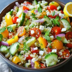To make a tasty herbed quinoa salad, gather these fresh ingredients: - 1 cup quinoa, thoroughly rinsed and drained - 2 cups vegetable broth (or water if preferred) - 1 cup cherry tomatoes, cut in half - 1 cucumber, diced into small pieces - 1 small red onion, finely chopped - 1 bell pepper (your choice of color), diced - 1 cup fresh parsley leaves, finely chopped - 1/2 cup fresh mint leaves, finely chopped - Juice of 1 lemon - 3 tablespoons extra virgin olive oil - Salt and freshly ground pepper to taste - Crumbled feta cheese for garnishing (optional) These ingredients create a vibrant and refreshing dish that is both filling and healthy. You can customize your herbed quinoa salad by adding some optional ingredients: - Avocado, diced for creaminess - Black beans or chickpeas for protein - Corn, for a sweet crunch - Radishes, for a peppery bite - Nuts or seeds, for added texture These options can help you tailor the salad to your taste or dietary needs. Fresh herbs make this salad pop with flavor. Here are some great choices: - Basil, for a sweet and aromatic touch - Cilantro, for a zesty kick - Chives, for a mild onion flavor - Dill, for a fresh, grassy note For veggies, you can try adding: - Carrots, grated for sweetness - Spinach or kale, for extra greens - Zucchini, for a mild, tender bite By mixing and matching these ingredients, you can create a unique herbed quinoa salad every time. To access the full recipe, check out the details in the article. To make a great herbed quinoa salad, start by rinsing your quinoa. Rinse it well under cold water. This removes the bitter coating called saponin. After rinsing, place the quinoa in a medium saucepan. Add 2 cups of vegetable broth or water. Bring this mix to a boil over medium-high heat. Once it boils, lower the heat to simmer. Cover the saucepan and let it cook for about 15 minutes. The quinoa will absorb all the liquid and look fluffy. After cooking, take it off the heat but keep the lid on for another 5 minutes. This helps it steam and become even fluffier. Finally, use a fork to fluff the quinoa and let it cool to room temperature. In a large mixing bowl, add your cooled quinoa. Next, toss in halved cherry tomatoes, diced cucumber, finely chopped red onion, and diced bell pepper. These veggies add color and crunch to your salad. Then, stir in the freshly chopped parsley and mint. These herbs bring freshness to the dish. Mix all the ingredients gently to combine them well. This step is crucial for a balanced taste. For the dressing, grab a small bowl. Combine the juice of one lemon and three tablespoons of extra virgin olive oil. Then, add salt and freshly ground pepper to taste. Whisk all these together until they blend smoothly. This dressing adds brightness and flavor to your salad. Pour the dressing over the quinoa and veggies. Toss everything together gently, ensuring all the ingredients get coated. If you like, finish with crumbled feta cheese for a creamy touch. For the full recipe, you can refer to the earlier section. To cook quinoa perfectly, start with rinsing one cup of quinoa. Rinsing removes the bitter coating called saponin. Use two cups of vegetable broth or water for cooking. This adds more flavor. Bring the liquid to a boil in a medium saucepan. Once boiling, lower the heat and cover it. Let it simmer for about 15 minutes. The quinoa should absorb all the liquid. After that, take it off the heat but keep it covered for five more minutes. Fluff it with a fork. This step gives it a light and airy texture. For a tasty salad, balance is key. The fresh herbs, like parsley and mint, brighten the dish. Use lemon juice and olive oil for a zesty dressing. Start with the juice of one lemon and three tablespoons of olive oil. Add salt and pepper to taste. This combination enhances all the flavors. You can adjust the seasoning based on your preference. Taste as you go. If you like it tangy, add a bit more lemon juice. If you prefer richness, increase the olive oil. Make your herbed quinoa salad visually appealing. Serve it in a large bowl to showcase its colorful ingredients. For individual servings, use small plates. Garnish each plate with fresh herbs. You can also add a lemon wedge on the side. This adds a pop of color and a fresh touch. Consider sprinkling crumbled feta cheese on top for a creamy texture. The presentation should invite everyone to dig in. Enjoy the beauty of your dish as much as the flavors! For the full recipe, check out the detailed steps above. {{image_4}} This Herbed Quinoa Salad is naturally gluten-free. Quinoa is a great grain choice. You do not need to change any ingredients to keep it gluten-free. Just make sure your vegetable broth is also gluten-free. To make this recipe vegan, skip the feta cheese topping. You can also add avocado for a creamy texture. Another option is to use nutritional yeast. It adds a cheesy flavor without any dairy. If you want to cut carbs, swap quinoa with cauliflower rice. Cauliflower rice is low in carbs and very filling. You can also add more veggies like zucchini or bell peppers. This will keep it fresh and tasty while lowering carbs. For the full recipe, check back for detailed steps. After enjoying your herbed quinoa salad, you may have some leftovers. To store them, place the salad in an airtight container. This helps keep it fresh and prevents it from drying out. Make sure to cool the salad to room temperature before sealing the container. If you add feta cheese, keep it separate until you are ready to eat. This keeps the cheese from getting soggy. When stored correctly, herbed quinoa salad lasts about 3 to 5 days in the fridge. If you notice any changes in smell or color, it’s best to throw it away. Always check for freshness before enjoying leftovers. The taste is best within the first few days after making it. You can enjoy herbed quinoa salad cold or at room temperature. If you prefer it warm, gently reheat it in a pan over low heat. Stir it often to avoid cooking it too much. You may want to add a splash of olive oil or lemon juice to freshen the flavor. If you serve it cold, consider adding extra herbs or a squeeze of lemon for a fresh boost. For more ideas, check the Full Recipe for serving suggestions. The best way to cook quinoa is by rinsing it first. This step helps remove any bitterness. Use a ratio of 1 cup of quinoa to 2 cups of liquid, like vegetable broth or water. Bring the liquid to a boil, then lower the heat and cover. Cook for about 15 minutes until the quinoa absorbs the liquid. Fluff it with a fork afterward. This method yields fluffy, perfect quinoa for your salad. Yes, you can make Herbed Quinoa Salad ahead of time. It tastes even better after some time in the fridge. Make the salad and store it in an airtight container. You can prepare it up to 2 days in advance. Just give it a good stir before serving to mix the flavors again. If you add feta cheese, do so just before serving to keep it fresh. You can serve Herbed Quinoa Salad in many ways. Try it as a side dish with grilled chicken or fish. It also works well as a light lunch on its own. For extra flavor, top it with avocado slices or nuts. Pair it with a refreshing drink like iced tea or lemonade. This salad is versatile and can shine at any meal. For the complete recipe, check out the Full Recipe. Herbed Quinoa Salad is a simple, tasty dish. We explored all the key ingredients, customization options, and fresh herb suggestions. I walked you through preparing quinoa, mixing veggies, and making the perfect dressing. We covered cooking tips, flavor balance, and how to present your dish well. I shared variations for gluten-free, vegan, and low-carb diets, plus storage info for leftovers. In short, this salad is easy to make and enjoy. It’s healthy and versatile. You can adapt it to fit your needs. Enjoy creating delicious meals!