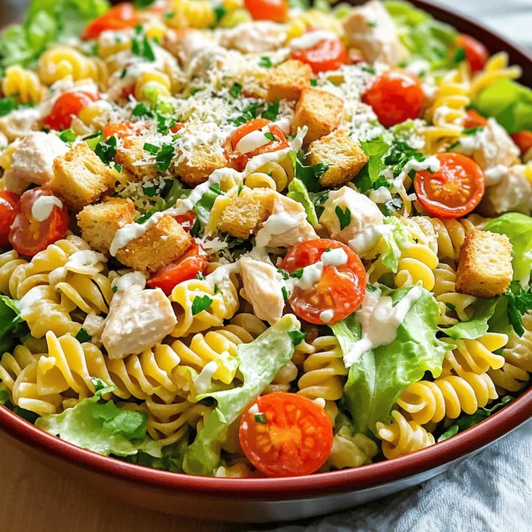 For this tasty Chicken Caesar Pasta Salad, gather these main ingredients: - 2 cups rotini pasta - 1 cup cooked chicken breast, diced - 1 cup romaine lettuce, chopped - ½ cup cherry tomatoes, halved - ½ cup Parmesan cheese, finely grated - ½ cup Caesar dressing - ¼ cup crunchy croutons - 1 tablespoon extra virgin olive oil - Salt and freshly cracked pepper to taste - Fresh parsley, finely chopped, for garnish These ingredients create a balanced dish with protein, carbs, and fresh veggies. The rotini pasta holds the dressing well, making each bite flavorful. You can add some optional ingredients for extra taste: - Black olives for a briny kick - Avocado for creaminess - Red onion for a bit of sharpness - Grilled corn for a sweet touch Feel free to mix and match these items. They can enhance the salad and give it your unique flair. Always choose high-quality ingredients. Fresh chicken and crisp romaine make a big difference. For pasta, look for brands that use durum wheat. Store any leftovers in an airtight container in the fridge. This salad stays fresh for about three days. If you use fresh ingredients, it will taste even better! You can check the [Full Recipe](#) for more details on making this quick dish. To start, fill a large pot with 4-5 cups of water. Add a pinch of salt and bring it to a boil. Once the water bubbles, add 2 cups of rotini pasta. Cook the pasta as directed on the package until it is al dente. This usually takes around 8-10 minutes. After cooking, drain the pasta in a colander. Rinse it under cold water to stop the cooking. This step cools the pasta and keeps it firm. In a large mixing bowl, add the cooled pasta. Next, toss in 1 cup of diced cooked chicken breast, 1 cup of chopped romaine lettuce, and ½ cup of halved cherry tomatoes. Mix everything gently. You want the ingredients to blend but not mush together. This salad is about balance and texture. For the dressing, grab a small bowl. Whisk together ½ cup of Caesar dressing with 1 tablespoon of extra virgin olive oil. This adds richness and depth to the dressing. Once mixed, drizzle it over the salad. Toss everything together until the pasta and veggies are well coated. Finally, add ½ cup of finely grated Parmesan cheese. Season with salt and freshly cracked pepper. Fold in ¼ cup of crunchy croutons without breaking them. This adds a nice crunch to the dish. To boost creaminess, add more Caesar dressing. Mix in a bit of sour cream or Greek yogurt. These ingredients give the salad a rich texture. You can also blend in extra Parmesan cheese for a thicker feel. Just remember, taste as you go! Fresh herbs can brighten your salad. I love adding chopped parsley and basil for a fresh kick. You can also sprinkle some garlic powder or crushed red pepper for extra flavor. A squeeze of lemon juice adds a nice zing, too. Serve your salad in a big bowl. Make it pop by adding extra Parmesan on top. Scatter a few croutons for crunch and color. You can place halved cherry tomatoes around the bowl's edge for a fun look. Chill the salad before serving to keep it refreshing. For the full recipe, check out the details above. {{image_4}} To make a vegetarian version, swap the chicken for chickpeas or diced tofu. Both options add protein and texture. You can also toss in roasted vegetables, like bell peppers, zucchini, or eggplant. These will give your salad extra flavor and color. Use a creamy dressing or a vegan Caesar dressing to keep it rich and tasty. If you need a gluten-free meal, choose gluten-free pasta. Many brands now offer tasty pasta made from rice or quinoa. You can also use spiralized veggies, like zucchini or carrots, for a fresh twist. Ensure that any store-bought dressing is labeled gluten-free to keep your dish safe and delicious. You can switch up the protein to fit your taste. Try grilled shrimp, salmon, or even cooked bacon for a smoky flavor. For a lighter option, use shredded rotisserie chicken. This adds a nice touch without extra work. Each protein brings its own unique taste and complements the Caesar dressing well. To keep your Chicken Caesar Pasta Salad fresh, store it in an airtight container. This helps maintain its taste and texture. Avoid leaving it at room temperature for too long. If you have extra salad, try to keep the croutons separate. This keeps them crunchy and prevents sogginess. When stored properly, Chicken Caesar Pasta Salad lasts about 3 to 4 days in the refrigerator. Check for any signs of spoilage, like an off smell or slimy texture. If it seems fine, enjoy it within this timeframe for the best flavor. Freezing this salad is not the best option. The pasta and dressing can become mushy when thawed. If you want to freeze it, consider freezing just the cooked chicken. Always store it in a freezer-safe container. Thaw it in the fridge before adding to the salad fresh. For the full recipe, check the details above. Yes, you can use store-bought Caesar dressing. It saves time and still tastes great. Look for a high-quality brand with simple ingredients. This way, you can enjoy your Chicken Caesar Pasta Salad without any fuss. You can make this dish ahead of time with ease. Cook the pasta and let it cool. Mix in the chicken, lettuce, and tomatoes. Keep the dressing separate until you’re ready to serve. This keeps the salad fresh and crunchy. You can use many options instead of chicken. Cooked shrimp or diced tofu work well. Chickpeas or beans can also add protein for a vegetarian twist. Just ensure you adjust the cooking time if you use raw proteins. This salad can be healthy, depending on your choices. Using whole grain pasta adds fiber. Adding fresh veggies boosts vitamins. Be mindful of the dressing amount, as it can add extra calories. Always balance your meal with good ingredients. To prevent mushy pasta, cook it al dente. This means it should be firm when bitten. Rinse the pasta after cooking to stop the cooking process. Use cold water to cool it down quickly. This keeps your pasta from getting soggy in the salad. For the full recipe, check out the section above! This blog post covered key ingredients and easy steps for a Chicken Caesar Pasta Salad. We discussed options for flavor and storage tips for your salad. Remember, you can adapt this dish to fit your needs with vegetarian or gluten-free variations. This pasta salad is not just tasty; it’s quick to make and great for any meal. Enjoy playing with the flavors and let your creativity shine. Your Chicken Caesar Pasta Salad will impress everyone!