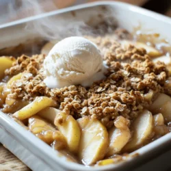 - Fresh Apples: You need 6 medium apples. I suggest using a mix of Granny Smith and Honeycrisp. Granny Smith brings tartness, while Honeycrisp adds sweetness. This combo makes your apple crisp taste great. - Sweeteners: Use both brown sugar and granulated sugar. Brown sugar adds a rich flavor, while granulated sugar gives a nice sweetness. The mix keeps the dessert balanced. - Oat Topping Components: The oat topping needs rolled oats, all-purpose flour, and butter. Use 1 cup of oats, 3/4 cup of flour, and 1/2 cup of melted butter. This mix gives a crumbly texture and a golden top. - Nuts: You can add 1/2 cup of chopped walnuts or pecans. These give a nice crunch and extra flavor. - Spices: Try using cinnamon and nutmeg. A teaspoon of cinnamon and a pinch of nutmeg enhance the apple flavor. You can also play with the amounts to suit your taste. - Suggested Toppings: Serve your apple crisp with ice cream or whipped cream. A scoop of vanilla ice cream melts beautifully on the warm crisp. Whipped cream adds a light, fluffy touch. For the full recipe, check out the details above to create this delightful dish! Start by peeling your apples. Use a sharp peeler for easy work. Core the apples and slice them thin. Aim for even slices to ensure they cook well. You can mix different types, like Granny Smith and Honeycrisp, for a great flavor blend. Once sliced, place the apples in a large bowl. Add one tablespoon of fresh lemon juice to keep them bright. Next, sprinkle in one teaspoon of ground cinnamon and a quarter teaspoon of grated nutmeg. Toss the apples gently so they get coated well. This mix adds flavor and helps the apples stay fresh. In another bowl, combine the dry ingredients first. You need one cup of rolled oats, three-quarters cup of all-purpose flour, half a cup of packed brown sugar, half a cup of granulated sugar, and a quarter teaspoon of salt. Mix these well with a fork. Then, pour in half a cup of melted unsalted butter. Stir until the mixture forms crumbs. It should look like coarse crumbs. If you like nuts, fold in half a cup of chopped walnuts or pecans for some crunch. This topping adds the perfect texture to your crisp. Before you bake, preheat your oven to 350°F (175°C). Grease a 9x13-inch baking dish lightly with butter or cooking spray. Spread the apple mixture evenly in the dish. Then, sprinkle the oat topping over the apples, making sure they are covered well. Place the dish in the oven and bake for 35 to 40 minutes. Look for a golden-brown topping and bubbling apples. When it’s done, take it out and let it cool for about ten minutes. This lets the flavors come together beautifully. Check out the Full Recipe for more details! Choosing the right baking dish is key. A 9x13-inch dish works well. It allows for even baking and makes serving easy. Make sure to lightly grease the dish to avoid sticking. To achieve a golden-brown topping, watch the baking time. You want to bake it for 35-40 minutes. Look for a bubbly filling and a nice color on top. If you want a darker crust, you can broil it for a minute, but watch it closely. One common mistake is overmixing the oat topping. Mix just until the ingredients combine. You want a crumbly texture, not a paste. Another mistake is under-spicing the apples. A little cinnamon and nutmeg go a long way. They make the apples taste amazing. Don’t skip this step; it brings out the best in your dessert. To enhance flavor, consider adding a splash of vanilla extract or maple syrup. These add layers of sweetness that pair well with the apples. If you need a gluten-free option, swap regular flour with almond flour or a gluten-free blend. For a dairy-free version, use coconut oil instead of butter. Both swaps will keep your apple crisp delicious! Feel free to check out the Full Recipe for detailed steps and more tips! {{image_4}} You can make your apple crisp even better by adding some seasonal flavors. Adding cranberries or raisins can give your dish a sweet touch. These fruits pair well with apples and add a nice pop of color. You can also experiment with different fruits like peaches or pears. Each fruit brings its own taste and texture, making your crisp unique. To elevate your apple crisp, consider creative flavor twists. Drizzling your dish with caramel sauce before serving adds a rich sweetness that everyone loves. You can also add citrus zest, like lemon or orange. This brings a fresh taste that brightens the dish. Both options will impress your family and friends. If you follow a vegan diet, you can still enjoy apple crisp. Use coconut oil or vegan butter instead of regular butter. You can also swap out honey for maple syrup. For those watching sugar intake, try using less sweetener or a sugar substitute. These changes keep the essence of apple crisp while catering to your health needs. To keep your apple crisp fresh, place it in the fridge. Use an airtight container to prevent moisture loss. This method keeps the crisp tasty for about three days. If you want to reheat it, use the oven. Preheat your oven to 350°F (175°C). Place the apple crisp in a baking dish and cover it with foil. Heat for about 15 minutes, or until warm. This helps regain some of the original crispiness. If you want to save your apple crisp for later, freezing is a great option. First, let the crisp cool completely. Then, cut it into portions. Wrap each piece in plastic wrap and place them in a freezer-safe bag. Remove as much air as possible to avoid freezer burn. Store it in the freezer for up to three months. When you're ready to enjoy it, thaw it in the fridge overnight. Reheat as mentioned above for the best results. In the fridge, your apple crisp can last about three days. After that, its taste and texture may change. Look for signs of spoilage. If the topping becomes soggy or the apples start to smell off, it’s time to toss it out. Trust your senses; they are your best guide to food safety. I love using a mix of apples. Granny Smith brings tartness, while Honeycrisp adds sweetness. This blend gives a great flavor balance. Some other good choices include Fuji and Braeburn. These apples hold their shape well during baking. Always choose firm apples for the best texture. Yes, you can make apple crisp ahead. Prepare the apple filling and oat topping separately. Store them in the fridge for up to a day. When you're ready to bake, combine them in your dish. Bake as usual, but add a few extra minutes to the time. This keeps the flavors fresh and tasty. Soggy apple crisp often comes from too much moisture. Ensure you drain excess liquid from the apples before baking. Also, avoid covering the dish tightly while baking. This traps steam and leads to a soggy bottom. You can fix it by adding more oats or flour to absorb moisture. To make apple crisp gluten-free, replace all-purpose flour with almond flour or gluten-free flour. For oats, use certified gluten-free oats. This keeps the crispy topping while catering to dietary needs. Check labels to avoid hidden gluten in other ingredients. Enjoy your delicious dessert worry-free! If you want the complete recipe, check out the Full Recipe section above. Apple crisp is a simple and fun dessert that everyone loves. We explored essential ingredients like fresh apples, sweeteners, and oat toppings. You learned how to prepare, bake, and avoid common mistakes. We even shared fun variations and tips for storage. With these steps, you can create a warm, tasty dish. Enjoy each bite of your personal apple crisp creation!