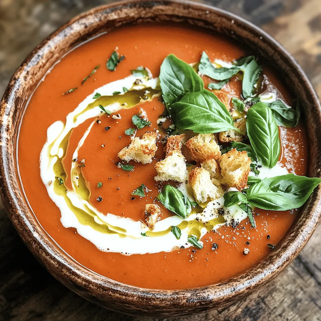 - 2 tablespoons extra virgin olive oil - 1 medium onion, finely chopped - 3 cloves garlic, minced - 1 medium carrot, diced - 2 cans (14 oz each) fire-roasted diced tomatoes - 4 cups vegetable broth - 1 tablespoon sugar (optional, to balance acidity) - 1 teaspoon dried basil - 1 cup heavy cream (or use coconut cream for a dairy-free option) - 1/4 cup fresh basil leaves, finely chopped - Sea salt and freshly ground black pepper to taste - Croutons and whole fresh basil leaves for garnish You can add more depth to your soup. Consider using: - A pinch of red pepper flakes for heat - A squeeze of lemon for brightness - A dash of balsamic vinegar for tang To make this soup, gather these tools: - A large, heavy-bottomed pot - A wooden spoon for stirring - An immersion blender or countertop blender - Measuring cups and spoons - A knife and cutting board for prep This tasty soup is easy to make. With these ingredients and tools, you'll create a dish that warms the soul. For detailed cooking steps, check out the Full Recipe. First, gather all your ingredients. You need: - 2 tablespoons extra virgin olive oil - 1 medium onion, finely chopped - 3 cloves garlic, minced - 1 medium carrot, diced - 2 cans (14 oz each) fire-roasted diced tomatoes - 4 cups vegetable broth - 1 tablespoon sugar (optional) - 1 teaspoon dried basil - 1 cup heavy cream - 1/4 cup fresh basil leaves, finely chopped - Sea salt and black pepper Make sure to have a large, heavy-bottomed pot ready. This pot will help cook the soup evenly. 1. Heat the olive oil in the pot over medium heat until it shimmers. 2. Add the chopped onion. Sauté for about 5 minutes until it softens and turns translucent. 3. Next, stir in the minced garlic and diced carrot. Cook them for another 3 minutes. You want the garlic to smell great and the carrot to soften. 4. Pour in the fire-roasted diced tomatoes and their juices. Add the vegetable broth next. If you like, sprinkle in the sugar. This helps balance the tomato’s acidity. Stir in the dried basil. Bring the mix to a gentle boil. 5. Once it boils, reduce the heat to low. Let the soup simmer uncovered for about 20 minutes. 6. Take the pot off the heat. Use an immersion blender to puree the soup until it’s smooth. If you don’t have one, carefully transfer it to a blender in batches. Blend until creamy. 7. Return the pot to low heat. Slowly stir in the heavy cream. Warm the soup for 5 minutes. Don’t let it boil, or the cream can lose its charm. 8. Finally, mix in the fresh basil leaves. Season the soup with sea salt and black pepper. Taste and adjust as you like. Ladle the soup into bowls. For a lovely touch, top each bowl with croutons and a few fresh basil leaves. This makes your dish look inviting and adds extra flavor. Enjoy every spoonful of this creamy delight! To get a creamy soup, you need to blend it well. Use an immersion blender for a smooth finish. If you don't have one, blend in batches in a regular blender. Adding heavy cream at the end gives it a rich taste. Heat the soup gently after adding cream. This keeps it creamy and avoids curdling. One common mistake is boiling the soup after adding cream. This can cause the cream to separate. Another mistake is not blending enough. A chunky soup will not feel creamy. Also, skip the salt until the end. This helps you control the flavor better. Lastly, don’t rush the simmering time. Letting it simmer allows all flavors to blend. Presentation makes your soup inviting. Use deep bowls to show off the color. Add croutons for crunch and texture. A few whole basil leaves add a fresh look. Drizzle a little cream in a swirl for flair. Serve with a slice of crusty bread to complete the meal. Enjoy the delight of a beautifully served dish! {{image_4}} If you want to make this soup dairy-free, you can use coconut cream instead of heavy cream. Coconut cream adds a rich flavor and keeps it creamy. You can also try almond milk or cashew cream for a lighter option. These swaps keep the soup flavorful and smooth while making it vegan-friendly. To give your soup a kick, add red pepper flakes or a dash of hot sauce. Start with a small amount, then taste and adjust. You can also blend in fresh jalapeños for a unique twist. This helps balance the tomato flavor with some heat, making each bite exciting. In summer, use fresh tomatoes instead of canned. Just roast them for extra flavor. In fall, add roasted butternut squash for a sweet touch. You can also toss in fresh spinach or kale for a nutrient boost. These seasonal changes keep the soup fresh and exciting all year round. After you make the soup, let it cool completely. Pour the soup into a clean container. Make sure it has a tight lid. Store it in the fridge for up to five days. This keeps the soup fresh. If you want to save it longer, consider freezing. To freeze the soup, use freezer-safe containers. Leave some space at the top for the soup to expand. You can also use ice cube trays for small portions. Once frozen, store the cubes in a zip-top bag. This way, you can use just what you need. The soup can last up to three months in the freezer. When it's time to eat, gently reheat the soup. You can do this on the stove or in the microwave. If using the stove, heat it on low. Stir often to keep it smooth. If you find it too thick, add a splash of vegetable broth or water. This helps bring back its creamy texture. Enjoy your warm bowl of soup! You can serve many things with creamy tomato basil soup. A classic grilled cheese sandwich pairs well. The crispy bread and cheesy goodness match the soup's creaminess. You might also try a fresh garden salad. This adds crunch and brightness to your meal. For a heartier option, consider a slice of crusty bread. Dipping it into the soup brings joy. Creamy tomato basil soup lasts about 3 to 5 days in the fridge. Make sure to store it in an airtight container. This will keep it fresh for longer. If you want to enjoy it later, label the container with the date. Yes, you can use fresh tomatoes instead of canned. Choose ripe tomatoes for the best flavor. You will need about 2 pounds of fresh tomatoes. Peel and chop them before adding to the pot. Keep in mind, fresh tomatoes may require longer cooking time. For the complete guide, check out the Full Recipe. It includes all the steps to make this delicious soup from scratch. We covered how to make a rich and tasty creamy tomato basil soup. You learned about key ingredients and helpful tools. I shared tips for the best texture and ways to avoid mistakes. We also explored fun variations and how to store leftovers. Remember, cooking is about enjoying your time. Use fresh ingredients and make it your own. Transform your kitchen into a place of flavor and warmth with this simple recipe. Your delicious soup awaits!