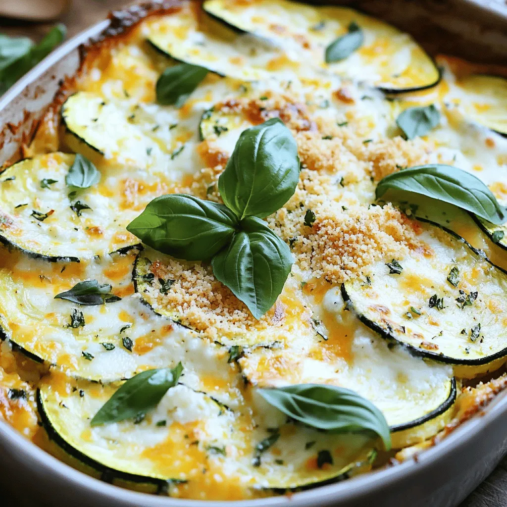 - 4 medium zucchinis, sliced into even rounds - 1 cup fresh ricotta cheese - 1 cup shredded mozzarella cheese, divided - ½ cup finely grated Parmesan cheese, divided - 2 cloves garlic, minced - 1 teaspoon dried oregano - 1 teaspoon dried basil - ½ teaspoon red pepper flakes (optional for added heat) - 1 cup panko breadcrumbs - 2 tablespoons extra virgin olive oil - Fresh basil or parsley for garnish Creating Cheesy Zucchini Bake is fun and simple. The main stars are the zucchinis, which give the dish a fresh taste. I love using medium zucchinis because they hold their shape well when baked. The ricotta cheese adds creaminess, while mozzarella and Parmesan bring that golden, bubbly goodness. I season the dish with garlic for depth and flavor. Oregano and basil add warmth and earthiness. If you like a little heat, red pepper flakes do the trick. For crunch, I use panko breadcrumbs. They create a lovely texture on top. A drizzle of olive oil makes the breadcrumbs golden and crisp. Finally, I garnish with fresh herbs like basil or parsley. They add color and a burst of freshness. This dish is rich, flavorful, and perfect for sharing. Find the full recipe in the article to make your own Cheesy Zucchini Bake! First, preheat your oven to 375°F (190°C). This is important for even baking. Next, take a 9x13-inch baking dish. Grease it with non-stick spray or drizzle some olive oil. Make sure to cover the whole dish to prevent sticking. Slice the zucchinis into even rounds. In a large bowl, combine these slices with minced garlic, dried oregano, dried basil, and red pepper flakes if you want some heat. Add a good pinch of salt and pepper. Toss everything gently until all pieces are well coated. This will ensure every bite is packed with flavor. In another bowl, mix the ricotta cheese with half of the shredded mozzarella and half of the grated Parmesan. Stir well until the mixture is smooth and creamy. This will be the rich layer that adds depth to your dish. Start layering your dish by placing half of the seasoned zucchini slices at the bottom. Then, spread half of the cheese mixture over the zucchini. Repeat with the rest of the zucchini slices and then the remaining cheese mixture. This layering makes the dish visually appealing and tasty. Now, sprinkle the rest of the shredded mozzarella and Parmesan on top. This will give your dish a cheesy crown. In a small bowl, mix the panko breadcrumbs with olive oil. Stir until all breadcrumbs are coated. Then, evenly spread this mixture over the cheesy layer for a crunchy topping. Place the baking dish in your preheated oven. Bake for 25-30 minutes. Watch for the top to turn golden brown and bubble. This means it is ready. After baking, let it cool for a few minutes. This helps the layers set, making slicing easier. You can find the full recipe for more detailed instructions and tips. Enjoy your Cheesy Zucchini Bake! When selecting zucchini, look for firm and shiny skin. Avoid any with soft spots or blemishes. Choose medium-sized zucchinis for the best flavor and texture. Smaller zucchinis tend to be sweeter and more tender than larger ones. If you find organic zucchini, grab those for better taste and health. Fresh zucchini makes this Cheesy Zucchini Bake even more delightful. You can easily modify the seasoning to suit your taste. If you like garlic, add more minced cloves. For a spicy kick, increase the red pepper flakes. Feel free to mix in other herbs like thyme or rosemary for extra flavor. Always taste as you go, so you can find the perfect balance. This way, your Cheesy Zucchini Bake will be just how you like it. To ensure even cooking, layer your ingredients evenly in the dish. Spread the zucchini slices and cheese mixture in a flat layer. This helps everything cook through nicely. Keep an eye on the bake time. You want a golden-brown top with bubbly cheese. If the top browns too fast, cover it loosely with foil. This keeps it from burning while the center cooks through. {{image_4}} You can easily add meat to your Cheesy Zucchini Bake. Ground turkey or beef works great. Simply brown the meat in a pan before mixing it with the zucchini. This adds flavor and protein. You can mix the cooked meat into your seasoned zucchini before layering. Just remember to adjust the seasoning slightly to balance the flavors. For a vegetarian twist, consider adding more veggies. Spinach and bell peppers are fantastic choices. You can sauté these veggies lightly before mixing them with the zucchini. This step enhances their flavors and keeps them tender. Feel free to experiment with other vegetables too, like mushrooms or carrots. If you need a gluten-free version, swap the panko breadcrumbs. Use gluten-free breadcrumbs or crushed gluten-free crackers instead. You can also try almond flour for a nutty flavor. Check all other ingredients to ensure they are gluten-free, too. This way, you can enjoy your dish without worry. To keep your Cheesy Zucchini Bake fresh, store leftovers in an airtight container. Place it in the fridge within two hours after baking. This helps prevent spoilage. The dish stays good in the fridge for about three to four days. Always label the container with the date. This way, you know when it’s time to enjoy it or toss it. Reheat your Cheesy Zucchini Bake to bring back its cheesy goodness. The best method is using the oven. Preheat your oven to 350°F (175°C). Place the leftovers in a baking dish. Cover it with foil to keep moisture in. Heat for about 15-20 minutes, or until it's warm. This keeps the texture nice and melty. You can also use the microwave. Heat in short bursts of 30 seconds, checking often. Stir it well to avoid hot spots. If you want to save some for later, freezing is a great option. First, let the dish cool completely. Then, cut it into portions for easy use. Wrap each portion tightly in plastic wrap. After that, place them in a freezer-safe bag. Label the bag with the date. The Cheesy Zucchini Bake can stay in the freezer for up to three months. When ready to eat, thaw it overnight in the fridge. Reheat it in the oven for the best results. Enjoy your delicious dish anytime! For the full recipe, check the earlier section. Yes, you can make Cheesy Zucchini Bake ahead of time. Prepare the dish up to the baking step. Cover it tightly with plastic wrap or foil. Store it in the fridge for up to 24 hours. When ready to bake, let it sit at room temperature for about 15 minutes. This helps it bake evenly. Then, pop it in the preheated oven for 30 to 35 minutes. This allows the bake to heat through and develop that golden topping. Cheesy Zucchini Bake pairs well with many sides. Here are some tasty options: - A simple green salad with lemon vinaigrette - Garlic bread for a crunchy bite - Steamed vegetables, like broccoli or green beans - Quinoa as a healthy grain option - Grilled chicken or fish for added protein These sides complement the rich flavors of the bake and create a balanced meal. Baking Cheesy Zucchini Bake takes about 25 to 30 minutes. You want the top to be golden brown. It should bubble slightly to show it’s hot inside. Always check for doneness before serving. If it needs more time, continue baking in 5-minute increments. This blog post covered everything you need for a tasty Cheesy Zucchini Bake. We started with the main ingredients, like zucchini and cheeses, and discussed key seasonings. Step-by-step, you learned how to prepare, layer, and bake your dish. I shared tips for the perfect bake and fun variations to try. Don't forget to store leftovers properly for later enjoyment. With this knowledge, you can create a delicious meal that everyone will love. Enjoy your cooking adventure!