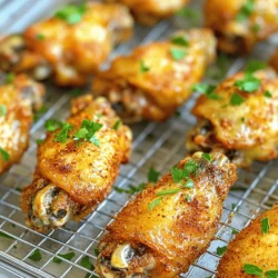 - 2 lbs chicken wings - 1 tablespoon baking powder - Spices: garlic powder, onion powder, smoked paprika - Optional: cayenne pepper - Seasoning: salt and pepper - 2 tablespoons olive oil - Garnish: fresh parsley - Baking sheet - Aluminum foil - Wire rack - Mixing bowl - Whisk Gather these ingredients to start your tasty journey. You want fresh chicken wings. Look for wings that are plump and juicy. Baking powder is key for a crispy texture. It works by drawing moisture out of the skin. The spices add flavor and warmth. Garlic powder gives a nice kick. Onion powder adds a sweet depth. Smoked paprika brings that smoky taste that everyone loves. If you like spice, add cayenne pepper. Salt and pepper boost the flavors too. Use good quality olive oil for the best results. It helps the spices stick and adds richness. Fresh parsley is great for a pop of color. It makes the dish look fresh and inviting. You will also need some kitchen tools. A baking sheet lined with aluminum foil makes cleanup easy. A wire rack is essential for airflow. This helps the wings crisp up nicely. A mixing bowl and whisk combine the spices effortlessly. Once you have everything, you are ready to make your oven-baked crispy chicken wings. Check out the Full Recipe for complete steps! - Preheat the oven to 425°F (220°C). - Line a baking sheet with aluminum foil. I always start by preheating my oven. This ensures the wings cook evenly and get crispy. I line the baking sheet with foil for easy cleanup. It's worth the little extra effort! - Combine dry ingredients in a mixing bowl. - Coat the chicken wings with spice mixture and olive oil. Now, grab a mixing bowl. In it, I combine the baking powder, garlic powder, onion powder, smoked paprika, and optional cayenne pepper. I add salt and pepper too. I whisk it all together until it’s mixed well. Next, I take the chicken wings and add them to the bowl. I drizzle olive oil over the wings and toss them. This helps the spice mix stick. I make sure every wing gets a nice coating. - Arrange wings on the wire rack. - Bake for 40-45 minutes, flipping halfway. I carefully place the coated wings on the wire rack. I make sure they are not touching. This allows the hot air to move around them. I bake the wings for 40-45 minutes. About halfway through, I flip them over. This helps both sides get crispy. I watch them closely. The goal is a golden brown color. After baking, I let them rest for five minutes. This helps keep them juicy. For a nice finish, I sprinkle fresh parsley on top. For the full recipe, check out the earlier sections. To get that perfect crunch, use baking powder. It helps the skin puff up. This simple step makes a huge difference. Always place your wings on a wire rack. This allows air to flow around them, cooking them evenly. The heat circulates and gives you that crisp texture. Want extra flavor? Try marinades! Soy sauce, honey, and garlic can add a tasty twist. You can also mix in fresh herbs like rosemary or thyme. Adjust the spice level to fit your taste. Add more cayenne for heat or keep it mild for kids. Avoid overcrowding the baking sheet. If wings are too close, they won't crisp up well. Give them space to breathe. Also, remember to flip the wings halfway through cooking. This helps them brown evenly and keeps them crispy. Following these tips will ensure your wings turn out great every time! For the full recipe, check out the detailed steps above. {{image_4}} You can change the taste of your wings easily. For an Asian-inspired flavor, use soy sauce, ginger, and garlic. This mix gives the wings a savory, rich taste. You can marinate the wings for a few hours to make the flavors deeper. If you love BBQ, try a BBQ sauce glaze. Brush it on right before serving for a sweet and tangy kick. You can even mix your favorite BBQ sauce with some honey for a caramelized finish. Want crispy wings but don't have an oven? Try an air fryer! Set it to 400°F (200°C) and cook the wings for about 25-30 minutes. Shake the basket halfway for even cooking. The air fryer gives you a crispy texture without much oil. Grilling is another fun option. Use a medium heat and cook the wings for 20-25 minutes. Turn them often to get that nice smoky flavor. It’s perfect for summer cookouts or family gatherings. Dipping sauces can make your wings even better. Classic ranch or blue cheese dressing pairs perfectly. For a twist, try a spicy sriracha mayo or a sweet chili sauce. You can also serve these wings with sides. Celery sticks add crispness, while coleslaw gives a cool, creamy touch. French fries or a fresh salad also work well for a complete meal. For the full recipe, check out the Crispy Oven-Baked Chicken Wings section. After enjoying your crispy chicken wings, let them cool down. This step is key. Place the wings in a shallow dish. Cover them tightly with plastic wrap or a lid. You can also use an airtight container for better freshness. Store them in the fridge for up to three days. To reheat your wings, the oven is best. Preheat it to 350°F (175°C). Place the wings on a baking sheet. Bake for about 10 to 15 minutes. This method keeps them crispy. You can also use an air fryer if you have one. Heat them at 360°F (182°C) for about 5 to 8 minutes. If you want to save wings for later, freezing works well. First, cool the wings completely. Arrange them in a single layer on a baking sheet. Place them in the freezer for about an hour. Once frozen, transfer the wings to a freezer bag. Remove as much air as possible. This helps prevent freezer burn. You can store them for up to three months. When ready to eat, thaw them in the fridge overnight. To reheat, follow the same oven or air fryer steps. Enjoy your tasty wings anytime! For the full recipe, check out the main article. To make wings extra crispy, use baking powder. Baking powder helps create a crunchy texture. It draws moisture away and makes the skin crispier. Spacing is key during baking. Place wings apart on the rack. This allows hot air to circulate, making all sides crispy. If wings touch, they will steam instead of crisp. Yes, you can use frozen wings. Just adjust the cooking time. Add about 10-15 minutes to the total baking time. Check the temperature to ensure they reach 165°F (74°C). For best results, do not thaw wings before cooking. This keeps them juicy and helps achieve a nice crunch. Classic choices include ranch and blue cheese. Both sauces add a creamy coolness to spicy wings. They balance the heat perfectly. For unique options, try hot sauce or honey mustard. Hot sauce adds more heat, while honey mustard gives a sweet twist. These options make your wings even more delicious! This blog post covered everything you need for delicious chicken wings. You learned about key ingredients, tools, and simple steps to make them crispy. We shared tips to avoid common mistakes and ideas for flavor variations. Think about how fun it is to try different dips and sides. Remember, crispy wings are just a recipe away. Enjoy experimenting and finding your favorite way to serve them!