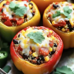 - 4 large bell peppers (red, yellow, or green) - 1 cup quinoa - 2 cups vegetable broth - 1 can (15 oz) black beans - 1 cup corn - 1 medium onion - 2 cloves garlic - Ground cumin, smoked paprika, chili powder - 1 cup diced tomatoes and shredded cheese When making stuffed bell peppers, choose your bell peppers first. I love using red, yellow, or green peppers for their bright colors. They not only look good, but they also taste great. Next, quinoa is a star in this dish. It is a super grain packed with protein. You will need one cup, rinsed well, to remove any bitterness. For cooking the quinoa, I use vegetable broth instead of water. This adds more flavor to the dish. Now, let’s talk about the additional ingredients. I use one can of black beans for protein and fiber. Make sure to drain and rinse them well. Corn adds sweetness and a nice texture, so I usually go for one cup. A medium onion adds depth to the filling. Dice it up before cooking. For seasonings, I like to keep it simple but flavorful. You will need two cloves of garlic, minced. Ground cumin, smoked paprika, and chili powder give the dish a warm, spicy kick. Lastly, you can add one cup of diced tomatoes. If you want a creamy texture, top it with shredded cheese before baking. You can find the full recipe in the link above. This mix of ingredients creates a healthy and tasty meal that everyone will love! - Preheat the oven to 375°F (190°C). - Slice the tops off and remove seeds. First, I set my oven to 375°F. This heat will make the peppers tender and warm the filling. Next, I grab my bell peppers. I like to choose bright colors like red, yellow, or green. They look great on the plate. I slice the tops off and remove the seeds inside. This step is key. It makes space for our tasty filling. - Combine quinoa and broth in a saucepan. - Bring to a boil, then simmer and fluff. While the peppers wait, I cook the quinoa. I measure one cup of quinoa and rinse it well. Then, I add it to a saucepan with two cups of vegetable broth. I turn the heat to high and bring it to a boil. Once it bubbles, I reduce the heat to low, cover it, and let it simmer for about 15 minutes. After that, I fluff it with a fork. Fluffy quinoa is a must for our stuffed peppers. - Sauté onion and garlic. - Fold in beans, corn, tomatoes, and spices. Now, I move to the filling. In a large skillet, I heat some olive oil. I add a diced onion and sauté it until it turns soft. This takes around 3-4 minutes. Next, I toss in minced garlic and cook for one more minute. The smell is amazing! Then, I mix in black beans, corn, diced tomatoes, cumin, smoked paprika, and chili powder. I also sprinkle some salt and pepper. I stir well and let it heat for about 5 minutes. Finally, I fold in the quinoa. This creates a colorful and tasty filling for our peppers. Now, you have all the steps to make delicious stuffed bell peppers. If you want the full recipe, be sure to check out the details! How to achieve fluffy quinoa To get fluffy quinoa, rinse it well before cooking. This removes the bitter coating. Use a ratio of one cup quinoa to two cups broth. After boiling, lower the heat and cover. Let it simmer for about 15 minutes. Once done, fluff it gently with a fork. This step keeps the grains separate and light. Tips for sautéing onions and garlic Start with a hot pan and a bit of oil. Add diced onions and cook until they look clear. This takes about 3 to 4 minutes. Then, add minced garlic for flavor. Cook it for only one minute. Garlic burns fast, so keep an eye on it. Suggestions for additional spices Consider adding spices like oregano or thyme. These spices boost the taste. A pinch of cayenne pepper adds heat if you like spice. For a citrus kick, try a squeeze of lime juice right before serving. Using fresh herbs for garnishing Fresh herbs make your dish pop. Use chopped cilantro or parsley. Sprinkle them on top just before serving. They add color and freshness to your stuffed peppers. Best cheeses for melting Cheddar and pepper jack are my favorites. They melt well and add creaminess. For a richer taste, mix in some mozzarella. Just sprinkle cheese on top before baking for extra gooeyness. Dairy-free cheese alternatives For a dairy-free option, look for coconut or almond-based cheeses. These melt nicely, too. Nutritional yeast is another good choice. It adds a cheesy flavor without dairy. {{image_4}} You can make stuffed bell peppers even heartier by adding protein. If you enjoy meat, chicken or turkey work great. Simply cook and shred or dice the meat before mixing it with the quinoa filling. For a lighter option, try using vegetarian proteins like tofu or lentils. Tofu adds a nice texture and absorbs flavors well. Lentils are packed with protein and give a great taste. Feel free to get creative with your veggies! You can replace bell peppers with zucchini or mushrooms. Each option gives a unique twist. You can also adjust the recipe based on seasonal produce. In summer, ripe tomatoes or fresh corn can enhance the dish. In winter, root vegetables like sweet potatoes can add warmth and depth. Want to spice things up? Try a Mexican-inspired version! Add salsa and jalapeños for a zesty kick. You can also mix in black olives for a nice flavor boost. If you prefer a Mediterranean twist, fold in feta cheese and olives for a rich taste. Both variations create a fun and flavorful meal. For the full recipe, check the earlier sections to guide you through this delicious process! To keep your stuffed peppers fresh, store them in an airtight container. Place them in the fridge within two hours of cooking. They can last up to four days. If you want to save them for longer, freezing is a great option. Wrap each pepper tightly in plastic wrap and then place them in a freezer-safe bag. This way, they can last up to three months. Just remember to label your bags with the date. When it comes to reheating, you can use either the oven or the microwave. If you choose the oven, preheat it to 350°F (175°C). Place the peppers on a baking sheet and cover them with foil. Heat for about 20 minutes. This method keeps the filling moist and the peppers warm. For the microwave, place one pepper on a plate and cover it with a damp paper towel. Heat on high for 2-3 minutes, checking to see if it’s hot all the way through. Stuffed peppers pair well with a variety of sides. Serve them with a fresh salad for a light meal. You can also add some crusty bread for texture. For added flavor, drizzle them with a tasty sauce. A dollop of yogurt or avocado dip makes a great addition, too. You can even serve them with salsa for a spicy kick. These options enhance the meal and make it even more enjoyable. Yes, you can prepare stuffed bell peppers ahead of time. First, cook the filling and cool it down. Then, fill the peppers and cover them tightly with plastic wrap. Store them in the fridge for up to 24 hours. When ready to bake, just pop them in the oven. This saves time and makes meal prep easier. If you want to swap quinoa, there are great options. Brown rice is a popular choice. It has a nice texture and flavor. Another option is couscous, which cooks quickly. If you prefer a low-carb option, try cauliflower rice. It absorbs flavors well and is very healthy. You can tell if the peppers are done by checking their texture. They should be tender and easily pierced with a fork. The cheese on top should be melted and bubbly. A golden color on the cheese shows that they are perfectly cooked. Yes, you can use frozen bell peppers for this recipe. Thaw them first to help them cook evenly. Drain any excess water from thawed peppers. This avoids a soggy filling. You can then stuff and bake them as usual. These stuffed bell peppers are a tasty and fun dish to make. We covered the main ingredients, step-by-step instructions, and tips for perfect flavor and texture. You can personalize the recipe with different proteins and veggies. Storing leftovers is simple, letting you enjoy this meal later. Whether you prep in advance or try various flavors, this dish is sure to please. Now, enjoy your cooking adventure and share these delicious stuffed peppers with others!