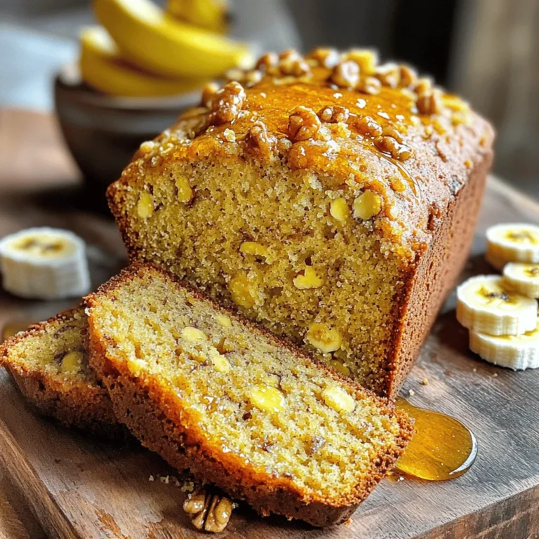 To make classic banana bread, you will need these simple ingredients: - 3 ripe bananas, thoroughly mashed - 1/3 cup coconut oil, melted - 1/2 cup brown sugar, packed - 1 large egg, beaten - 1 teaspoon pure vanilla extract - 1 teaspoon baking soda - Pinch of salt - 1 cup all-purpose flour - 1/2 teaspoon ground cinnamon - 1/2 cup chopped walnuts or pecans (optional) These ingredients come together to create a moist and flavorful bread that everyone loves. Coconut oil alternatives If you don't have coconut oil, you can use unsalted butter or canola oil. Both will work well and keep the bread rich. Swapping brown sugar for other sweeteners You can swap brown sugar for white sugar or honey. Just note that honey will make the bread a bit denser. Gluten-free flour options For a gluten-free option, use almond flour or a gluten-free all-purpose blend. This way, everyone can enjoy banana bread! 1. Preheat your oven to 350°F (175°C). This helps the bread bake evenly. 2. Grease a 9x5-inch loaf pan well. This ensures easy removal after baking. 3. In a large bowl, mash 3 ripe bananas until smooth. Use a fork; it works great! 4. Add 1/3 cup of melted coconut oil to the mashed bananas. Mix until combined. 5. Now, add 1/2 cup of brown sugar, 1 beaten egg, and 1 teaspoon of vanilla extract. Stir until smooth. 1. Sprinkle 1 teaspoon of baking soda and a pinch of salt over the banana mix. Mix gently. 2. Gradually sift in 1 cup of all-purpose flour and 1/2 teaspoon of ground cinnamon. 3. Use a spatula or wooden spoon to mix. Do not overmix; a few lumps are okay! 4. If you want, fold in 1/2 cup of chopped walnuts or pecans gently for a crunchy texture. 1. Pour the banana batter into your prepared loaf pan. Smooth the top for even baking. 2. Bake in the preheated oven for 55-60 minutes. The smell will be amazing! 3. To check for doneness, insert a toothpick into the center. It should come out clean. 4. Once baked, remove the loaf from the oven. Let it cool for 10 minutes. 5. Transfer the bread to a wire rack to cool completely before slicing. This recipe is simple and makes a tasty loaf. For the full recipe, check out the ingredients section. To make great banana bread, avoid overmixing. Overmixing can make the bread tough. Mix just until the flour blends in. A few lumps are fine! Choosing the right bananas is key. Use ripe bananas with brown spots for the best sweetness. The more spots, the sweeter the bread. If your bananas are not ripe, place them in a paper bag for a day. This speeds up the ripening process. Adding spices can boost flavor. A pinch of nutmeg gives warmth. Cloves add a nice twist, too. You can also try cinnamon or ginger for added depth. Experiment with extracts to find your favorite. Vanilla is classic, but almond or coconut can surprise you. Just a few drops can make a big difference. Serve your banana bread warm for the best taste. Cut slices and drizzle with honey for a sweet touch. You can also spread cream cheese on top. For a beautiful display, garnish with banana slices. A sprinkle of cinnamon adds color and flavor. Use a rustic wooden board for a homey feel. This makes your presentation inviting and fun! {{image_4}} You can have fun with banana bread by adding new flavors. Here are two tasty ideas: - Chocolate chip banana bread: Add 1 cup of chocolate chips to the batter. This makes the bread sweet and rich. The chocolate melts into the warm bread and creates a lovely treat. - Vegan banana bread options: Swap the egg for 1/4 cup of applesauce. Use non-dairy milk in place of coconut oil. This keeps the bread moist and delicious without any animal products. You can also change your banana bread based on the season. Here are two great suggestions: - Adding pumpkin for a fall twist: Mix in 1 cup of pumpkin puree. This gives the bread a warm, cozy flavor. Add a pinch of nutmeg for extra fall spice. - Incorporating dried fruits for a holiday special: Toss in 1/2 cup of dried cranberries or raisins. This adds a chewy texture and a burst of flavor for your holiday gatherings. If you're looking for different ways to bake banana bread, try these methods: - Instant Pot banana bread recipe: Pour the batter into a small, greased pan. Place it in the Instant Pot with a cup of water. Cook on high pressure for 50 minutes. This makes a moist, fluffy bread in no time. - Gluten-free banana bread variations: Substitute all-purpose flour with gluten-free flour blends. This way, everyone can enjoy your banana bread, no matter their diet. Store banana bread at room temperature for the best taste. Wrap it tightly in plastic wrap or foil. This keeps the bread moist and fresh. For extra protection, place it in an airtight container. If you live in a hot or humid area, the fridge may help it last longer. But, it can dry out in the fridge, so only use it if needed. To freeze banana bread, first let it cool completely. Then, slice the bread into pieces. Wrap each slice tightly in plastic wrap. Place all the wrapped slices in a freezer bag. This keeps them fresh for up to three months. To thaw, take out a slice and leave it at room temperature for about an hour. You can also warm it in the microwave for a few seconds if you want it warm. Banana bread lasts about 2 to 4 days at room temperature. Make sure to check for signs of spoilage. Look for mold or an off smell. If it feels very dry or hard, it’s best to toss it. Proper storage ensures you enjoy every slice of this delicious treat. For the full recipe, check out the Banana Bliss Bread section. To check if your banana bread is done, look for a few signs. The top should be golden brown and firm to the touch. You can also insert a toothpick into the center. If it comes out clean, the bread is ready. Another sign is the smell; it should fill your kitchen with a sweet aroma. If the edges pull away from the pan, that’s a good sign too. Yes, you can use frozen bananas! Just thaw them before using. Drain any excess liquid after they thaw. Mash them well, just like you would with fresh bananas. This can even enhance the flavor since frozen bananas tend to get sweeter. It’s a great way to use up overripe bananas you might have stashed in your freezer. If your banana bread turns out dense, there are a few tips to fix it. First, make sure you measure the flour correctly. Too much flour can cause density. Use a spoon to scoop flour into the measuring cup, then level it off. Also, avoid overmixing the batter. Mix just until combined, as overmixing can lead to a tough loaf. If you want it lighter, add one extra egg. Yes, it is normal for banana bread to crack on top! This happens during baking as the bread rises. It can also be due to humidity in the air. If your oven is too hot, it may crack more. To help prevent this, ensure your oven is at the right temperature and avoid opening the door while baking. Cracks are often a sign of a good rise! You can make delicious banana bread with simple steps. Remember to mash ripe bananas well and mix the ingredients without overdoing it. Adding tips for flavor and presentation can elevate your bread. Make sure to store it properly to keep it fresh. Whether you stick to classic recipes or try new twists, banana bread is always a tasty treat. Enjoy baking it and sharing it with others!