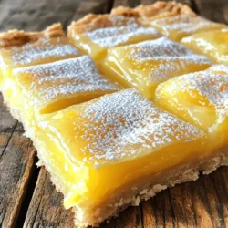 - 1 cup all-purpose flour - 1/2 cup powdered sugar - 1/4 cup unsalted butter - 1/2 teaspoon salt - 2 large eggs - 1 cup granulated sugar - 1/4 cup fresh lemon juice - Zest of 1 large lemon - 1/2 teaspoon baking powder To make classic lemon bars, you need simple ingredients that pack a punch. Each ingredient plays a key role in creating the perfect balance of sweet and tart. - Extra lemon zest for garnishing - Fresh berries for serving While the basic recipe shines, a touch of extra lemon zest can brighten the flavor. Fresh berries, like raspberries or blueberries, add a lovely color and taste. They make the dessert feel special and inviting. For the full recipe, check the detailed instructions above. You will enjoy making these lemon bars as much as you enjoy eating them! Preheat your oven to 350°F (175°C). While it heats, prepare an 8x8-inch baking dish. Lightly grease the dish and line the bottom with parchment paper. Make sure the paper hangs over the sides. This helps with easy removal later. In a medium mixing bowl, combine: - 1 cup all-purpose flour - 1/2 cup powdered sugar - 1/4 cup unsalted butter, melted - 1/2 teaspoon salt Mix these ingredients using a fork or your fingers. You want it to look like coarse crumbs. Press this mixture evenly into the bottom of your prepared baking dish. Place the baking dish in the preheated oven. Bake the crust for 15-18 minutes. It should be lightly golden around the edges. Once baked, take it out and let it cool slightly before you add the filling. In a separate bowl, whisk together: - 2 large eggs - 1 cup granulated sugar - 1/4 cup fresh lemon juice - Zest of 1 large lemon - 1/2 teaspoon baking powder Make sure the mixture is smooth and free of lumps. This step is key for a creamy filling. Pour the lemon filling over your slightly cooled crust. Spread it evenly. Place the baking dish back in the oven. Bake for another 20-25 minutes. The filling should set and turn a light golden color when done. After baking, let the lemon bars cool completely on a wire rack. This helps them set well and makes cutting easier. Once cool, use the parchment overhang to lift them out. Cut into squares or rectangles. Before serving, dust the tops with extra powdered sugar for a nice touch. Check out the full recipe for more details! - Use room temperature eggs for a smoother filling. - Ensure the crust is adequately cooled before adding filling. This step helps keep the crust firm. - Not baking the crust long enough can lead to a soggy base. - Overmixing the lemon filling makes it less airy. Blend just until smooth. - Dust with powdered sugar for a sweet finish. - Serve with a dollop of whipped cream or fresh fruit for added flavor and texture. These tips will help you create the best lemon bars. Try these suggestions for a delightful treat! For the full recipe, check out the details above. {{image_4}} You can play with flavors in your lemon bars. Here are two favorites: - Coconut lemon bars: Add shredded coconut to the filling. This gives a tropical twist and a chewy texture. Use unsweetened coconut for a balanced flavor. - Blueberry lemon bars: Mix in fresh or frozen blueberries. They add color and a sweet burst. Just fold them gently into the lemon filling. If you want to change the sweetness, try these options: - Using honey or agave syrup instead of sugar: Both honey and agave syrup can add a unique flavor. Use about three-quarters of a cup for each cup of sugar. Adjust to taste, as they are sweeter. - Gluten-free flour substitutions: You can use almond flour or coconut flour. They make the bars gluten-free. Keep in mind that the texture may change slightly. Switching up the crust can give your lemon bars a new twist: - Graham cracker crust: This classic option is sweet and crunchy. Just crush the crackers and mix them with melted butter. Press it firmly into the pan for a sturdy base. - Almond flour crust for a low-carb option: Almond flour is great for a low-carb diet. Mix it with melted butter and a bit of sweetener. This crust is nutty and delicious. These variations allow you to customize your lemon bars. Feel free to mix and match to find your favorite. For the full recipe, make sure to check it out! To keep your lemon bars fresh, store them in the fridge. Place the bars in an airtight container. This will help keep moisture out and preserve their taste. Line the container with parchment paper. This makes it easy to lift out the bars later. You can also cover the dish tightly with plastic wrap if you prefer. If you want to save some lemon bars for later, freezing is a great option. First, cut the bars into squares. Then, wrap each piece in plastic wrap. Place them in an airtight container or a freezer bag. Make sure to remove as much air as possible. You can freeze them for up to three months. When you're ready to eat, thaw them in the fridge overnight. Lemon bars last about one week in the fridge. Keep an eye on them for signs of spoilage. If you see any mold or changes in color, it's best to throw them out. A strong, off smell is also a sign they may have gone bad. For the best taste, enjoy them fresh! To cut lemon bars well, first cool them completely. Then, lift them out of the pan using the parchment paper. Use a sharp knife for clean cuts. Wipe the knife with a damp cloth after each cut. This step helps keep the edges neat. For even squares, mark your cuts lightly before slicing. Yes, you can make lemon bars ahead of time. They taste great after a day in the fridge. Just store them in an airtight container. This helps keep them fresh. You can prepare them up to three days ahead of serving. It makes them a great choice for parties or gatherings. Lemon bars are done when the filling is set. Look for a light golden color on top. You can also gently shake the pan. If the filling jiggles slightly in the center, it's ready. Let them cool fully for the best texture before cutting. Yes, you can swap some ingredients. For a gluten-free option, use almond flour. Instead of granulated sugar, try honey or agave syrup. If you want a richer taste, use brown sugar. Just remember, these changes may shift the flavor and texture a bit. Experiment and find what works for you! In this post, I shared how to make delicious lemon bars. We covered ingredients, step-by-step instructions, and tips for perfect results. Remember to use room temperature eggs and cool your crust fully. Feel free to explore variations, too! These bars are great for sharing or enjoying at home. Following these steps will help you create a treat everyone will love. Enjoy your baking!