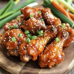 - Chicken and Cooking Oils - 2 pounds chicken wings - 1 tablespoon sesame oil - 1 tablespoon vegetable oil - Aromatics and Seasonings - 4 cloves garlic, finely minced - 1 tablespoon fresh ginger, finely grated - ¼ cup gochujang (Korean red chili paste) - 2 tablespoons soy sauce - 2 tablespoons honey - 1 tablespoon rice vinegar - Salt and pepper to taste - Garnish Ingredients - 1 tablespoon sesame seeds (for garnish) - 2 green onions, finely sliced (for garnish) When I make these spicy Korean chicken wings, I always start with fresh ingredients. The chicken wings are the star of the show. They are juicy and hold flavors well. I use both sesame oil and vegetable oil to add depth. Aromatics like garlic and ginger give a nice kick. Gochujang is key for that signature heat and flavor. It’s thick and rich, perfect for coating the wings. Soy sauce adds saltiness, while honey brings sweetness. Rice vinegar gives a bit of tang, balancing the flavors. For garnish, I love using sesame seeds and sliced green onions. They add color and crunch. The sesame seeds also bring a nutty flavor that pairs well with the wings. This mix of ingredients makes for a delicious and easy recipe. You can find the full recipe linked above. - Preheating and Arranging Preheat your oven to 425°F (220°C). Line a baking sheet with foil. Place a wire rack on top for airflow. - Coating the Chicken Wings In a large bowl, add 2 pounds of chicken wings. Pour in 1 tablespoon of sesame oil and 1 tablespoon of vegetable oil. Add 4 minced garlic cloves and 1 tablespoon of grated ginger. Toss everything together. Make sure the wings are well coated. - Mixing the Marinade In another bowl, mix ¼ cup of gochujang, 2 tablespoons of soy sauce, 2 tablespoons of honey, and 1 tablespoon of rice vinegar. Add a pinch of salt and pepper. Stir until smooth. - Baking Instructions Pour the marinade over the wings. Toss to coat the wings evenly. Arrange them in a single layer on the wire rack. Bake for 30 to 35 minutes. - Flipping and Monitoring Halfway through baking, flip the wings to ensure even cooking. This helps them get crispy on both sides. Keep an eye on them to avoid burning. - Resting Time Once done, remove the wings from the oven. Let them rest for about 5 minutes. This helps keep them juicy. - Garnishing the Wings Before serving, sprinkle the wings with 1 tablespoon of sesame seeds. Add finely sliced green onions for a colorful touch. Serve them on a large platter with fresh veggie sticks and extra gochujang for dipping. Enjoy these wings hot and fresh for a tasty dinner! For the full recipe, check out the details above. Achieving Crispy Wings To get crispy chicken wings, start by drying them well. Use paper towels to remove any moisture. This helps them get nice and crispy in the oven. Arrange the wings in a single layer on a wire rack. This allows hot air to circulate around them. Bake at 425°F (220°C) for 30 to 35 minutes. Flip them halfway to ensure even cooking. Marinating Time Recommendations For the best flavor, marinate the wings for at least one hour. If you have more time, let them soak for four hours or overnight. This allows the spices to soak deep into the meat, making each bite delicious. Plating Ideas When serving, use a large, colorful platter. Arrange the crispy wings neatly. Add fresh vegetable sticks like carrot and cucumber around the edge. This adds color and a crunchy texture. Consider a small bowl of extra gochujang for dipping. It makes the dish interactive and fun. Accompaniments for Serving Pair your wings with a refreshing salad. A simple cucumber salad works great. You can also serve rice or steamed veggies on the side. This balances the heat and gives more variety to your meal. Alternatives to Gochujang If you can’t find gochujang, you can use sriracha or harissa. These give a nice kick too. Mix them with a bit of sugar to mimic the sweetness of gochujang. Oil and Garnish Options Instead of sesame oil, try olive oil or canola oil. They work well and add flavor. For garnish, if you don’t have sesame seeds, use chopped nuts or fresh herbs like cilantro. These add a nice touch and different flavor notes to your wings. For the full recipe, check out the Spicy Korean Chicken Wings section. {{image_4}} Extra Spicy Options If you love extra heat, add more gochujang to your wings. You can also mix in chili flakes. Another option is to use a spicy pepper sauce. This will give your wings a fiery kick. Sweet and Savory Alternatives For a sweeter flavor, mix in more honey or use maple syrup. You can also add a splash of orange juice for a fruity twist. This balances the heat and adds depth to your wings. Air Fryer Instructions To make these wings in an air fryer, preheat it to 400°F (200°C). Place the marinated wings in a single layer in the basket. Cook for 25 to 30 minutes, flipping halfway. This method gives you crispy wings with less oil. Grilling Method for Wings Grilling adds a smoky flavor. Preheat your grill to medium-high heat. Place the wings on the grill and cook for about 20 minutes, turning often. Watch them closely to avoid burning. Gluten-Free Modifications For gluten-free wings, use tamari instead of soy sauce. Check the gochujang label for gluten-free options. These small changes keep the flavor while meeting dietary needs. Low-Calorie Version To lower the calories, use less oil and honey. You can also bake them without the skin. This makes the wings lighter but still delicious. Enjoy your wings guilt-free! - Store leftover wings in an airtight container. - Let the wings cool down to room temperature first. - Place a paper towel in the container to absorb moisture. - Refrigerate the wings within two hours of cooking. Recommended Duration: You can keep the wings in the fridge for 3 to 4 days. After that, they may lose flavor and texture. - To freeze cooked wings, let them cool completely. - Arrange the wings in a single layer on a baking sheet. - Freeze them for about 1 hour until firm. - Once firm, move them to a freezer-safe bag. Thawing and Reheating Tips: - To thaw, place the wings in the fridge overnight. - Reheat them in the oven at 350°F (175°C) for about 15 minutes. - This keeps the wings crispy and delicious. For the full recipe, check out the Spicy Korean Chicken Wings section! To reduce the heat, use less gochujang. Start with one tablespoon instead of a quarter cup. You can also mix in some honey to balance the spice. Adding a splash of soy sauce will help too. If you want more flavor, consider using less garlic and ginger. This method keeps the wings tasty without overwhelming heat. Yes, you can use frozen wings. Just make sure to thaw them first. Thaw the wings in the fridge overnight for the best results. If you’re short on time, you can use the microwave. Cook them on the defrost setting, but keep an eye on them. Once thawed, follow the Full Recipe as usual. These wings pair well with many sides. Consider serving them with cucumber and carrot sticks for freshness. A light salad with a tangy dressing works great too. For a heartier option, serve them with rice or noodles. Don’t forget a small bowl of extra gochujang for dipping! This blog post walked you through making delicious Korean chicken wings. We covered key ingredients, preparation, and cooking steps. Tips helped ensure crispy, tasty wings, while variations catered to different tastes. You learned about storage, freezing, and answers to common questions. Enjoy experimenting with flavors and techniques. Whether you go spicy or sweet, these wings will impress. Share your creations with friends, and savor every bite. Happy cooking!