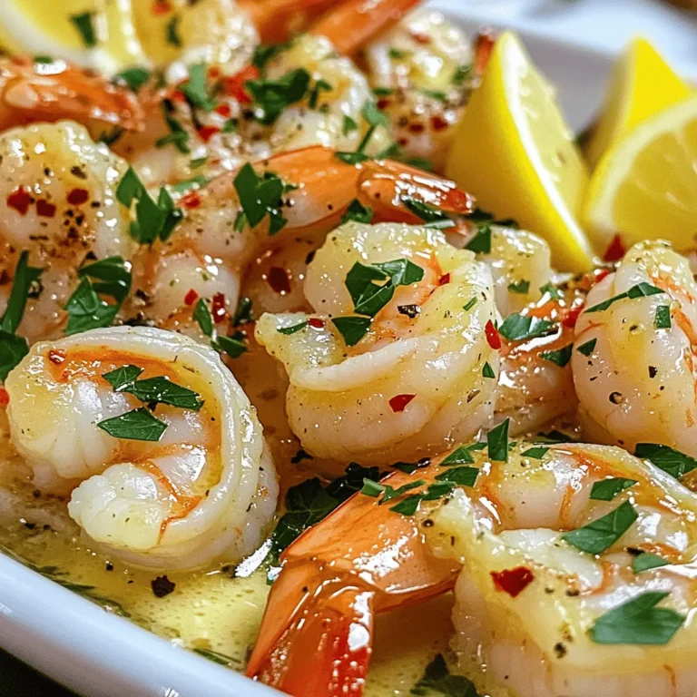 - 1 lb large shrimp, peeled and deveined - 4 tablespoons unsalted butter - 4 cloves garlic, finely minced - 1 teaspoon red pepper flakes - 1 tablespoon freshly squeezed lemon juice - 2 tablespoons fresh parsley, chopped - Salt and pepper to taste - Lemon wedges for serving The key to great garlic butter shrimp is quality ingredients. I always choose large shrimp. They cook nicely and have a great texture. Fresh garlic adds a strong flavor that makes this dish pop. Butter is vital in this recipe. It gives the sauce a rich taste. I prefer unsalted butter. This way, I can control the saltiness of the dish. Red pepper flakes bring heat. You can adjust the amount based on your taste. If you want more spice, add more flakes! Fresh lemon juice brightens the dish. It cuts through the richness of the butter. Fresh parsley adds a pop of color and freshness. It makes the shrimp look appealing on the plate. - Additional herbs (basil, thyme) - White wine or chicken broth Optional ingredients can elevate your dish. Fresh herbs like basil or thyme add depth. They complement the garlic and shrimp beautifully. Using white wine or chicken broth can enhance the sauce. Add a splash while cooking for an extra layer of flavor. It’s a simple way to make your meal taste gourmet. For the full recipe, check out the detailed steps to create this dish. Enjoy your cooking adventure! 1. Start by heating a large skillet over medium heat. 2. Add 4 tablespoons of unsalted butter to the pan. 3. Let the butter melt until it foams gently. 4. Next, add 4 cloves of finely minced garlic. 5. Toss in 1 teaspoon of red pepper flakes. 6. Sauté the mix for 1 minute. 7. Stir constantly to keep the garlic from burning. 1. Increase the heat to medium-high. 2. Gently add 1 pound of peeled and deveined shrimp to the skillet. 3. Sprinkle a pinch of salt and freshly ground black pepper over the shrimp. 4. Cook the shrimp for about 2-3 minutes on each side. 5. They will turn pink and opaque when done. 6. Avoid overcooking, as shrimp can become rubbery. 1. Remove the skillet from heat once the shrimp are cooked. 2. Stir in 1 tablespoon of freshly squeezed lemon juice. 3. Add 2 tablespoons of chopped parsley for freshness. 4. Ensure all the shrimp are coated in the buttery sauce. 5. Serve the shrimp right away with lemon wedges on the side. For a full recipe, check out the [Full Recipe]. To avoid overcooking shrimp, watch the color closely. When shrimp turn pink and opaque, they are done. This usually takes about 2-3 minutes per side. Remove them from the heat right away. Overcooked shrimp become tough and rubbery, so keep an eye on them. For the best cooking surface, use a non-stick or cast-iron skillet. These materials help heat evenly. They also make it easy to release the shrimp without sticking. A good skillet can make a big difference in your cooking. To boost the flavor, try adding spices like paprika or smoked paprika. You can also use fresh herbs like basil or thyme. They add depth to the dish. A splash of white wine or chicken broth can add richness to the sauce. For sides, consider serving garlic butter shrimp with rice or pasta. A fresh salad can also balance the meal. You can even serve it with crusty bread to soak up the sauce. This makes every bite better! For an impressive look, plate the shrimp on a large white platter. This helps the colors pop. You can sprinkle extra parsley on top for a fresh touch. Thinly sliced lemon rounds add brightness and flair. They make the dish look beautiful and inviting. To garnish, use a few sprigs of fresh herbs. These tiny details make a big difference. Your garlic butter shrimp will be a feast for the eyes as well as the taste buds. Check out the Full Recipe to make this delicious meal come to life! {{image_4}} To make your shrimp spicy, use different types of peppers. You can swap red pepper flakes for cayenne pepper. This will add a bold heat. You can also add fresh chopped jalapeños. Adjust the amount to suit your taste. Start small, then add more if needed. This way, you control the spice level. The key is to balance the heat with the buttery garlic sauce. This variation keeps the dish exciting and full of flavor. For a creamy twist, add cream or a milk alternative. Heavy cream gives a rich texture. If you prefer a lighter option, use almond milk or coconut milk. Add it after cooking the shrimp. Stir it in right before serving to make it velvety. This adds a lush feel to the dish. You can also mix in some grated cheese for extra flavor. Creamy garlic butter shrimp pairs well with rice or bread. Want a complete meal? Toss in some pasta. Cook your favorite pasta according to package directions. While the shrimp cooks, drain the pasta and set it aside. Once the shrimp is ready, add the pasta to the skillet. Toss it all together with the garlic butter sauce. This makes a hearty and filling dish. You can garnish with more parsley or some grated cheese. Serve it warm, and enjoy a delicious meal that’s quick and satisfying. Check out the Full Recipe for more details. To keep your garlic butter shrimp fresh, store it in an airtight container. Place the shrimp in the fridge within two hours of cooking. This helps maintain its flavor and texture. Use the shrimp within two days for the best taste. Reheat leftover shrimp gently. The best way is to warm it in a skillet over low heat. Add a bit of butter to keep it moist. Stir often until heated through. Avoid using the microwave, as it can make the shrimp rubbery. You can freeze garlic butter shrimp for future meals. Place the shrimp in a freezer-safe container. Make sure to remove as much air as possible. The shrimp will stay good for up to three months. To thaw, place the container in the fridge overnight. Reheat gently as described above. For the complete cooking process, check out the Full Recipe. Cooking shrimp is quick and easy. Typically, it takes about 2-3 minutes on each side. When shrimp turn pink and opaque, they are done. Avoid cooking them longer. Overcooked shrimp can become rubbery and tough. Keep an eye on them while cooking for the best results. Yes, you can use frozen shrimp! Just make sure to thaw them first. Place the shrimp in a bowl of cold water for about 15-20 minutes. This method will help keep their texture. After thawing, pat them dry with paper towels. This step prevents excess water from splattering in the pan. Garlic butter shrimp pairs well with many sides. Here are some tasty options: - Steamed rice - Garlic bread - Fresh salad - Roasted vegetables - Pasta with olive oil These sides complement the rich flavors of the shrimp. Feel free to mix and match based on your taste. Enjoy your meal! This blog post covers all you need for making delicious garlic butter shrimp. You learned the key ingredients, cooking tips, and flavor enhancement methods. I shared variations to suit your taste and storage tips for leftovers. Garlic butter shrimp is easy and quick to prepare. Enjoy your meal with family or friends! Remember, good cooking is about experimenting and having fun. Now you have the tools, so make this dish your own!