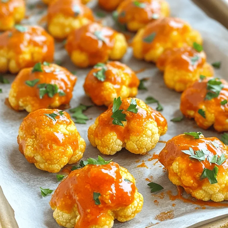 - 1 medium head of cauliflower - 1 cup all-purpose flour - 1 cup cold water - Spices: garlic powder, onion powder, smoked paprika - 1 cup buffalo sauce - 2 tablespoons olive oil To make buffalo cauliflower bites, you need fresh cauliflower. I prefer a medium head, as it gives a good amount of florets. You will also need all-purpose flour and cold water to create a batter that coats the cauliflower. Spices are key! Garlic powder, onion powder, and smoked paprika bring out great flavors. Using buffalo sauce is a must, and don’t forget the olive oil. It helps the sauce stick and adds richness. - Fresh parsley - Ranch or blue cheese dressing For garnishes, fresh parsley adds a bright touch. It makes the dish look nice and adds flavor. You can serve buffalo cauliflower bites with ranch or blue cheese dressing. These dips balance the heat and add creaminess. Check out the Full Recipe for more details on making this tasty snack! Start by preheating your oven to 450°F (232°C). This high heat helps create crispiness. Prepare a baking sheet by lining it with parchment paper. This will make cleanup easier later. Next, in a large bowl, mix one cup of all-purpose flour with one cup of cold water. Add one teaspoon each of garlic powder, onion powder, and smoked paprika. Don’t forget to sprinkle in some salt and freshly cracked pepper. Whisk until the batter is smooth and free of lumps. Now, take your cauliflower florets and dip them into the batter. Make sure each piece is well-coated on all sides. This coating will help achieve that crispy bite. Arrange the coated florets in a single layer on your baking sheet. Place the baking sheet in the oven. Bake the cauliflower for 20 to 25 minutes. Flip the florets halfway through to ensure even cooking. When they are golden brown, they are ready for the next step. While the cauliflower bakes, prepare the buffalo sauce. In a separate bowl, mix one cup of buffalo sauce with two tablespoons of olive oil. Stir well to combine. Once the cauliflower is golden and crispy, take it out of the oven. Carefully toss the florets in the buffalo sauce mixture until every piece is coated. Return the sauced cauliflower to the baking sheet and bake for another 10 to 15 minutes. This will allow the sauce to caramelize and crisp up. After baking, let the cauliflower cool slightly before serving. Enjoy your buffalo cauliflower bites as a tasty snack or appetizer! For the full recipe, check the details above. To get that great crunch, you must dry the cauliflower. After washing, pat the florets with a towel. This helps the batter stick and get crispy. Next, the baking temperature matters. I set my oven to 450°F (232°C). This high heat cooks the bites evenly and gives them a golden color. You should bake the cauliflower for 20-25 minutes. Remember to flip them halfway. This ensures all sides get that perfect crisp. Want more heat? Add extra hot sauce to your buffalo sauce mix. This packs a punch that spice lovers will enjoy. To balance the flavors, you can mix in garlic powder or onion powder. These spices add depth without overpowering the heat. Pair your buffalo cauliflower bites with dips. Ranch or blue cheese dressing works well. These cool dips balance the spicy bites nicely. You can also serve these bites with fresh veggies or a simple salad. This creates a colorful plate and adds freshness to your meal. For the full recipe, check out the detailed steps above. {{image_4}} You can easily make these bites gluten-free. Instead of all-purpose flour, use almond flour or gluten-free flour blend. These options still give you a nice crunch. For an extra layer of flavor, you can coat the cauliflower with crushed cornflakes or gluten-free breadcrumbs. This adds texture and keeps your snack crispy. To make a vegan batter, swap out regular flour for chickpea flour. Mix it with water and your favorite spices. This gives a great flavor and keeps it plant-based. For dipping sauces, try using cashew cream or a blend of tahini and lemon juice. These sauces taste amazing with the spicy bites and are dairy-free. Want to spice up your cauliflower bites? Add cayenne pepper or chili powder to your batter. These spices kick the heat up a notch. You can also mix in a dash of cumin or smoked paprika for extra depth. If you love sauces, drizzle some teriyaki or sriracha for a twist. These flavors will make your bites stand out! For the complete recipe and instructions, check out the [Full Recipe]. To keep your buffalo cauliflower bites fresh, use an airtight container. This helps prevent moisture. Store them in the fridge at a temperature below 40°F (4°C). Proper storage keeps them tasty and safe to eat. They stay good for about 3 to 4 days. If you want to keep them longer, consider freezing. Just make sure they cool completely before packing. The oven works best for reheating. Preheat it to 350°F (175°C). Spread the cauliflower bites on a baking sheet. Heat them for about 10-15 minutes. This method keeps them crispy. If you use a microwave, place the bites on a microwave-safe plate. Cover them with a damp paper towel. Heat for 1-2 minutes, but be aware they may get soft. Enjoy your delicious snack again! For the full recipe, check out the earlier sections. Yes, you can! Using an air fryer makes the bites even crispier. Here’s how: 1. Preheat your air fryer to 400°F (200°C). 2. Prepare the cauliflower as you would for baking. 3. Place the coated florets in a single layer in the air fryer basket. 4. Air fry for 15 minutes, shaking the basket halfway through. 5. Toss in buffalo sauce and air fry for another 5 minutes. This method saves time and gives you a great crunch! Buffalo cauliflower bites pair well with many dishes. Here are some ideas: - Ranch dressing or blue cheese dressing for dipping. - Celery sticks and carrot sticks for crunch. - Guacamole or salsa for extra flavor. - Veggie platters for a colorful side. - Chips or crispy snacks for a fun mix. These options enhance your snack and make your meal more enjoyable. Making buffalo sauce at home is simple. Here's a basic outline: 1. Combine 1 cup of hot sauce (like Frank's RedHot) with 1/2 cup of melted butter. 2. Add 1 teaspoon of garlic powder and 1 teaspoon of cayenne pepper for more heat. 3. Mix until smooth and heated through. Feel free to tweak the spice level to fit your taste! You can use this sauce for the bites or other dishes. For the full recipe, check the earlier section. Buffalo cauliflower bites offer a great way to enjoy a tasty snack. We covered key ingredients, simple steps, and helpful tips to make them crispy. You can even make variations for gluten-free or vegan diets. Remember, adjusting spice levels lets you customize the flavor. Aim for the perfect crunch and serve with dips. Storing leftovers properly will keep them fresh. With these insights, you can impress anyone with these delicious bites. Enjoy your cooking adventure!