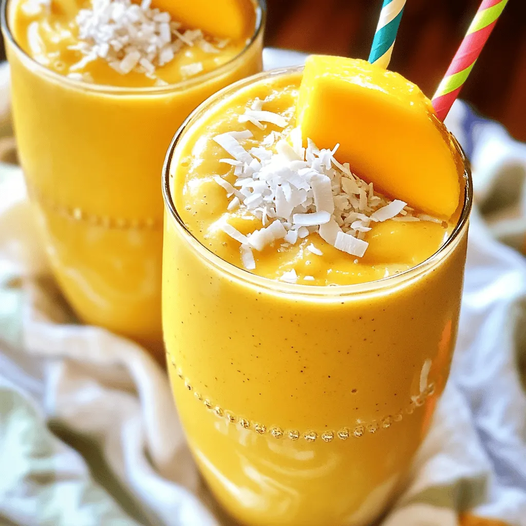 - 1 ripe mango, peeled and diced into cubes - 1 cup coconut milk (canned or fresh) - 1 banana, sliced into rounds - 1 tablespoon honey or maple syrup - 1/2 cup Greek yogurt (optional) - 1/4 teaspoon pure vanilla extract - 1/2 cup ice cubes - A pinch of salt The main ingredients create a smooth and creamy base. The ripe mango brings natural sweetness and a tropical flavor. Coconut milk adds richness, giving a nice creamy texture. The banana enhances the smoothness while adding a mild flavor. Honey or maple syrup sweetens the drink. Greek yogurt can make it even creamier and adds protein, but it’s not required. A touch of vanilla extract lifts the flavors, and ice cubes keep it cold and refreshing. Salt may seem odd, but it enhances the sweetness and overall taste. - Protein powder for added nutrition - Spinach or kale for a green boost You can easily customize this smoothie with add-ins. If you want a protein boost, just mix in some protein powder. If you want some greens, toss in spinach or kale. These options keep it tasty while adding more nutrients. You can play with these add-ins based on your needs. For the full recipe, check out the details provided above. Start by placing the diced mango, coconut milk, sliced banana, honey or maple syrup, and Greek yogurt into your blender. Adding the vanilla extract and a pinch of salt enhances the taste. Each ingredient brings its unique flavor, making the smoothie rich and creamy. Next, add the ice cubes to the blender. Ice helps chill the smoothie and gives it an enjoyable texture. You can adjust the amount based on how thick or thin you want it. Now, blend on high speed until your mixture turns smooth. This step ensures that no chunks remain. If the smoothie feels too thick, add a splash of coconut milk to reach your desired consistency. After blending, take a moment to taste your smoothie. If you want it sweeter, add more honey or maple syrup. Blend briefly again to mix well. This step is crucial for getting the right flavor. Once your smoothie is silky smooth, pour it into chilled glasses. Garnish each glass with fresh mango slices or a sprinkle of shredded coconut for a lovely touch. You can also use fun straws to make it more exciting. For the full recipe, check out the details provided above! To get the perfect smoothie thickness, start with the right amount of coconut milk. If your smoothie is too thick, add a splash more coconut milk. Blend again until it reaches your desired creaminess. For a thicker smoothie, add more frozen fruit or ice cubes. This keeps the drink cold and refreshing. When it comes to sweetness, everyone's taste is different. I like to start with a tablespoon of honey or maple syrup. After blending, taste your smoothie. If you want it sweeter, add a little more sweetener and blend briefly. Remember, you can always add more, but you can’t take it away! To keep your ingredients fresh, store them properly. Keep your mango and banana at room temperature until you are ready to use them. Then, refrigerate any leftovers. If you want longer shelf life, freeze your ripe mango. This way, it stays fresh and ready for your next smoothie. Enjoy that bright flavor every time! {{image_4}} You can add a fun twist to your creamy coconut mango smoothie. Try mixing in pineapple or orange. This gives your drink a fruity punch. The bright flavors will lift your spirits. Just toss in half a cup of fresh or frozen chunks. Blend until smooth for a refreshing treat. Want to take your smoothie to the next level? Add almond or peanut butter. Both options bring a rich flavor and creaminess. Just one tablespoon will do! Blend it in with the other ingredients. You’ll enjoy a nutty richness that pairs well with mango. If you're looking for a dairy-free smoothie, switch the Greek yogurt. Use a plant-based yogurt instead. Options like coconut or almond yogurt work well. They keep the creamy texture without dairy. This way, everyone can enjoy a tasty smoothie! To store leftover smoothies, place them in a sealed glass jar or container. Make sure to leave a little space at the top, as the smoothie may expand. Store it in the refrigerator for up to 24 hours. When you're ready to enjoy it again, give it a good shake or stir to mix any settled ingredients. If you want to save your smoothie for later, freezing is a great option. Pour the smoothie into an ice cube tray or freezer-safe container. Leave some space at the top, as it will expand when frozen. When you're ready to drink it, thaw it in the fridge overnight or blend the frozen cubes with a little coconut milk until smooth. To keep your smoothie tasting fresh, always store it in an airtight container. Citrus juice can help enhance and preserve flavor, so consider adding a splash of lemon or lime juice before storing. Avoid storing it in metal containers, as they can alter the taste. Yes, you can use frozen mango. It saves time and is easy to store. Frozen mango is often picked at peak ripeness, so it tastes great. However, it can make your smoothie thicker. You may need to add more coconut milk for a smoother blend. Absolutely! To make it vegan, use coconut yogurt instead of Greek yogurt. Choose maple syrup for sweetness. Ensure your coconut milk is dairy-free, and you’ll have a tasty vegan treat! To lower the calories, skip the Greek yogurt. Use light coconut milk instead of the rich kind. You can also reduce the honey or maple syrup. Consider using half a banana or a sugar substitute to keep the flavor. You can keep this smoothie in the fridge for up to 24 hours. However, it tastes best when fresh. If you want to store it, make sure to seal it tightly in a container. Stir well before drinking again. This smoothie has many health benefits. Mango offers vitamins A and C, which boost your immune system. Coconut milk adds healthy fats for energy. Greek yogurt adds protein if you use it. This drink can help keep you full and satisfied! In summary, this smoothie combines ripe mango, coconut milk, banana, and more for a tasty treat. I detailed tips for achieving the right consistency and balancing sweetness. You can try different fruits or nut butters to make it your own. Store leftovers in the fridge or freeze for later enjoyment. Enjoy this refreshing smoothie packed with flavor and nutrition!
