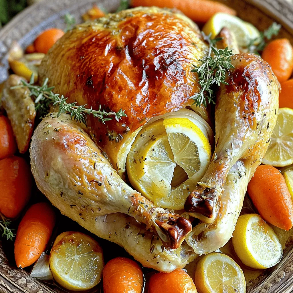 For the main dish, you need a few key items: - 1 whole chicken (approximately 4-5 pounds) - 4 cloves garlic, finely minced - 2 lemons (one juiced, one sliced into rounds) - 1/4 cup high-quality olive oil - Salt and freshly ground black pepper to taste These ingredients bring out the bright and tangy flavor in the chicken. The garlic adds depth, and the lemon gives that fresh zing. Fresh herbs make a big difference here. Use: - 2 tablespoons fresh rosemary, finely chopped (or 1 tablespoon dried rosemary) - 1 tablespoon fresh thyme leaves (or 1/2 tablespoon dried thyme) Both herbs add fragrance and flavor. They meld beautifully with the lemon and garlic, enhancing the dish's taste. You can add veggies for a complete meal. I recommend: - 1 medium onion, cut into quarters - 2 cups baby carrots (or a medley of your favorite root vegetables) The onion and carrots roast well. They soak up the chicken juices and become sweet and tender. You can always mix in your favorite vegetables too! For the full recipe, check the details provided above. First, gather all your ingredients. You will need a whole chicken, garlic, lemons, olive oil, herbs, and vegetables. Preheat your oven to 425°F (220°C). This ensures even cooking. In a bowl, mix olive oil, minced garlic, lemon juice, chopped rosemary, thyme, and salt and pepper. This mix will be your marinade. Next, pat the chicken dry with paper towels. This step helps the skin get crispy. Carefully loosen the skin from the breast and thighs. Use your fingers to do this gently. Avoid breaking the skin. Now, take half of your marinade and rub it under the skin. This adds flavor directly to the meat. Rub the rest of the marinade all over the chicken's outside. Stuff the chicken's cavity with onion quarters and lemon slices. This adds extra flavor. Arrange your baby carrots around the chicken in the roasting pan. This makes a complete meal. Tie the chicken legs with kitchen twine. This helps it cook evenly. Tuck the wing tips under the body to keep them from burning. Place the roasting pan in the oven. Roast the chicken for about 1 hour and 15 minutes. The chicken is done when it reaches an internal temperature of 165°F (75°C). The juices should run clear when pierced. Halfway through, baste the chicken with pan juices. This keeps the skin moist and adds flavor. Once fully cooked, remove the chicken from the oven. Let it rest for 10-15 minutes. Resting keeps the juices inside the meat. To carve, start with the legs. Cut through the joints to separate them. Next, carve the breast meat. Slice it into nice pieces. For serving, place the chicken on a large platter. Arrange the roasted carrots around it. You can add lemon slices and fresh herbs for a beautiful touch. This dish is not just tasty; it's also a feast for the eyes. Enjoy your Lemon Garlic Roasted Chicken! You can find the Full Recipe here. To ensure your chicken stays juicy, always start with a dry bird. Pat it down with paper towels before seasoning. This step helps achieve crispy skin. Another key tip is to rub the marinade under the skin. This adds flavor directly to the meat, making every bite delicious. Remember to let the chicken rest after roasting. This keeps the juices inside, making it tender. To boost flavor, consider adding more herbs. Fresh thyme and rosemary brighten up the dish. You can also include whole garlic cloves in the cavity. They roast beautifully and add rich taste. For a zesty kick, try using lime or orange juice instead of lemon. These small tweaks make a big difference in flavor. One mistake is overcooking the chicken. Always check the internal temperature with a meat thermometer. Aim for 165°F (75°C) to ensure safe eating. Another common error is skipping the resting time. Cutting too soon lets juices escape, resulting in dry meat. Lastly, don’t forget to season well. A pinch of salt and pepper can elevate the dish. For the full recipe, check out the earlier section. {{image_4}} You can mix up the herbs in this recipe. Instead of rosemary, try using sage or oregano. These herbs add their unique taste that pairs well with chicken. You can also add paprika or chili flakes for a bit of heat. Experiment with flavors to find what you like best. Each option offers a new twist on the classic dish. If you don't have a whole chicken, you can use chicken thighs or breasts. They will cook faster, so adjust your time. Lemon can be swapped with lime for a different flavor. Olive oil can be replaced with melted butter for a rich taste. Feel free to use any veggies you have on hand, like potatoes or bell peppers. I love one-pan meals for easy clean-up. You can add potatoes or green beans to the pan with the chicken. Toss them in the same marinade for a full meal. The veggies soak up the chicken's juices and flavor. This method makes dinner simple and delicious. For more ideas, check out the Full Recipe for tips on pairing sides. After enjoying your Lemon Garlic Roasted Chicken, store leftovers in an airtight container. Make sure to let the chicken cool to room temperature before sealing it. This helps keep the chicken fresh and tasty. You can store it in the fridge for up to 3 days. If you want to keep it longer, consider freezing the chicken. When ready to eat leftovers, preheat your oven to 350°F (175°C). Place the chicken in an oven-safe dish. Add a splash of chicken broth or water to keep it moist. Cover the dish with foil to prevent drying out. Heat for about 20-25 minutes or until warm. You can also microwave it, but it might not taste as great. Aim for even heating to maintain the chicken's juiciness. To freeze your Lemon Garlic Roasted Chicken, carve it into pieces. Wrap each piece in plastic wrap, then place them in a freezer bag. Remove as much air as possible to avoid freezer burn. Label the bag with the date. You can freeze the chicken for up to 3 months. To thaw, move the chicken to the fridge overnight. This keeps it safe and ready for a tasty meal later. For the complete recipe, visit the [Full Recipe]. The best temperature for roasting chicken is 425°F (220°C). This high heat helps the skin turn golden and crispy while keeping the meat juicy. It ensures even cooking throughout the chicken. You want to cook it until the internal temperature hits 165°F (75°C) for safety. Let the chicken rest for 10-15 minutes before carving. This time allows the juices to settle, making the meat more tender and flavorful. If you cut it too soon, the juices will run out, leaving the chicken dry. Remember, patience pays off! Yes, you can grill Lemon Garlic Roasted Chicken! Grilling adds a nice smoky flavor. Start by marinating the chicken as you would for roasting. Preheat your grill to medium-high heat and cook the chicken on indirect heat. This method allows it to cook evenly without burning. Aim for the same 165°F (75°C) internal temperature for safety. Enjoy the delicious flavors of lemon and garlic with that grilled touch! Lemon Garlic Roasted Chicken is easy and delicious. You learned about the key ingredients and made a plan to prepare, roast, and serve the chicken. I shared tips to keep it juicy and ways to change up flavors. You also found out how to store and reheat any leftovers. Enjoy trying new variations and impress your family with this tasty dish. Happy cooking!