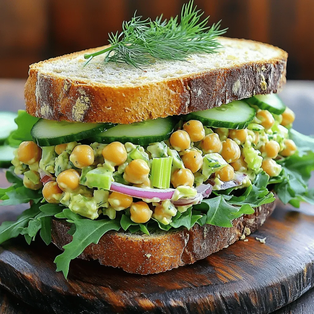 To make a tasty vegan chickpea salad sandwich, you'll need some key ingredients: - 1 can (15 oz) chickpeas, thoroughly drained and rinsed - 1/4 cup creamy vegan mayonnaise - 1 tablespoon zesty Dijon mustard - 1 tablespoon freshly squeezed lemon juice - 1 stalk celery, finely diced - 1/4 red onion, finely minced - 1/4 cup bell pepper (any vibrant color), finely chopped - 1 tablespoon fresh dill or parsley, finely chopped - Salt and coarse black pepper to taste - Your favorite bread (whole grain, sourdough, etc.) - Crisp leafy greens (spinach or crisp lettuce) for assembly These ingredients come together to create a refreshing and filling meal. The chickpeas provide a great protein base, while the mayo and mustard add creaminess and tang. You can boost the flavor of your chickpea salad with these optional add-ins: - Freshly sliced tomatoes - Crunchy cucumbers - Avocado for creaminess - A sprinkle of smoked paprika for a hint of spice - Chopped pickles or relish for a tangy twist These add-ins can take your sandwich to new heights. Feel free to mix and match based on what you have on hand. Choosing the right bread can enhance your chickpea salad sandwich. Here are some great options: - Whole grain bread for extra fiber - Sourdough for a tangy flavor - Rye bread for a robust taste - Pita pockets for a fun twist - Ciabatta for a crunchy exterior Each bread type adds its own unique touch to the sandwich. Select what you enjoy most for a satisfying bite. For the full recipe, refer to the details above. Start by draining and rinsing the chickpeas from the can. This step ensures your salad stays fresh. In a medium bowl, use a fork or potato masher to mash the chickpeas. Aim for a mix of whole and smashed beans. This gives your salad a great texture. Next, add the vegan mayonnaise, Dijon mustard, and lemon juice. Stir until everything blends well. Then, fold in the diced celery, minced red onion, chopped bell pepper, and fresh dill or parsley. Make sure these ingredients mix evenly. Finally, taste the mixture. Add salt and coarse black pepper as needed. If you like, toast your bread slices first. This adds a nice crunch. Spread a generous amount of the chickpea salad mixture on one slice of bread. Let it spill slightly over the edges. Top it with crisp leafy greens, and any extras like sliced tomatoes or cucumbers. Finish by placing another slice of bread on top. Press down gently to compact your sandwich. If you want, cut it in half for easier handling. Repeat these steps if you are making more sandwiches. Serve your sandwiches on a rustic wooden board or a bright plate. Garnish with extra sprigs of dill or parsley. Include a side of crunchy carrot sticks or colorful vegetable chips. This makes for a fun and vibrant lunch spread. For the full recipe, check out the details above. Enjoy your tasty, vegan meal! To get the best texture, mash the chickpeas gently. Use a fork or potato masher. You want a mix of whole and smashed beans. This gives your sandwich a nice bite. Avoid over-mashing, or it might turn mushy. Boost the taste with simple ingredients. Add more lemon juice for brightness. Try using fresh herbs like dill or parsley. They add freshness and depth. If you like heat, consider a pinch of cayenne pepper. Adjust salt and pepper to suit your taste. Make your sandwich look appealing. Use fresh leafy greens like spinach or lettuce. Place vibrant toppings like sliced tomatoes or cucumbers on the sandwich. Serve on a rustic wooden board. For a pop of color, add carrot sticks or colorful vegetable chips on the side. This not only looks great but also makes your meal more fun. Enjoy your beautiful meal! {{image_4}} If you want a gluten-free option, choose gluten-free bread. There are many tasty brands available. You can also serve the chickpea salad in lettuce wraps. This keeps it light and fresh. Collard greens or romaine work well for wraps. They add a nice crunch and flavor. You can change the taste with different dressings. Try using tahini for a nutty flavor. A simple olive oil and vinegar mix can brighten the salad. For a spicy kick, add sriracha or hot sauce. These small changes can make the sandwich exciting every time. To boost the protein in your salad, add some nuts or seeds. Chopped walnuts or sunflower seeds add a nice crunch. You can also mix in tofu or tempeh for extra protein. These ingredients make the sandwich more filling and satisfying. For the full recipe, check out the Chickpea Delight Sandwich 🥙. To store leftover chickpea salad, place it in an airtight container. Make sure to cover it tightly. This keeps the salad fresh for up to three days in the fridge. If you plan to eat it later, avoid mixing it with bread until you're ready to serve. This keeps the bread from getting soggy. Store your bread in a cool, dry place. A bread box works great. If you have extra bread, wrap it in plastic wrap or foil. You can also freeze it. When you're ready to eat, simply thaw it at room temperature. Fresh bread tastes best, so only buy what you need for the week. If your chickpea salad gets too thick in the fridge, add a splash of lemon juice. This helps bring back its creamy texture. For bread, you can toast it lightly to revive its crunch. Just pop it in the toaster for a few minutes. This makes your sandwich fresh and tasty again. Enjoy it as a quick meal! A Vegan Chickpea Salad Sandwich is packed with nutrients. Each sandwich offers protein, fiber, and healthy fats. Chickpeas provide about 15 grams of protein per cup. The vegan mayonnaise adds creaminess while keeping it plant-based. Overall, this sandwich can be a healthy choice, especially if you use whole grain bread. It's a great way to fuel your day. Yes, you can meal prep this sandwich! Make the chickpea salad ahead of time and store it in the fridge. It holds up well for a few days. Just keep the salad and bread separate until you are ready to eat. This helps the bread stay fresh and prevents sogginess. It's a simple way to have a quick meal ready. The chickpea salad lasts about 3 to 5 days in the fridge. Make sure to store it in an airtight container. Check for freshness before eating. If it smells off or looks discolored, it's best to toss it. Keeping it well-sealed helps maintain its flavor and texture. Absolutely! This recipe is very flexible. You can swap out the vegan mayo for avocado for a creamier texture. If you're gluten-free, use gluten-free bread or lettuce wraps. Add extra veggies or spices to fit your taste. This sandwich can cater to many diets while staying delicious. Feel free to explore different flavors. Check out the Full Recipe for more ideas! You now have a complete guide to making a tasty vegan chickpea salad sandwich. The recipe covers all main ingredients, helpful tips, and serving ideas. You can add your favorite flavors and choose the best bread. Storing leftovers and meal prep options are also covered. This sandwich is simple and fun to make. It’s easy to customize and enjoy for any meal. Dive in and explore your own versions of this healthy treat!