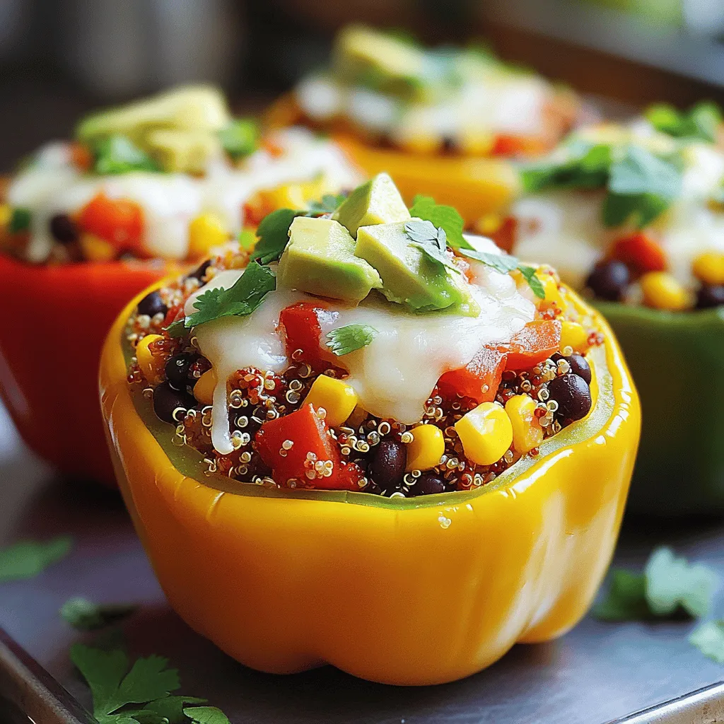 To make your stuffed bell peppers, you will need: - 4 large bell peppers (choose a mix of colors for a vibrant presentation) - 1 cup quinoa, thoroughly rinsed - 2 cups vegetable broth (for added flavor) - 1 can (15 oz) black beans, drained and rinsed - 1 cup corn (either frozen or fresh) - 1 cup diced tomatoes (can be canned or fresh, depending on the season) - 1 teaspoon ground cumin - 1 teaspoon smoked paprika - Salt and black pepper, to taste - 1 avocado, diced for topping - 1/2 cup fresh cilantro, chopped, for garnish - 1/2 cup shredded cheese (optional, for a cheesy topping) - Olive oil, for drizzling When selecting bell peppers, consider these tips: - Color Variety: Red, yellow, and green peppers each have unique flavors. Red peppers are sweet, while green peppers are more bitter. Mixing colors makes the dish more appealing. - Freshness: Look for firm peppers with smooth skin. Avoid any with soft spots or wrinkles. - Quality Grains: Quinoa is a great choice. It’s high in protein and cooks quickly. You can also try brown rice or farro for a different texture. Each ingredient brings health benefits: - Bell Peppers: High in vitamins A and C. They help boost your immune system. - Quinoa: A complete protein. It has all nine essential amino acids and is gluten-free. - Black Beans: Packed with fiber and protein. They support heart health and digestion. - Corn: Adds natural sweetness and provides vitamins B and C. - Avocado: Rich in healthy fats and fiber. It promotes heart health and keeps you full. These ingredients work together to create a healthy and delicious meal. For the full recipe, follow the steps to make these stuffed bell peppers come to life! First, gather all your ingredients. You will need bell peppers, quinoa, black beans, corn, tomatoes, spices, and toppings. Choose vibrant bell peppers for a colorful dish. Preheat your oven to 375°F (190°C). This ensures it’s hot enough for baking. Next, slice the tops off the bell peppers and remove the seeds. Drizzle olive oil over the peppers to add flavor and help them bake nicely. Place the peppers upright in a baking dish. In a medium pot, bring vegetable broth to a boil. Add the rinsed quinoa, reduce heat, and cover. Let it simmer for about 15 minutes until it’s fluffy and the broth is absorbed. In a large bowl, mix the cooked quinoa with black beans, corn, and diced tomatoes. Add ground cumin, smoked paprika, salt, and pepper. Stir well to combine everything. Now, take each pepper and stuff it with the quinoa mixture. Press down to pack it tightly. If you love cheese, sprinkle some on top of each pepper. Cover the baking dish with foil and put it in your preheated oven. Bake for 25 minutes. Then, remove the foil and bake for another 10-15 minutes. Look for tender peppers and a nice golden top. Once done, take the dish out of the oven. Let the peppers cool for a few minutes. Just before serving, add diced avocado on top. Finish with a sprinkle of fresh cilantro for color and flavor. For a pretty presentation, serve the stuffed peppers on a bright platter. A drizzle of olive oil adds shine and looks great. You can find the Full Recipe for more details. Enjoy your healthy and tasty stuffed bell peppers! One common mistake is overcooking the quinoa. This can make it mushy. Rinse the quinoa well before cooking. Use the right amount of liquid, too. If you use too much broth, the filling can become wet. Another mistake is under-seasoning. Taste your filling before stuffing the peppers. Adjust with salt and pepper as needed. Lastly, don’t skip the olive oil on the peppers. It helps them roast nicely and adds flavor. To enhance flavors, use fresh herbs like cilantro. They brighten the dish. Add spices like cumin and paprika for warmth. For texture, mix in crunchy veggies like chopped bell pepper tops or onions. This adds a nice bite. Drizzle some olive oil on top before baking. It helps the peppers caramelize and develop a tasty crust. Remember, letting your dish cool slightly before serving can help the flavors settle. Using the right tools makes cooking easy. A sharp knife helps with cutting peppers. A sturdy cutting board keeps things safe. A medium saucepan is best for cooking quinoa. Make sure you have a large bowl for mixing. A baking dish that fits all your peppers snugly helps them stay upright while cooking. Lastly, use aluminum foil to cover the dish; this helps the peppers cook evenly, keeping them moist. For the full recipe, check out the Vibrant Quinoa-Stuffed Bell Peppers! {{image_4}} You can easily make stuffed peppers vegetarian or vegan. For a vegetarian dish, use cheese in your filling. If you want a vegan option, skip the cheese. Instead, add more beans or lentils for protein. You can also use tofu or tempeh to create a hearty base. Try mixing in veggies like spinach, mushrooms, or zucchini for extra flavor and nutrition. If you are on a keto or low-carb diet, swap out grains for meat or cheese. Ground beef, turkey, or chicken works great. You can also use cauliflower rice in place of quinoa. This option keeps the dish low in carbs while still being filling. Add spices like garlic powder and onion powder for a flavor boost. Get creative with your fillings! You can use various ingredients to make stuffed peppers unique. Here are some ideas: - Meat-Based Fillings: Ground meat, like beef, turkey, or pork, pairs well with spices and tomato sauce. - Grain-Based Fillings: Quinoa, rice, or farro mixed with beans and veggies adds texture. - Cheesy Fillings: Mix cream cheese or ricotta with herbs for a creamy touch. Each option brings a distinct taste and texture to your stuffed peppers. Remember, you can always adjust the flavors to suit your taste. For a complete guide on making stuffed bell peppers, check out the Full Recipe. After enjoying your stuffed bell peppers, store any leftovers in an airtight container. This helps keep them fresh. Make sure to let them cool down first. You can keep them in the fridge for about 3 to 5 days. If you want to save them for longer, consider freezing them. Reheating stuffed bell peppers is easy. You can use the oven or the microwave. - Oven: Preheat your oven to 350°F (175°C). Place the peppers in a baking dish and cover them with foil. Heat for about 20 minutes or until warm. - Microwave: Place the peppers on a microwave-safe plate. Heat for 2 to 3 minutes, checking if they are hot throughout. Freezing stuffed bell peppers is a great way to save time. To freeze, wrap each pepper tightly in plastic wrap, then place them in a freezer bag. They can last for up to 3 months. When you're ready to eat, thaw them overnight in the fridge. You can bake them straight from frozen, just add a few extra minutes to the cooking time. You can also make stuffed bell peppers ahead of time. Prepare them fully, but do not bake. Cover the dish with foil and keep it in the fridge for up to 24 hours. When you're ready, bake them as usual. This method keeps the flavors fresh and delicious. Yes, you can use many types of grains. Quinoa is popular for its nutty flavor and protein. Brown rice gives a chewy texture. Farro and bulgur are also great options. Each grain adds its unique taste. Experiment with what you like best! Cutting bell peppers for stuffing is simple. First, slice the top off the pepper. Remove the seeds and membranes inside. This creates space for your filling. Make sure to keep the pepper upright. This helps hold all the tasty ingredients. To add spice, use diced jalapeños or chili powder in your filling. You can also mix in hot sauce for extra heat. Consider using spicy sausage or ground meat as a filling base. Choose spices that excite your taste buds. Adjust the heat to your liking! For a full recipe, check the vibrant quinoa-stuffed bell peppers. In this article, we explored how to make delicious stuffed bell peppers. We covered key ingredients for tasty fillings, cooking tips, and variations for different diets. I shared how to avoid common mistakes and how to store leftovers. Remember, stuffed bell peppers are versatile and can fit your tastes. So, feel free to experiment with flavors. Enjoy your cooking journey and make the most of this nutritious dish!