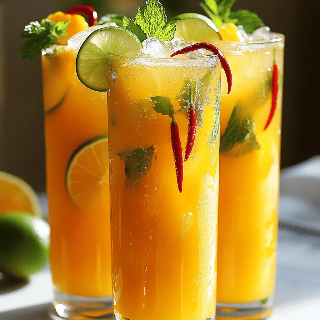 - Ripe mangoes: Use 2 ripe mangoes. Peel and dice them. Choose mangoes that feel slightly soft and smell sweet. - Fresh lime juice: Measure 1/4 cup. This is about 2-3 medium limes. Fresh juice brings the best flavor. - Agave syrup: Use 1-2 tablespoons. Adjust sweetness to your taste. You can add more or less based on your preference. - Cold water: Use 2 cups. This helps blend the mango and lime juice smoothly. - Lime slices: These add a nice look and extra lime flavor. - Chili slices: Add these to change the spice level. Use more or less to fit your taste. - Fresh mint leaves: Mint gives a nice aroma and makes the drink look pretty. For the full recipe, check out the complete steps to enjoy this tasty drink. Start by placing the diced mangoes in your blender. Add fresh lime juice, agave syrup, cold water, and a pinch of salt. Blend everything on high speed until it is nice and smooth. You should have no lumps left in the mix. If you like a smoother drink, pour the blended mix through a fine mesh sieve into a pitcher. This helps remove the pulp but is optional. If you enjoy the texture, feel free to skip this step. Next, gently stir in the finely minced chili. Let the mixture sit for about 10 minutes. This gives the flavors time to mix well. The chili will add a nice spicy kick. Before serving, taste the limeade. You can change the sweet level by adding more agave syrup or more chili if you want extra spice. Adjust it to fit your taste. To serve, fill tall glasses with ice cubes. Pour the refreshing mango chili limeade over the ice. For a great look, garnish each glass with a slice of lime, a slice of chili, and a fresh mint sprig. This makes the drink not only tasty but also pretty! If you want to see the whole process, check out the Full Recipe. To get the best taste, adjust sweetness and spice to fit your needs. Start with the agave syrup. Add one tablespoon and taste. If you want it sweeter, add more. For spice, start with one small chili. You can always add more if you like it hotter. Choosing the right mango is key. Use ripe, sweet mangoes for the best flavor. Look for mangoes that give slightly when you press them. Varieties like Ataulfo or Haden work great. These types are sweet and juicy, perfect for limeade. Serving your Mango Chili Limeade can be fun. You can use mason jars for a rustic look or tall glasses for a more classic feel. Jars add charm, while glasses highlight the drink's color. Add colorful straws to your drinks for a festive touch. You can find fun straws in many designs. They make the drink look inviting and playful. Consider garnishing with lime and chili slices for extra flair. Mangoes are not just tasty; they are also good for you. They have vitamins A and C, which boost your immune system. They also provide fiber, which helps digestion. Limes add more than just flavor. They contain vitamin C, which helps your body absorb iron. Limes also help keep your skin healthy. Chili peppers bring more than heat. They have capsaicin, which can boost your metabolism. Fresh mint adds a refreshing taste and can aid digestion. Together, these ingredients create a drink that is tasty and healthy. {{image_4}} You can make this drink more fun by adding other fruits. Pineapple and strawberry work great. They add sweetness and a tropical twist. Try mixing one cup of diced pineapple into the blender with the mangoes. For a berry boost, add one cup of strawberries. Both fruits pair well with the lime and chili flavors. This makes your limeade even more refreshing! If you want to change the sweetness, you can use honey or sugar. Honey gives a nice floral taste. Sugar is simple and easy to find. Each sweetener has its pros and cons. Honey may not dissolve as easily, but it adds depth. Sugar blends well but lacks the extra flavor. You can also try maple syrup for a unique twist. The heat level can change your drink’s vibe. Use mild chili peppers like jalapeños for less heat. If you want more spice, try serrano or habanero peppers. These will pack a punch! If you prefer no spice, skip the chili. You can also use bell peppers for a sweet, mild option. This way, everyone can enjoy the drink! Store any leftover mango chili limeade in a clean glass pitcher. Make sure to seal it tightly with a lid or plastic wrap. This keeps the flavors fresh and prevents spills. You can refrigerate the limeade for up to three days. After that, it may lose some of its bright taste. If you want to save some limeade for later, freezing is a great option. Pour the limeade into ice cube trays or freezer-safe containers. Leave some space at the top, as liquids expand when frozen. To use frozen limeade, thaw it in the fridge overnight. You can also use the microwave for quick thawing, but be careful not to overheat it. Don’t let leftover limeade go to waste! You can make fun popsicles by pouring the limeade into molds. Freeze them for several hours until solid. These popsicles make a great treat on hot days. You can also mix leftover limeade into smoothies for an extra burst of flavor. If you can’t find ripe mangoes, use frozen mango chunks. They work well and save time. You can also try using other fruits like peaches or nectarines. These fruits add a different flavor but still taste great in the drink. Bottled lime juice is fine, but it may not taste as fresh. Fresh lime juice gives a bright and zesty flavor. If you choose bottled juice, pick one that is 100% lime juice with no added sugar. This choice keeps the taste closer to using fresh limes. Yes, this recipe can be great for kids! To make it kid-friendly, use less chili or skip it entirely. You can also add more agave syrup to sweeten it up. This way, kids enjoy the yummy mango flavor without the heat. You can definitely make this drink ahead! Prepare the limeade and store it in the fridge for up to two days. Just remember to stir it well before serving. If you want to serve it chilled, add ice only when serving to keep it fresh. For a fun twist, freeze some limeade in ice cube trays. Use these cubes in the drink for extra flavor! Mango Chili Limeade is a fun and tasty drink. You need ripe mangoes, fresh lime juice, and a bit of agave syrup. After blending, let it sit to enhance flavors. You can add chili for spice and mint for freshness. Serve it over ice with lime and chili slices. In conclusion, you can customize this drink to fit your taste. Add fruits or try different sweeteners. It’s perfect for sharing and easy to store or freeze. Enjoy your refreshing treat all summer long!