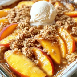 - 4 large ripe peaches, peeled and sliced - 1 tablespoon fresh lemon juice - 1/4 cup packed brown sugar - 1 teaspoon ground cinnamon - 1 cup rolled oats - 1/2 cup all-purpose flour (or whole wheat flour) - 1/3 cup granulated sugar - 1/2 cup cold unsalted butter, cut into small cubes - 1/2 cup chopped nuts (optional) - Pinch of salt The key to a great peach crisp is using ripe peaches. Fresh peaches make the dish sweet and juicy. Each ingredient works together to create that perfect balance of flavors. The lemon juice brightens the peaches. Brown sugar adds depth, while cinnamon gives warmth. Oats, flour, and butter combine to make a wonderful topping. If you want some crunch, add chopped nuts. They give your crisp extra texture. Don't skip the pinch of salt. It enhances the sweetness of the dish. For the full recipe, you can check out [Full Recipe]. Remember, the best desserts come from fresh ingredients! First, we need to prepare the star of our dish: the peaches. Start by peeling and slicing four large ripe peaches. In a big mixing bowl, toss the sliced peaches with a tablespoon of fresh lemon juice and a quarter cup of packed brown sugar. This mix helps to bring out the sweet flavor of the peaches while balancing their natural tartness. Once the peaches are well-coated, gently arrange them in a greased 8x8-inch baking dish. Spread the peach mixture evenly across the bottom so each bite is filled with flavor. Next, let’s make the crisp topping. In a separate bowl, combine one cup of rolled oats, half a cup of all-purpose flour, one-third cup of granulated sugar, and a pinch of salt. Mix these dry ingredients well. Then, add half a cup of cold unsalted butter, cut into small cubes. Using your fingers or a pastry cutter, blend the butter into the dry mix until it resembles coarse crumbs. If you want a nutty crunch, fold in half a cup of chopped nuts like walnuts or pecans at this stage for extra flavor and texture. Now it’s time to bake! Evenly sprinkle the oat and butter mixture over the peaches in the baking dish. Make sure to cover all the peaches so they stay moist and flavorful. Preheat your oven to 350°F (175°C) and then place the baking dish inside. Bake for 30 to 35 minutes. You’ll know it’s done when the topping is golden brown and the peaches are bubbling around the edges. Once baked, let it cool for about ten minutes before serving. This gives the flavors a chance to meld together beautifully. Check out the Full Recipe for more details! When selecting peaches, look for firmness and ripeness. Ripe peaches should yield slightly to gentle pressure. Their skin should be a warm yellow or golden hue, with a sweet aroma. Avoid peaches that are too soft or have blemishes. I suggest visiting your local farmer's market for the freshest options. You'll often find peaches that taste far better than store-bought ones. To boost flavor, consider adding a splash of vanilla extract or a sprinkle of spices. Cinnamon is a classic choice, but nutmeg can also add depth. Think about layering other fruits like blueberries or raspberries. These can add a fun twist and a pop of color. Mixing fruits can create a unique taste that excites the palate. For a crispy topping, watch your baking time closely. If you want a little extra crunch, try broiling the crisp for the last few minutes. Just keep an eye on it to prevent burning. You can also adjust the baking time if the topping looks pale. A golden brown color means it's perfectly done. {{image_4}} You can easily switch peaches for other fruits. Apples work well in this crisp. Just peel and slice them like you do with peaches. Berries, such as blueberries or raspberries, add a fun twist. You can also mix several fruits together for a tasty blend. Each fruit brings a unique flavor, making your crisp special every time. If you want a healthier version, consider using less sugar. You can replace brown sugar with a sugar substitute, like stevia or monk fruit. For a gluten-free option, swap all-purpose flour with almond flour or a gluten-free blend. These changes keep your dessert delicious while fitting into a healthier diet. To make your crisp even better, try adding different nuts or spices. Walnuts and almonds give a nice crunch. You can also mix in spices like nutmeg or cardamom for extra flavor. Don’t be afraid to get creative. Every change adds new layers of taste to your peach crisp. For the full recipe, check out the Peachy Paradise Crisp section where all the details await. To keep your leftover peach crisp fresh, let it cool completely. Place it in an airtight container. You can also cover it tightly with plastic wrap. Store it in the fridge. It will stay good for up to three days. For best taste, eat it within the first two days. When you want to enjoy the crisp again, preheat your oven to 350°F (175°C). Place the crisp in an oven-safe dish. Heat it for about 10-15 minutes. This method keeps the topping crispy. If you use a microwave, heat it for short bursts. This may soften the topping, so be careful. If you want to freeze your peach crisp, follow these steps: 1. Let it cool completely before freezing. 2. Cut the crisp into serving sizes for easier thawing. 3. Wrap each piece in plastic wrap or foil. 4. Place the wrapped pieces in a freezer-safe bag or container. 5. Label the bag with the date. Your crisp can last up to three months in the freezer. To thaw, move it to the fridge overnight. Reheat it in the oven for a crispy finish. Enjoy it just like fresh! If you want the full recipe, check out the complete guide to make this delightful dessert. Easy Peach Crisp takes about 15 minutes to prep. You will then bake it for 30 to 35 minutes. In total, you need around 45 minutes from start to finish. This makes it perfect for a quick dessert. Yes, you can use frozen peaches. Just thaw them before mixing with lemon juice and sugar. Drain any extra liquid to keep your crisp from getting soggy. Frozen peaches work well and save time. Peach crisp tastes great with many toppings. I suggest serving it warm with vanilla ice cream or whipped cream. You can also add a sprinkle of cinnamon or a drizzle of caramel for extra flavor. The crisp is done when the topping is golden brown. You should see the peaches bubbling at the edges. If you poke the topping, it should feel firm but crumbly. This means it is perfectly baked and ready to enjoy! You can create a delicious peach crisp with the right ingredients and steps. Start by mixing ripe peaches with lemon juice and brown sugar. Top them with a crunchy blend of oats, flour, and cold butter. Remember to pick the best peaches for fuller flavor. You can also try different fruits or make it healthier if needed. Store leftovers properly to enjoy later. With these tips in mind, you can craft a tasty treat that will please anyone. Enjoy your baking journey!