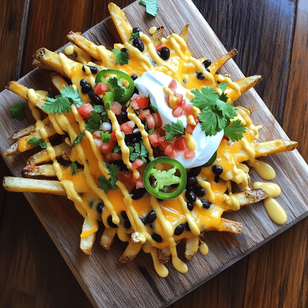 To make loaded nacho fries, you need a few key items. Here they are: - 4 large russet potatoes - 2 tablespoons extra-virgin olive oil - Seasoning: garlic powder, smoked paprika, sea salt, and pepper These potatoes are great because they get crispy on the outside and soft inside. Using olive oil helps them cook well and adds flavor. Now, let's talk about what makes these fries loaded. You will need: - 1 cup sharp cheddar cheese - 1 cup black beans - Fresh jalapeño, sour cream, pico de gallo, and cilantro The cheese melts and creates a gooey layer. Black beans add protein. Fresh jalapeños give a nice kick, while sour cream cools it down. Pico de gallo adds freshness and color. If you want to take your nacho fries to the next level, consider these extras: - Additional cheese varieties, guacamole, or avocado - Spicy toppings like diced red onions or sliced olives Adding different cheeses can create a richer taste. Guacamole or avocado gives creaminess, while spicy toppings can turn up the heat. Feel free to mix and match! For the full recipe, check out the complete guide. First, wash the russet potatoes well. Then, cut them into thick fries, about ½ inch wide. Place the fries in a large bowl. Drizzle 2 tablespoons of extra-virgin olive oil over the fries. Sprinkle 1 teaspoon of garlic powder and 1 teaspoon of smoked paprika. Add sea salt and freshly ground black pepper to taste. Toss the fries until they are well-coated in the oil and spices. Next, preheat your oven to 425°F (220°C). Line a large baking sheet with parchment paper. This helps prevent sticking. Spread the seasoned fries in a single layer on the sheet. Bake the fries in the oven for 25 to 30 minutes. Flip them halfway through, around the 15-minute mark. This helps them cook evenly and get crispy. Watch for them to turn golden brown and crispy. After baking, take the fries out of the oven. Immediately sprinkle 1 cup of shredded sharp cheddar cheese over the hot fries. Next, layer 1 cup of black beans and fresh jalapeño slices on top of the cheese. Return the baking sheet to the oven for an extra 5 minutes. This melts the cheese and makes it bubbly. Once melted, take the fries out. Drizzle ½ cup of sour cream over the top, then add ½ cup of fresh pico de gallo. Finish with fresh cilantro leaves for color. Enjoy your loaded nacho fries hot! For the full recipe, see above. To get crispy fries, single layer them on the baking sheet. This way, they cook evenly and get nice and crunchy. If your oven runs hot or cool, adjust the cooking time. For convection ovens, check for doneness a few minutes earlier. Spices can really boost the taste of your fries. Use garlic powder and smoked paprika, as they add depth. You can also try adding cumin or chili powder for extra kick. Pair your fries with sauces like salsa or chipotle mayo to enhance the flavor. Plating matters! Use a large plate or shallow bowl to arrange your fries. Drizzle sour cream and sprinkle pico de gallo on top. Add colorful toppings like jalapeños and cilantro for a pop of color. Bright colors make your dish more appealing and fun to eat. {{image_4}} You can easily make loaded nacho fries vegetarian or vegan. To do this, substitute cheese with plant-based alternatives. Many brands offer tasty vegan cheese that melts well. Look for options made from cashews or almonds for a rich flavor. Another great idea is to add roasted vegetables. Bell peppers, zucchini, or even mushrooms work well. Roasting them adds a nice depth of flavor and boosts nutrition. You can mix these in with the fries or place them on top. You can get creative with cheese combinations. Try mixing sharp cheddar with pepper jack for a kick. Or use a blend of mozzarella and gouda for a creamy texture. For meat lovers, consider adding cooked chorizo or pulled pork. These toppings elevate your nacho fries to a new level of flavor. If you like heat, go for spicy versions. Add extra jalapeños or drizzle hot sauce on top. You can use any hot sauce you enjoy. This adds flavor and spice that will excite your taste buds. Looking for something different? Try incorporating barbecue sauce or sriracha for a fun twist. The smoky flavor of barbecue sauce pairs great with the fries. Sriracha adds a bright and spicy kick. You can also give your fries a Greek or Italian flair. Crumble feta cheese on top and add kalamata olives. This gives a fresh taste that contrasts well with the warm fries. The herbs in these toppings add bright flavors too. Try these variations to make your loaded nacho fries unique and exciting. For the full recipe, check out the Loaded Nacho Fries Delight section. To keep your loaded nacho fries fresh, store them in an airtight container. This helps retain their crispiness. Let the fries cool before sealing them. You can keep them in the fridge for up to three days for best taste. Use sea salt to help maintain flavor and texture longer. When reheating, use an oven or an air fryer. These methods keep the fries crispy. Avoid using a microwave, as it can make them soggy. Bake at 350°F (175°C) for about 10-15 minutes. Check often to ensure they do not burn. You can freeze nacho fries before or after cooking. If freezing uncooked, season and place them on a baking sheet. Once frozen, transfer them to a freezer bag. If freezing cooked fries, let them cool first. Store them in a freezer-safe container. Use within three months for the best taste. Loaded nacho fries are a tasty dish made of crispy fries topped with cheese, beans, and fresh toppings. They mix the fun of nachos with the crunch of fries. This dish is popular at parties and game days because it’s easy to share and even easier to love. Yes, you can prep loaded nacho fries ahead. Cut the potatoes and store them in water to keep them fresh. You can also season them in advance. Just remember to dry them well before baking. After baking, let the fries cool. Store them in an airtight container in the fridge for up to two days. When ready to serve, reheat them in the oven to keep them crispy. Loaded nacho fries pair well with many sides. You can serve them with salsa, guacamole, or a fresh salad. Drinks like soda, iced tea, or a cold beer also go well. These options will make your meal fun and tasty. To add heat to loaded nacho fries, use spicy toppings. Fresh jalapeños are a great start. You can also use a drizzle of hot sauce or spicy cheese. Adding diced red onions or pickled jalapeños will bring more flavor and spice. For extra heat, try using a spicy salsa as a topping. The Full Recipe has all the details you need to get started. Loaded nacho fries are a fun and tasty treat you can make at home. We explored the main ingredients, step-by-step preparation, and many delicious toppings. Use tips for crispy fries and creative variations to keep your dish exciting. Remember, whether you're enjoying this as a snack or meal, the options are endless. You can customize flavors to make them your own. Start prepping your loaded nacho fries and enjoy every bite!