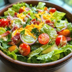 - Romaine Lettuce - Cherry Tomatoes - Cooked Turkey Bacon - Sharp Cheddar Cheese - Red Onion - Mayonnaise - Dijon Mustard - Apple Cider Vinegar - Salt and Pepper - Fresh Parsley The Classic BLT Salad requires fresh and simple ingredients. I love using romaine lettuce because it gives a nice crunch. Cherry tomatoes add sweetness and color. Cooked turkey bacon gives that meaty flavor while being lighter than pork bacon. Sharp cheddar cheese brings a rich taste that pairs well with the other ingredients. Red onion adds a bit of zing, and the dressing is a mix of mayonnaise, Dijon mustard, and apple cider vinegar. This dressing ties everything together. Don’t forget to season with salt and pepper to enhance the flavors. Finally, fresh parsley makes the dish pop visually and adds freshness. - Alternatives for Turkey Bacon: You can use regular bacon or tempeh for a vegan option. - Dairy-Free Option for Cheese: Try a vegan cheese or nutritional yeast for a cheesy flavor. - Low-Calorie Dressing Variations: Swap mayonnaise for Greek yogurt or use a vinaigrette for fewer calories. These substitutes can help you make the salad fit your needs. Adjusting ingredients keeps it exciting every time you make it. For the full recipe, check the recipe guide. Chopping Ingredients Efficiently To start, wash and dry the romaine lettuce. Cut it into bite-sized pieces. Use a sharp knife for a clean cut. Halve the cherry tomatoes, making sure they stay juicy. Crumble the cooked turkey bacon into small bits. You want pieces that are easy to eat. Thinly slice the red onion into rings. This adds a nice crunch to the salad. Making the Dressing In a small bowl, mix the mayonnaise, Dijon mustard, and apple cider vinegar. Whisk these together until they blend smoothly. You want a creamy and tangy dressing. Taste it to see if you need more salt and pepper. This dressing will tie all the flavors together. Tossing the Salad In a large mixing bowl, combine the chopped lettuce, halved tomatoes, crumbled turkey bacon, and shredded cheddar cheese. Next, add the sliced red onion. Drizzle the dressing over the salad and sprinkle with salt and pepper. Use salad tongs or your hands to toss everything gently. Make sure every piece gets coated with the dressing. How to Cook Turkey Bacon Cook turkey bacon in a skillet over medium heat. Use a little oil to prevent sticking. Cook it until crispy, about 5 to 7 minutes. This will give your salad a nice crunch. Drain it on paper towels to remove extra fat. Ensuring a Crunchy Texture For a crunchy salad, use fresh, crisp ingredients. Avoid wilting lettuce by keeping it cold. Add ingredients like croutons or nuts for extra crunch. These small steps make the salad more enjoyable. Best Serving Temperature Serve the salad cold or at room temperature. This keeps the ingredients fresh. If you prepare it ahead of time, chill it for a bit before serving. Plating Ideas for Presentation For a beautiful display, plate the salad in individual bowls. You can also use a large platter. Garnish with extra cherry tomato halves and a sprinkle of cheese. This makes the salad look vibrant and inviting. For the full recipe, check out the Classic BLT Salad with a Twist. Seasoning Dos and Don'ts To make your BLT salad shine, remember these tips: - Do use fresh ingredients for the best taste. - Do season with salt and pepper right before serving. - Don't skip the apple cider vinegar; it adds a nice kick. - Don't drown your salad in dressing; a light drizzle is best. Best Dressings for BLT Salad While mayonnaise is a classic choice, consider these options: - Ranch dressing adds creaminess. - A vinaigrette brings brightness. - Try a yogurt-based dressing for a lighter touch. Prepping Ingredients Ahead You can save time by prepping ahead: - Chop the lettuce and tomatoes a few hours before. - Crumble the turkey bacon and store it in an airtight container. - Make the dressing a day in advance for extra flavor. Storing Leftovers If you have salad left over, follow these tips: - Store in a sealed container in the fridge. - Keep the dressing separate to avoid sogginess. - Use the salad within two days for best taste. Color Combinations for Presentation A colorful salad looks more appetizing. Try these ideas: - Mix in bright red tomatoes with green lettuce. - Add orange bell peppers for a pop of color. - Use fresh herbs like parsley for a vibrant finish. Garnishing Techniques Garnishing can elevate your salad: - Sprinkle extra cheese on top for a gourmet touch. - Add a few cherry tomato halves for flair. - Use fresh herbs to add a natural look. For the complete recipe, check the Full Recipe section. {{image_4}} Adding Avocado or Other Veggies You can add avocado for creaminess. It also boosts healthy fats. Other tasty options include cucumbers or bell peppers. These add crunch and color. Using Different Types of Lettuce Switch up your base. Try butter lettuce for a soft texture. You can also use spinach for a nutrient boost. Each type brings a unique flavor. Substitute Dressings to Try You might want to swap the classic dressing. Try ranch for a creamy twist. Balsamic vinaigrette offers a tangy kick. Experimenting keeps the salad fresh and fun. Homemade vs. Store-Bought Dressings Homemade dressings shine with flavor. They allow you to control the ingredients. Store-bought options save time, but may have preservatives. Choose what suits your needs best. Miscellaneous BLT Salad Styles from Around the World Around the world, you’ll find many BLT salad styles. In Italy, they add olives and capers for a briny taste. In Mexico, fresh cilantro and lime juice enhance the flavor. Each version reflects local tastes and ingredients. To keep your Classic BLT Salad fresh, store any leftovers right away. Place the salad in an airtight container. This step helps keep the ingredients crisp and tasty. Avoid adding the dressing until you are ready to eat. This way, the salad stays crunchy. Use a glass or plastic container with a tight lid. This type of storage prevents air from getting in. You can also use a resealable plastic bag. Just make sure to remove as much air as possible before sealing. Your Classic BLT Salad lasts about 3 days in the fridge. After that, the veggies may get soggy. If you want to check freshness, look for changes in color or texture. Freezing salad is not a good idea. The lettuce and tomatoes will turn mushy once thawed. So, it’s best to enjoy your salad fresh! You don’t really reheat a salad, but you can warm some components. For example, if you have leftover turkey bacon, you can heat it in a pan. Just cook it on low heat for a few minutes. This helps keep it crispy. To maintain salad freshness, only heat what you need. Toss the warm bacon into the salad right before serving. This way, the lettuce stays crisp, and the flavors blend nicely without losing that fresh taste. What is the origin of the BLT salad? The BLT salad comes from the classic BLT sandwich. It mixes bacon, lettuce, and tomato. This salad makes it easier to enjoy the same great flavors. It became popular in the United States in the 1900s. Can I make this salad in advance? Yes, you can make the salad in advance. However, keep the dressing separate until you serve it. This way, the lettuce stays crisp. You can store the salad in the fridge for up to a day. What other meats can I use instead of turkey bacon? You can use regular bacon, ham, or chicken. Each meat adds a unique flavor. If you prefer a vegetarian option, try chickpeas or tempeh. What is the calorie count for a serving? One serving of this salad has about 300 calories. This can vary based on the amount of dressing and cheese you use. How can I make it healthier? To make it healthier, use less mayonnaise or a lighter dressing. You can also add more veggies like cucumbers or peppers. How many servings does this recipe yield? This recipe makes four servings. You can easily scale it up or down based on your needs. Recommended portion sizes for different occasions For a side dish, serve about 1 cup. For a main dish, aim for 1.5 to 2 cups. Adjust based on your guests' hunger levels. This blog post covered a tasty BLT salad with fresh ingredients. You learned how to prepare it, including ingredient swaps for your needs. We also explored tips for storage and variations. Remember, you can customize your salad to fit your taste. With some creativity, this dish can shine at any meal. Enjoy making your perfect version of the BLT salad!