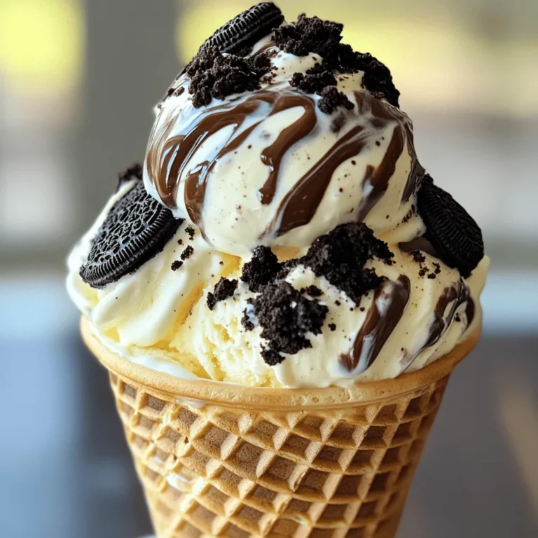 - 2 cups heavy whipping cream - 1 can (14 oz) sweetened condensed milk - 1 ½ cups Oreo cookies, crushed - ¼ cup chocolate syrup for swirling - Additional crushed Oreos for topping - 1 teaspoon vanilla extract - A pinch of salt When it comes to making no-churn Oreo ice cream, you need just a few simple items. Heavy whipping cream gives the ice cream its rich and creamy texture. Sweetened condensed milk adds sweetness and a smooth finish. The crushed Oreo cookies bring that delicious chocolate and cream flavor. You can also add some fun extras! Chocolate syrup gives a sweet swirl. More crushed Oreos on top make it look pretty. A splash of vanilla extract boosts the flavor even more. Don't forget that pinch of salt! It balances the sweetness and enhances all the flavors. With these ingredients ready, you can create a delightful treat that everyone will love. If you're eager to get cooking, check out the Full Recipe for all the steps! Whipping the heavy cream Start by pouring 2 cups of heavy whipping cream into a large bowl. Use an electric mixer to whip the cream. Beat it until soft peaks form, which takes about 3 to 5 minutes. The cream should look light and fluffy. This step adds volume to our ice cream. Combining sweetened condensed milk and vanilla In a separate medium bowl, mix one can of sweetened condensed milk with 1 teaspoon of vanilla extract and a pinch of salt. Stir until everything blends well. This mixture brings rich flavor to your ice cream. Folding in whipped cream Now, take your whipped cream and gently fold it into the sweetened condensed milk mix. Do this in two parts. Use a rubber spatula to combine carefully. This keeps the air in the whipped cream, making your ice cream light. Adding crushed Oreos Next, add 1 ½ cups of crushed Oreo cookies into the mixture. Fold them in gently. You want the cookies evenly spread throughout the base, but don’t overdo it. We want those tasty chunks in every scoop. Incorporating chocolate syrup Drizzle ¼ cup of chocolate syrup over the mixture. Use your spatula to lightly swirl it in. This creates a beautiful marbled look. Be cautious not to mix too much; we want those lovely ribbons of chocolate to stand out. Preparing for freezing Pour the mixture into an airtight container. Smooth the top with your spatula. Sprinkle extra crushed Oreos on top for added crunch. Cover the container tightly and place it in the freezer. Let it freeze for at least 6 hours or overnight. This ensures your ice cream is perfectly set and ready to enjoy. To get a creamy ice cream, soft peaks are key. Soft peaks happen when you whip the cream to a light, fluffy state. This takes about 3 to 5 minutes. When you see the peaks form, stop whipping. Over-whipping can lead to grainy ice cream. When mixing the whipped cream with the condensed milk, always fold. Folding keeps the air in the cream. If you stir, you lose that lightness. Use a rubber spatula and gently lift the cream from the bottom and fold it over the top. You can switch up the cookie flavors! Try using mint Oreos or peanut butter Oreos for a twist. You could also add extra goodies like chocolate chips or peanut butter swirls. These will add richness and fun flavors to your ice cream. For a more indulgent treat, consider adding a splash of coffee or a sprinkle of sea salt. Both can elevate the taste and give it a unique touch. Serve your no-churn Oreo ice cream in fun vessels. Waffle cones and bowls are great options. They add to the experience and look nice too! For garnishing, don’t skip the toppings. A drizzle of chocolate syrup and a sprinkle of crushed Oreos make it visually appealing. You can even add whipped cream or cherries for extra flair. Enjoy your ice cream adventure! For the complete recipe, check out the Full Recipe section. {{image_4}} You can change the flavor of this ice cream easily. Two fun options are mint Oreo ice cream and peanut butter Oreo ice cream. For mint Oreo, just add a few drops of mint extract. This gives it a fresh taste. For peanut butter Oreo, mix in creamy peanut butter. This adds a rich, nutty flavor that complements the Oreo cookies. If you need dairy-free options, use coconut cream instead of heavy cream. Coconut cream gives a nice texture and taste. For sweetened condensed milk, try a dairy-free brand. You can also create lower sugar options by using sugar-free sweetened condensed milk. This way, you still enjoy the treat without too much sugar. Make your ice cream more exciting by adding mix-ins. You can add chopped nuts or chocolate chips for a crunch. This adds texture and flavor. You can also incorporate fruit, like sliced strawberries or bananas, for a fresh twist. These fun additions make each scoop unique and delightful. To freeze your no-churn Oreo ice cream properly, use an airtight container. This keeps the ice cream fresh and prevents ice crystals from forming. A glass or plastic container with a lid works best. Remember to smooth the ice cream surface before sealing. This helps avoid air pockets that can ruin texture. Your Oreo ice cream will last about two to three months in the freezer. After this time, it may lose flavor and texture. Check for signs of freezer burn, which appear as icy patches or a dry surface. If you see these signs, it's best to toss it out for a fresh batch. To soften your ice cream for serving, let it sit at room temperature for about five to ten minutes. This method lets it soften evenly without melting too fast. Avoid using a microwave, as it can melt parts of the ice cream and ruin its creamy texture. Enjoy your delicious treat in a cone or bowl! You can make no-churn Oreo ice cream easily at home. You do not need fancy tools. First, whip the heavy cream until soft peaks form. This usually takes 3 to 5 minutes. Then, mix the sweetened condensed milk, vanilla extract, and a pinch of salt in another bowl. Combine these two mixtures gently. Fold the whipped cream into the condensed milk mix. Add in crushed Oreo cookies. Finally, swirl in the chocolate syrup and pour it into a container. Freeze it for at least 6 hours or overnight. You’ll have creamy ice cream without an ice cream maker. Yes, you can use many types of cookies. Try chocolate chip cookies for a twist. You can also use mint cookies for a fresh taste. If you like peanut butter, mix in peanut butter cookies. Each cookie type gives a special flavor. Be creative and mix flavors to find what you love most. Serving no-churn Oreo ice cream can be fun. You can use waffle cones or bowls. Top it with extra chocolate syrup and crushed Oreos. This adds a nice crunch and taste. For parties, serve scoops in small cups with colorful sprinkles. This makes it look festive. You can also pair it with brownies for a delicious dessert combo. This blog outlines how to make no-churn Oreo ice cream easily. You learned about key ingredients, steps, and helpful tips for great results. I shared flavor variations and dietary adjustments to suit your needs. Proper storage and thawing techniques help maintain freshness. Enjoy this treat at any gathering or as a fun snack at home. Making this ice cream is simple and rewarding, so gather your ingredients and start creating deliciousness today!