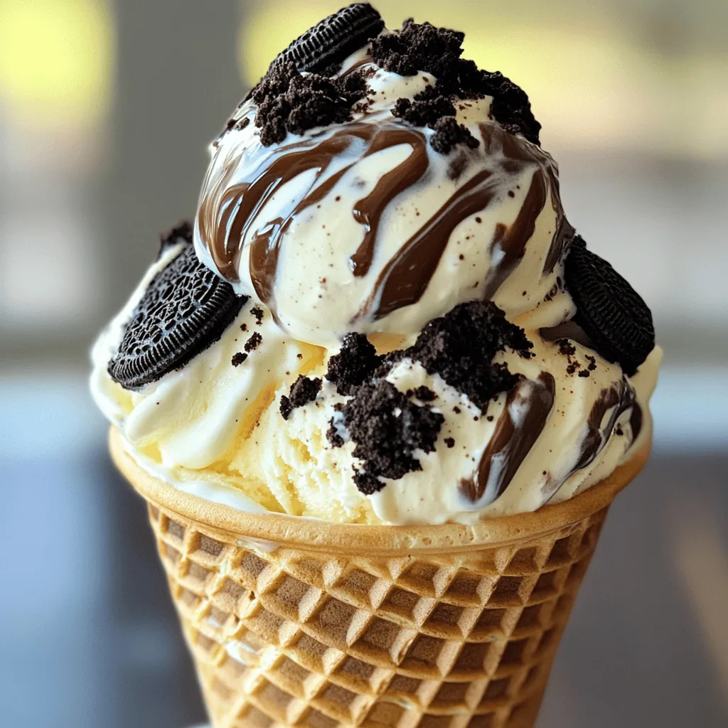 - 2 cups heavy whipping cream - 1 can (14 oz) sweetened condensed milk - 1 ½ cups Oreo cookies, crushed - ¼ cup chocolate syrup for swirling - Additional crushed Oreos for topping - 1 teaspoon vanilla extract - A pinch of salt When it comes to making no-churn Oreo ice cream, you need just a few simple items. Heavy whipping cream gives the ice cream its rich and creamy texture. Sweetened condensed milk adds sweetness and a smooth finish. The crushed Oreo cookies bring that delicious chocolate and cream flavor. You can also add some fun extras! Chocolate syrup gives a sweet swirl. More crushed Oreos on top make it look pretty. A splash of vanilla extract boosts the flavor even more. Don't forget that pinch of salt! It balances the sweetness and enhances all the flavors. With these ingredients ready, you can create a delightful treat that everyone will love. If you're eager to get cooking, check out the Full Recipe for all the steps! Whipping the heavy cream Start by pouring 2 cups of heavy whipping cream into a large bowl. Use an electric mixer to whip the cream. Beat it until soft peaks form, which takes about 3 to 5 minutes. The cream should look light and fluffy. This step adds volume to our ice cream. Combining sweetened condensed milk and vanilla In a separate medium bowl, mix one can of sweetened condensed milk with 1 teaspoon of vanilla extract and a pinch of salt. Stir until everything blends well. This mixture brings rich flavor to your ice cream. Folding in whipped cream Now, take your whipped cream and gently fold it into the sweetened condensed milk mix. Do this in two parts. Use a rubber spatula to combine carefully. This keeps the air in the whipped cream, making your ice cream light. Adding crushed Oreos Next, add 1 ½ cups of crushed Oreo cookies into the mixture. Fold them in gently. You want the cookies evenly spread throughout the base, but don’t overdo it. We want those tasty chunks in every scoop. Incorporating chocolate syrup Drizzle ¼ cup of chocolate syrup over the mixture. Use your spatula to lightly swirl it in. This creates a beautiful marbled look. Be cautious not to mix too much; we want those lovely ribbons of chocolate to stand out. Preparing for freezing Pour the mixture into an airtight container. Smooth the top with your spatula. Sprinkle extra crushed Oreos on top for added crunch. Cover the container tightly and place it in the freezer. Let it freeze for at least 6 hours or overnight. This ensures your ice cream is perfectly set and ready to enjoy. To get a creamy ice cream, soft peaks are key. Soft peaks happen when you whip the cream to a light, fluffy state. This takes about 3 to 5 minutes. When you see the peaks form, stop whipping. Over-whipping can lead to grainy ice cream. When mixing the whipped cream with the condensed milk, always fold. Folding keeps the air in the cream. If you stir, you lose that lightness. Use a rubber spatula and gently lift the cream from the bottom and fold it over the top. You can switch up the cookie flavors! Try using mint Oreos or peanut butter Oreos for a twist. You could also add extra goodies like chocolate chips or peanut butter swirls. These will add richness and fun flavors to your ice cream. For a more indulgent treat, consider adding a splash of coffee or a sprinkle of sea salt. Both can elevate the taste and give it a unique touch. Serve your no-churn Oreo ice cream in fun vessels. Waffle cones and bowls are great options. They add to the experience and look nice too! For garnishing, don’t skip the toppings. A drizzle of chocolate syrup and a sprinkle of crushed Oreos make it visually appealing. You can even add whipped cream or cherries for extra flair. Enjoy your ice cream adventure! For the complete recipe, check out the Full Recipe section. {{image_4}} You can change the flavor of this ice cream easily. Two fun options are mint Oreo ice cream and peanut butter Oreo ice cream. For mint Oreo, just add a few drops of mint extract. This gives it a fresh taste. For peanut butter Oreo, mix in creamy peanut butter. This adds a rich, nutty flavor that complements the Oreo cookies. If you need dairy-free options, use coconut cream instead of heavy cream. Coconut cream gives a nice texture and taste. For sweetened condensed milk, try a dairy-free brand. You can also create lower sugar options by using sugar-free sweetened condensed milk. This way, you still enjoy the treat without too much sugar. Make your ice cream more exciting by adding mix-ins. You can add chopped nuts or chocolate chips for a crunch. This adds texture and flavor. You can also incorporate fruit, like sliced strawberries or bananas, for a fresh twist. These fun additions make each scoop unique and delightful. To freeze your no-churn Oreo ice cream properly, use an airtight container. This keeps the ice cream fresh and prevents ice crystals from forming. A glass or plastic container with a lid works best. Remember to smooth the ice cream surface before sealing. This helps avoid air pockets that can ruin texture. Your Oreo ice cream will last about two to three months in the freezer. After this time, it may lose flavor and texture. Check for signs of freezer burn, which appear as icy patches or a dry surface. If you see these signs, it's best to toss it out for a fresh batch. To soften your ice cream for serving, let it sit at room temperature for about five to ten minutes. This method lets it soften evenly without melting too fast. Avoid using a microwave, as it can melt parts of the ice cream and ruin its creamy texture. Enjoy your delicious treat in a cone or bowl! You can make no-churn Oreo ice cream easily at home. You do not need fancy tools. First, whip the heavy cream until soft peaks form. This usually takes 3 to 5 minutes. Then, mix the sweetened condensed milk, vanilla extract, and a pinch of salt in another bowl. Combine these two mixtures gently. Fold the whipped cream into the condensed milk mix. Add in crushed Oreo cookies. Finally, swirl in the chocolate syrup and pour it into a container. Freeze it for at least 6 hours or overnight. You’ll have creamy ice cream without an ice cream maker. Yes, you can use many types of cookies. Try chocolate chip cookies for a twist. You can also use mint cookies for a fresh taste. If you like peanut butter, mix in peanut butter cookies. Each cookie type gives a special flavor. Be creative and mix flavors to find what you love most. Serving no-churn Oreo ice cream can be fun. You can use waffle cones or bowls. Top it with extra chocolate syrup and crushed Oreos. This adds a nice crunch and taste. For parties, serve scoops in small cups with colorful sprinkles. This makes it look festive. You can also pair it with brownies for a delicious dessert combo. This blog outlines how to make no-churn Oreo ice cream easily. You learned about key ingredients, steps, and helpful tips for great results. I shared flavor variations and dietary adjustments to suit your needs. Proper storage and thawing techniques help maintain freshness. Enjoy this treat at any gathering or as a fun snack at home. Making this ice cream is simple and rewarding, so gather your ingredients and start creating deliciousness today!