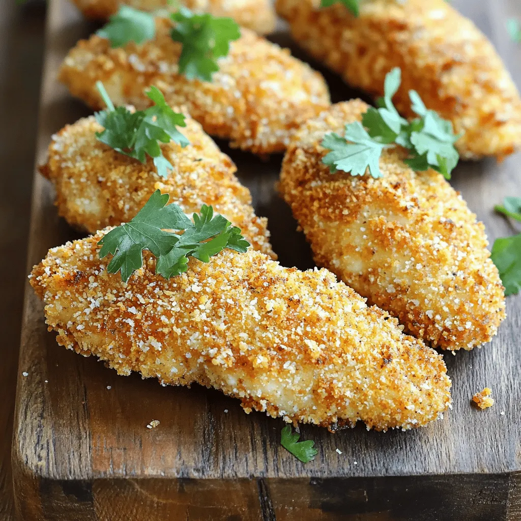 For perfect air fryer chicken tenders, gather these main ingredients: - 1 lb of chicken tenders - 1 cup of buttermilk - 1 cup of all-purpose flour - 1/2 cup of breadcrumbs (opt for panko for ultimate crispiness) These core items create juicy chicken with a crunchy coating. The buttermilk makes the chicken tender and flavorful. The flour and breadcrumbs work together for that satisfying crunch. Next, you need to add some zest with seasonings: - 2 teaspoons of garlic powder - 1 teaspoon of onion powder - 1 teaspoon of paprika - 1/2 teaspoon of salt - 1/2 teaspoon of freshly ground black pepper These spices bring warmth and depth to the dish. Garlic powder and onion powder enhance the savory notes. Paprika adds a touch of color and sweetness, while salt and pepper balance the flavors. To make your dish pop, consider these garnish options: - Optional: Finely chopped fresh parsley (for garnish) A sprinkle of fresh parsley adds color and a fresh taste. It makes the plate look beautiful and appetizing. You can serve your crispy chicken tenders with your favorite dipping sauces to enhance the meal. For the full recipe, check out the details above. Enjoy cooking! Start by marinating the chicken. Place the chicken tenders in a large bowl. Pour in the buttermilk. Make sure each piece is well-coated. This step helps keep the chicken juicy and adds flavor. Let them sit for at least 30 minutes. For the best taste, refrigerate for up to 2 hours. Next, let's prepare the coating. In another bowl, mix the all-purpose flour, breadcrumbs, garlic powder, onion powder, paprika, salt, and pepper. Stir until all the dry ingredients are blended. This mix will create a crispy outer layer for your tenders. Now, preheat your air fryer. Set it to 400°F (200°C) and let it run for about 5 minutes. Preheating is essential. It helps the chicken cook evenly and become nice and crispy. Once the chicken is marinated, take each piece out. Let any extra buttermilk drip off. Dredge each tender in the flour mixture. Make sure to coat every side. This will give the chicken that sought-after crunch. Place the coated chicken tenders in the air fryer basket. Arrange them in a single layer. Avoid overcrowding the basket. If you have a lot, cook in batches. This allows hot air to circulate, cooking the chicken perfectly. Lightly spray the chicken with cooking spray. This will help achieve a golden-brown exterior. Cook the tenders for 10-12 minutes. Flip them halfway through for even cooking. Check that they reach an internal temperature of 165°F (74°C). They should look golden and crispy when finished. For the full recipe, refer back to the main section. To make sure your chicken tenders turn out crispy, follow some key steps. First, always marinate the chicken in buttermilk. This keeps the chicken moist and adds flavor. Next, use panko breadcrumbs instead of regular ones. Panko gives a better crunch. Finally, spray a light coat of cooking spray before cooking. It helps achieve that golden-brown look. Boost the flavor of your chicken tenders with some easy tricks. Add spices to the flour and breadcrumb mix. Garlic powder and paprika work well. You can also try adding cayenne for a kick. If you want a fresh taste, mix in herbs like thyme or oregano. These small tweaks make a big difference. The cooking time for chicken tenders can vary. If your tenders are thicker, they may need a bit more time. Start with 10 minutes at 400°F. Flip them halfway through for even cooking. Always check the internal temperature. It should be 165°F. If they aren't done, add a couple of extra minutes. Adjusting time can ensure perfect, crispy tenders every time. For the full recipe, refer back to the earlier section. {{image_4}} To make spicy air fryer chicken tenders, add some heat. Mix 1-2 teaspoons of cayenne pepper or chili powder into your coating mixture. You can also marinate the chicken in buttermilk mixed with hot sauce. This adds flavor and a nice kick. Adjust the spice level to suit your taste. For a gluten-free version, swap all-purpose flour with gluten-free flour. Use gluten-free breadcrumbs instead of regular ones. Make sure to check all labels for gluten-free certification. This way, you can enjoy crispy tenders without the gluten. Try different coatings for your chicken tenders. You can use crushed cornflakes or nuts for a unique crunch. For a healthier option, coat the chicken in ground oats or almond flour. You can also experiment with different herbs and spices in your coating mix. This adds a fun twist to your dish. Check out the Full Recipe for more tips on how to customize your air fryer chicken tenders. To keep your air fryer chicken tenders fresh, store them in an airtight container. They stay good in the fridge for up to three days. Make sure they cool down before sealing. This helps keep the coating crispy longer. Reheat your chicken tenders in the air fryer for the best texture. Set it to 350°F (175°C) for about 5-7 minutes. This method restores their crunch. You can also use an oven at the same temperature for around 10 minutes. If you want to save some for later, freeze the tenders before cooking. Lay them on a baking sheet and freeze for about an hour. Then, transfer to a freezer bag. They last up to three months. When ready to eat, cook from frozen. Just add a few extra minutes to the cooking time in your air fryer for a delicious treat. Check out the [Full Recipe] for more details! To get crispy chicken tenders, focus on two things: the coating and cooking method. Use panko breadcrumbs for extra crunch. Make sure to coat each tender well. Lightly spray the chicken with cooking spray before cooking. This helps create a golden crust. Preheating the air fryer is key. It ensures even cooking and crispiness. Yes, you can use frozen chicken tenders! However, you need to thaw them first. Thaw the chicken by placing it in the refrigerator overnight. This way, the coating sticks better. If you cook them from frozen, increase the cooking time. Check that the internal temperature reaches 165°F (74°C) for safety. Dipping sauces make chicken tenders even better! Here are some tasty options: - Honey mustard - BBQ sauce - Ranch dressing - Buffalo sauce - Ketchup Feel free to mix and match them to find your favorite! Air fryer chicken tenders last about 3 to 4 days in the fridge. Store them in an airtight container to keep them fresh. Let them cool down before placing them in the fridge. For best taste, reheat them in the air fryer or oven to maintain crispiness. Enjoy them as leftovers! You now know how to make delicious air fryer chicken tenders. We discussed key ingredients, step-by-step instructions, and tips for crispiness. You learned variations to suit your taste and how to store leftovers properly. Each step helps ensure you get the best results. Enjoy your tasty, homemade chicken tenders and share them with friends and family. You can easily impress anyone with this simple dish. Now go ahead and make your perfect batch!