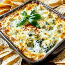 - 1 cup fresh spinach, finely chopped - 1 cup canned or jarred artichoke hearts, thoroughly drained and coarsely chopped - 1 cup cream cheese, softened to room temperature - 1 cup plain Greek yogurt - 1 cup shredded mozzarella cheese - 1/2 cup grated Parmesan cheese - 2 cloves garlic, finely minced - 1/2 teaspoon onion powder - 1/2 teaspoon red pepper flakes (optional) - Salt and freshly cracked black pepper, to taste - Fresh basil or parsley, chopped, for garnish - Tortilla chips or sliced French baguette, for serving Gather these ingredients before you start. Fresh spinach adds a nice touch, while artichokes bring a unique flavor. Cream cheese and Greek yogurt create that creamy base. Mozzarella and Parmesan give it a cheesy depth. Garlic adds aroma, and onion powder boosts the taste. Red pepper flakes can spice it up if you want a kick. Don’t forget salt and pepper for seasoning! Fresh herbs like basil or parsley will make your dip look pretty and taste fresh. Finally, grab some tortilla chips or a baguette for dipping. This mix of flavors and textures makes the dip creamy and rich. You can easily adjust the ingredients to match your taste. For the complete recipe, check out Creamy Spinach Artichoke Delight. - Preheat the oven to 375°F (190°C). - Combine cream cheese and Greek yogurt. Use a bowl to mix until smooth. - Fold in spinach, artichokes, and cheeses. Make sure everything is well mixed. - Add garlic, onion powder, red pepper flakes, salt, and pepper. Stir it all together. - Transfer the mixture to a baking dish. Bake for 25-30 minutes until golden and bubbly. - Allow to cool for a few minutes. Garnish with fresh basil or parsley before serving. Enjoy this creamy and flavorful dip with tortilla chips or sliced baguette. For the full recipe, check out Creamy Spinach Artichoke Delight. To get that creamy consistency in your spinach artichoke dip, you want to blend your ingredients well. Here are some tips: - Use softened cream cheese. This helps it mix smoothly with yogurt. - Whip the cream cheese and yogurt together first until it’s lump-free. - Fold in the spinach and artichokes gently to keep the dip light and airy. - If it’s too thick, add a splash of milk or more yogurt for creaminess. Adding spices can boost the flavor of your dip. Here are some suggestions: - Minced garlic adds depth. Fresh garlic gives the best taste. - Try onion powder for a sweet, savory kick. - Red pepper flakes give a nice touch of heat. Adjust according to your taste. - Fresh herbs like basil or parsley enhance flavor and freshness. How you serve your dip can make it even more inviting. Consider these ideas: - Serve it warm in the baking dish. This keeps it hot during your gathering. - Garnish with fresh herbs on top for color. - Add some chopped spinach or artichokes on the side as a fun touch. - Pair with tortilla chips or sliced baguette for easy dipping. {{image_4}} You can make this dip lighter without losing flavor. Here are some easy swaps: - Use low-fat cream cheese instead of regular. - Swap Greek yogurt for a dairy-free yogurt made from nuts. - Choose reduced-fat mozzarella cheese for a lighter option. - Add extra spinach to boost the nutrients without many calories. These changes keep the dip creamy and tasty while making it a healthier choice. Want to give your dip a new twist? Try these fun ideas: - Add chopped sun-dried tomatoes for a sweet, tangy flavor. - Mix in some cooked and crumbled bacon for a smoky touch. - Stir in a teaspoon of lemon juice for a bright kick. - Toss in diced jalapeños for some heat. These ingredients can spice up your dip and make it unique every time! There are many ways to serve your spinach artichoke dip. Here are some tasty ideas: - Serve with crunchy tortilla chips for a classic combo. - Offer sliced French baguette for a soft, chewy dipper. - Use fresh veggies like carrots and celery sticks for a healthy crunch. - Try pita chips for a different texture and flavor. These options will keep your guests happy and make dipping fun! For the full recipe, check out Creamy Spinach Artichoke Delight. After making your dip, let it cool down. Store leftovers in an airtight container. Place it in the fridge. This keeps it fresh for up to three days. Make sure to cover it tightly. This helps avoid drying out or absorbing odors. To reheat, place the dip in an oven-safe dish. Preheat your oven to 350°F (175°C). Bake for about 15 minutes. Stir it halfway through to heat evenly. You can also use a microwave. Heat it in short bursts of 30 seconds. Stir in between to avoid hot spots. You can freeze the dip for later use. Transfer it to a freezer-safe container. Leave some space at the top for expansion. Seal it tightly to prevent freezer burn. It can last up to two months. To defrost, move it to the fridge overnight. Reheat as mentioned above for the best taste. Spinach artichoke dip is a creamy blend of spinach and artichokes. This dip is warm, cheesy, and full of flavor. It comes from American cuisine and is a popular party dish. Many enjoy it at gatherings, game nights, or as an appetizer. You can serve it with chips, bread, or veggies for dipping. The combination of cream cheese and Greek yogurt makes it rich and smooth. Yes, you can prepare this dip ahead of time. Mix all the ingredients and place them in a baking dish. Cover it well and store it in the fridge for up to two days. When ready to serve, bake it directly from the fridge. Just add a few extra minutes to the cooking time. This method saves time and allows the flavors to meld. You can use many things for dipping into spinach artichoke dip. Here are some tasty options: - Tortilla chips - Sliced French baguette - Pita chips - Fresh vegetable sticks (like carrots, celery, or bell peppers) - Crackers - Breadsticks Feel free to mix and match your favorites for a fun snack platter! For the complete recipe, refer to Creamy Spinach Artichoke Delight. You now have all the steps to make a delicious spinach artichoke dip. We reviewed the key ingredients, preparation, and baking process. You can add your twist with flavor variations and health alternatives. Don't forget the tips for perfect texture and great presentation. Use leftovers wisely by following the storage and reheating guidelines. This dish is easy to make ahead and share with friends. Enjoy every creamy bite of your tasty dip!