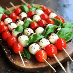 To make Easy Caprese Skewers, you need simple, fresh ingredients. Here’s the complete list: - 12 ripe cherry tomatoes - 12 fresh basil leaves - 12 small mozzarella balls (bocconcini) - 3 tablespoons balsamic glaze - 1 tablespoon high-quality extra-virgin olive oil - Sea salt and freshly cracked black pepper to taste - Skewers or toothpicks When picking ingredients, fresh is best. I always choose ripe cherry tomatoes. They add sweetness and color. Fresh basil leaves bring a nice aroma and flavor. You can find them at local markets. For mozzarella, use small balls for easy skewering. If fresh mozzarella is tough to find, you can use store-bought. Just make sure it’s good quality. Quality matters in cooking. High-quality ingredients make your dish shine. Fresh tomatoes and basil create bright flavors. Good mozzarella melts in your mouth. Balsamic glaze adds a sweet touch. Extra-virgin olive oil enhances taste. Using the best ingredients leads to the best skewers. Trust me; your taste buds will thank you. For the full recipe, check the link. First, wash the cherry tomatoes and basil leaves. Rinse them under cold water. This makes sure they are clean and fresh. After rinsing, gently pat them dry with a clean kitchen towel. Removing extra water helps the flavors shine through when you eat the skewers. Now, grab your skewers or toothpicks. Start by threading on one cherry tomato. Then, add a basil leaf and a mozzarella ball. Repeat this pattern. Each skewer should have three sets of tomato, basil, and mozzarella. Keep going until you use all your tasty ingredients. Once your skewers are ready, place them on a nice serving platter. Drizzle the extra-virgin olive oil over the top. This adds a rich flavor. Next, sprinkle on some sea salt and black pepper. This step is key for enhancing the taste. Finally, drizzle balsamic glaze over all the skewers. It adds a sweet touch and makes everything look pretty. For a nice finish, you can add extra basil leaves or microgreens around the skewers. It looks inviting and delicious! When you pick tomatoes, look for firm and shiny cherry tomatoes. They should be deep red and smell sweet. For cheese, choose small mozzarella balls, known as bocconcini. They should feel soft and fresh. If you can, buy them packed in water for the best flavor. These choices make your skewers taste amazing. Seasoning is key to a great Caprese skewer. Use high-quality sea salt and freshly cracked black pepper. A light sprinkle brings out the flavors. Drizzle balsamic glaze for sweetness. It adds a tangy kick, too. A touch of extra-virgin olive oil gives richness. Together, these seasonings create a delicious bite. To save time, prep all your ingredients first. Rinse and dry tomatoes and basil. Have mozzarella ready to go. Use toothpicks or skewers for easy assembly. Thread one tomato, a basil leaf, and a mozzarella ball. Repeat until full. This method keeps things quick and simple, letting you enjoy your tasty treat faster. For the full recipe, check out the detailed steps above. {{image_4}} You can easily switch up the cheese in your skewers. Instead of mozzarella, try feta or goat cheese. Feta adds a salty bite, while goat cheese offers a creamy texture. You can even mix cheeses for a fun twist. Just cut them into small cubes to fit on the skewers. The taste will change with each cheese, bringing new life to your dish. Adding more veggies makes your skewers even better. You can use bell peppers, zucchini, or cucumber. These veggies add crunch and color. Chop them into bite-sized pieces, and layer them with the other ingredients. This way, you make the skewers healthier and more filling. Experiment with different veggies to find your favorite mix. Balsamic glaze is great, but you can try other options. A lemon vinaigrette adds a fresh, zesty taste. You could also use pesto for a herb-packed flavor. If you like spice, drizzle some sriracha or chili oil. Each option gives your skewers a new flair. Don’t be afraid to get creative and mix flavors. To keep your Easy Caprese Skewers fresh, store them properly. Use an airtight container. Place parchment paper between layers to avoid sticking. This helps maintain their shape and taste. If you have leftover skewers, wrap them tightly in plastic wrap. Keep them in the fridge. They can last up to two days. Fresh ingredients are key for great flavor. Store cherry tomatoes at room temperature. They taste best when not cold. Keep basil in water, like a bouquet. Cover it loosely with a plastic bag. For mozzarella, keep it in its brine until ready to use. This keeps it soft and creamy. Caprese skewers are best enjoyed cold. There’s no need to reheat them. The flavors blend well when chilled. If you prefer warmth, you can briefly grill them. This adds a nice char without losing the fresh taste. Just a minute or two on the grill will work. Enjoy them fresh from the fridge or warm off the grill. For the full recipe, refer to the Easy Caprese Skewers link. Yes, you can make Easy Caprese Skewers ahead of time. Assemble the skewers and place them in the fridge. They stay fresh for a few hours. Just keep them covered to prevent them from drying out. If you add the balsamic glaze later, it keeps the skewers looking great. Caprese Skewers pair well with many dishes. Serve them with crusty bread or a light salad. They also go nicely with grilled meats or seafood. For drinks, try a crisp white wine or sparkling water with lime. These flavors enhance the fresh taste of the skewers. Yes, Easy Caprese Skewers are naturally gluten-free. The ingredients do not contain gluten. Just check any dips or sauces you add to ensure they are gluten-free too. You can enjoy these skewers without worry, making them a great option for everyone. In this post, we explored the key ingredients for Easy Caprese Skewers, focusing on fresh options. We discussed step-by-step instructions for prep and assembly. I shared tips to choose the best flavors and save time. You learned about variations, storage, and some common FAQs. You now have the tools to make delicious skewers. Use fresh ingredients, mix flavors, and enjoy! Your cooking can impress friends and family. Happy skewering!