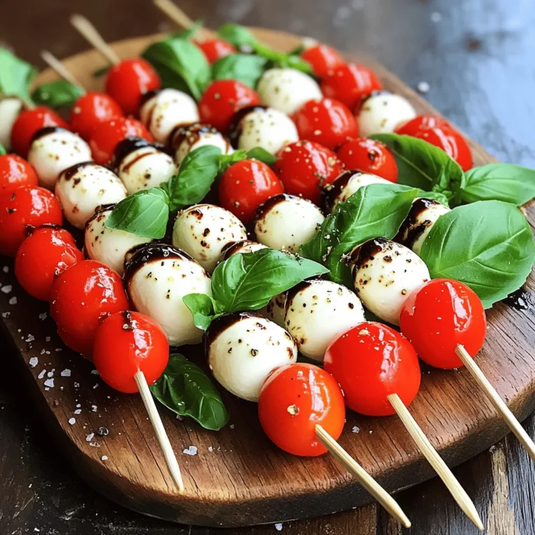 To make Easy Caprese Skewers, you need simple, fresh ingredients. Here’s the complete list: - 12 ripe cherry tomatoes - 12 fresh basil leaves - 12 small mozzarella balls (bocconcini) - 3 tablespoons balsamic glaze - 1 tablespoon high-quality extra-virgin olive oil - Sea salt and freshly cracked black pepper to taste - Skewers or toothpicks When picking ingredients, fresh is best. I always choose ripe cherry tomatoes. They add sweetness and color. Fresh basil leaves bring a nice aroma and flavor. You can find them at local markets. For mozzarella, use small balls for easy skewering. If fresh mozzarella is tough to find, you can use store-bought. Just make sure it’s good quality. Quality matters in cooking. High-quality ingredients make your dish shine. Fresh tomatoes and basil create bright flavors. Good mozzarella melts in your mouth. Balsamic glaze adds a sweet touch. Extra-virgin olive oil enhances taste. Using the best ingredients leads to the best skewers. Trust me; your taste buds will thank you. For the full recipe, check the link. First, wash the cherry tomatoes and basil leaves. Rinse them under cold water. This makes sure they are clean and fresh. After rinsing, gently pat them dry with a clean kitchen towel. Removing extra water helps the flavors shine through when you eat the skewers. Now, grab your skewers or toothpicks. Start by threading on one cherry tomato. Then, add a basil leaf and a mozzarella ball. Repeat this pattern. Each skewer should have three sets of tomato, basil, and mozzarella. Keep going until you use all your tasty ingredients. Once your skewers are ready, place them on a nice serving platter. Drizzle the extra-virgin olive oil over the top. This adds a rich flavor. Next, sprinkle on some sea salt and black pepper. This step is key for enhancing the taste. Finally, drizzle balsamic glaze over all the skewers. It adds a sweet touch and makes everything look pretty. For a nice finish, you can add extra basil leaves or microgreens around the skewers. It looks inviting and delicious! When you pick tomatoes, look for firm and shiny cherry tomatoes. They should be deep red and smell sweet. For cheese, choose small mozzarella balls, known as bocconcini. They should feel soft and fresh. If you can, buy them packed in water for the best flavor. These choices make your skewers taste amazing. Seasoning is key to a great Caprese skewer. Use high-quality sea salt and freshly cracked black pepper. A light sprinkle brings out the flavors. Drizzle balsamic glaze for sweetness. It adds a tangy kick, too. A touch of extra-virgin olive oil gives richness. Together, these seasonings create a delicious bite. To save time, prep all your ingredients first. Rinse and dry tomatoes and basil. Have mozzarella ready to go. Use toothpicks or skewers for easy assembly. Thread one tomato, a basil leaf, and a mozzarella ball. Repeat until full. This method keeps things quick and simple, letting you enjoy your tasty treat faster. For the full recipe, check out the detailed steps above. {{image_4}} You can easily switch up the cheese in your skewers. Instead of mozzarella, try feta or goat cheese. Feta adds a salty bite, while goat cheese offers a creamy texture. You can even mix cheeses for a fun twist. Just cut them into small cubes to fit on the skewers. The taste will change with each cheese, bringing new life to your dish. Adding more veggies makes your skewers even better. You can use bell peppers, zucchini, or cucumber. These veggies add crunch and color. Chop them into bite-sized pieces, and layer them with the other ingredients. This way, you make the skewers healthier and more filling. Experiment with different veggies to find your favorite mix. Balsamic glaze is great, but you can try other options. A lemon vinaigrette adds a fresh, zesty taste. You could also use pesto for a herb-packed flavor. If you like spice, drizzle some sriracha or chili oil. Each option gives your skewers a new flair. Don’t be afraid to get creative and mix flavors. To keep your Easy Caprese Skewers fresh, store them properly. Use an airtight container. Place parchment paper between layers to avoid sticking. This helps maintain their shape and taste. If you have leftover skewers, wrap them tightly in plastic wrap. Keep them in the fridge. They can last up to two days. Fresh ingredients are key for great flavor. Store cherry tomatoes at room temperature. They taste best when not cold. Keep basil in water, like a bouquet. Cover it loosely with a plastic bag. For mozzarella, keep it in its brine until ready to use. This keeps it soft and creamy. Caprese skewers are best enjoyed cold. There’s no need to reheat them. The flavors blend well when chilled. If you prefer warmth, you can briefly grill them. This adds a nice char without losing the fresh taste. Just a minute or two on the grill will work. Enjoy them fresh from the fridge or warm off the grill. For the full recipe, refer to the Easy Caprese Skewers link. Yes, you can make Easy Caprese Skewers ahead of time. Assemble the skewers and place them in the fridge. They stay fresh for a few hours. Just keep them covered to prevent them from drying out. If you add the balsamic glaze later, it keeps the skewers looking great. Caprese Skewers pair well with many dishes. Serve them with crusty bread or a light salad. They also go nicely with grilled meats or seafood. For drinks, try a crisp white wine or sparkling water with lime. These flavors enhance the fresh taste of the skewers. Yes, Easy Caprese Skewers are naturally gluten-free. The ingredients do not contain gluten. Just check any dips or sauces you add to ensure they are gluten-free too. You can enjoy these skewers without worry, making them a great option for everyone. In this post, we explored the key ingredients for Easy Caprese Skewers, focusing on fresh options. We discussed step-by-step instructions for prep and assembly. I shared tips to choose the best flavors and save time. You learned about variations, storage, and some common FAQs. You now have the tools to make delicious skewers. Use fresh ingredients, mix flavors, and enjoy! Your cooking can impress friends and family. Happy skewering!