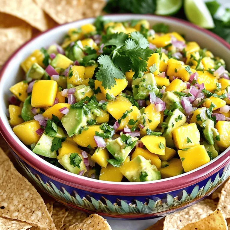To make your Mango Avocado Salsa, gather the following ingredients: - 1 ripe mango, diced into small cubes - 2 ripe avocados, diced into chunks - 1 small red onion, finely chopped - 1 fresh jalapeño pepper, seeded and minced - 1/4 cup fresh cilantro leaves, finely chopped - Juice of 2 fresh limes - Salt and freshly ground black pepper, to taste - 1/2 teaspoon ground cumin (optional for an earthy flavor) Choosing ripe mangoes and avocados is key for great salsa. Here are some tips: - Mango: Look for a mango that feels slightly soft when you press it. The skin should have a bit of color, ranging from green to yellow-red. A fruity scent is also a good sign. - Avocado: Gently squeeze the avocado. If it yields just a little, it’s ripe and ready to use. Avoid any that feel too mushy or have dark spots. Want to take your salsa up a notch? Consider these optional ingredients: - Garlic: Mince 1 clove for added depth. Garlic brings a nice, savory touch. - Pineapple: Add diced pineapple for a sweet twist. This will also add tropical flair. - Bell Pepper: Dice a small red or yellow bell pepper for extra crunch and color. - Honey: A drizzle of honey can balance out the heat of the jalapeño. Just a teaspoon will do! These ingredients can change the flavor profile and make your salsa unique. To make the best Mango Avocado Salsa, start with your ingredients. First, dice the ripe mango and avocados into small, even cubes. This helps create a nice texture. Next, chop the red onion finely. You want small pieces for a balanced flavor. Be careful when handling the jalapeño. Remove the seeds and mince it finely. This will add a nice kick! Combine the diced mango and avocados in a large bowl. Then, add the chopped onion and minced jalapeño. Sprinkle fresh cilantro leaves on top. Finally, squeeze the juice of two fresh limes over the mixture. This adds a tangy flavor that brightens up the salsa. This salsa does not require cooking, which makes it simple. Just mix all the ingredients in the bowl. Season with salt, black pepper, and optional cumin. Toss gently to combine, but do not mash the avocados. Keeping them chunky makes the salsa fresh and appealing. Let the salsa rest for about 10 minutes. This allows the flavors to blend and get even better. If you feel adventurous, try adding a pinch of garlic powder for depth. For serving, choose a colorful bowl to enhance the dish. Garnish with extra cilantro leaves on top for a fresh look. This salsa pairs well with crispy tortilla chips. You can also serve it on a bed of mixed greens for a salad twist. For a fun touch, try it with grilled fish or chicken. This makes a delicious and vibrant meal, perfect for any gathering. To see the complete recipe, check the Full Recipe section above. To keep avocados fresh after cutting, use lime juice. The acid in lime slows browning. Brush or squeeze lime juice on cut avocado. Store it in an airtight container. You can also cover it with plastic wrap. Press the wrap right onto the surface. This limits air exposure and helps keep it green. For mixing, use a large bowl. A silicone spatula works best for gently combining ingredients. It prevents mashing the avocados. When serving, choose a colorful bowl to highlight the salsa. A serving spoon can help scoop out the salsa easily. Consider using tortilla chips or a scoop for fun serving. Add more lime juice for extra zest. You can also mix in diced tomatoes for a fresh twist. If you like heat, include more jalapeño or a dash of hot sauce. If you want a smoky flavor, sprinkle in some smoked paprika. Taste as you go to find your perfect balance. For a sweet touch, try adding diced pineapple. This adds a tropical flair to your salsa. For the full recipe, check out the detailed steps above. {{image_4}} To add heat, try a spicy twist! Start with the basic recipe. Then, add more jalapeños. You can also mix in diced serrano peppers for extra spice. For a smoky flavor, add chipotle powder. This creates a salsa that packs a punch! Want to make your salsa even more fun? Consider adding other fruits! Pineapple adds sweetness and a nice chew. Diced kiwi works well for a tangy kick. Papaya is another great choice. Each fruit brings its own flavor and color, making your salsa pop! If you want a low-carb version, skip the mango and use cucumber. It keeps the salsa fresh and crunchy. For a vegan spin, add black beans for protein. This makes your salsa hearty and filling without losing flavor. You can still enjoy the zesty lime and cilantro, of course! Want the full recipe? Check out the Full Recipe section for more details. To keep your Mango Avocado Salsa fresh, place it in a sealed container. Air exposure can cause the avocados to brown quickly. If you have leftover salsa, try to cover it tightly with plastic wrap before sealing the lid. This method helps preserve the bright colors and flavors. Mango Avocado Salsa stays fresh in the fridge for about two days. After that, the quality starts to decline. If you want to freeze it, I recommend omitting the avocado. Avocados do not freeze well and can become mushy. Instead, freeze the mango, onion, jalapeño, and cilantro mix. You can add fresh avocado later when you're ready to serve. For the best storage, use glass or BPA-free plastic containers. These materials do not retain odors and help keep your salsa fresh. Choose a container that fits snugly, reducing the air inside. This way, your salsa remains tasty and vibrant for longer. Yes, you can make Mango Avocado Salsa ahead of time. However, I suggest you prepare it a few hours in advance. This way, the flavors blend well. If you make it too early, the avocados may brown. To prevent browning, add lime juice before serving. You can serve Mango Avocado Salsa with many tasty options. Here are some ideas: - Crisp tortilla chips for dipping - Grilled fish or chicken for a fresh topping - Tacos or burritos for added flavor - Mixed greens for a colorful salad - Quesadillas for a delicious side Yes, this salsa fits many special diets. It is gluten-free and vegan, making it a great choice. If you want to make it low-carb, just skip the chips. This salsa is healthy and packed with nutrients too! You can adjust the spice level easily. If you like it mild, add less jalapeño. You can also remove the seeds for less heat. If you want more spice, you can add extra jalapeño or even a pinch of cayenne. Taste as you go to find your perfect balance! Check out the Full Recipe for more details on making this delightful salsa. Making Mango Avocado Salsa is fun and easy. We covered key ingredients, tips for picking ripe fruits, and ways to enhance flavor. I provided step-by-step instructions to prepare and serve your salsa. You learned how to keep avocados fresh and some handy tools to help. Experiment with variations and proper storage tips to make this dish yours. Remember, salsa can fit into any diet. Use what you learned to impress family and friends with your salsa skills. Enjoy your tasty creation today!