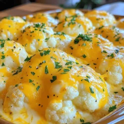 - Cauliflower florets: Start with one large head. Cut it into small, bite-sized pieces. - Cheese varieties: Use 2 cups of shredded sharp cheddar and 1/4 cup grated Parmesan. - Seasonings: Add garlic powder, onion powder, smoked paprika, salt, and black pepper for flavor. - Fresh herbs: Chopped parsley adds color and freshness. - Additional cheeses: Try using mozzarella or gouda for more flavor. - Dairy-free options: Replace cream cheese with a dairy-free cream cheese. - Low-carb alternatives: Substitute cauliflower with broccoli for a different taste. This recipe is easy to adapt based on what you have. If you want to learn more, check out the full recipe. 1. Preheat the Oven: First, set your oven to 375°F (190°C). This step makes sure your dish cooks evenly. 2. Steam the Cauliflower: Fill a pot with water and bring it to a boil. Place a steaming basket on top. Add the cauliflower florets and cover. Steam for about 5–7 minutes. The cauliflower should be tender but still a bit firm. Drain it and set it aside. 3. Prepare the Cheese Mixture: Grab a large mixing bowl. Combine the softened cream cheese, milk, garlic powder, onion powder, smoked paprika, salt, and pepper. Use a whisk or mixer to blend until smooth. Make sure there are no lumps for a creamy texture. 1. Incorporate Cheddar: Gently fold in 1 1/2 cups of shredded cheddar cheese into the cream cheese mixture. Mix just until combined. The cheese should be evenly spread throughout the mix. 2. Folding in Cauliflower: Carefully add the steamed cauliflower to the cheese mixture. Use a spatula to fold the florets in gently. Ensure they are coated well without mashing them. 1. Transfer to Baking Dish: Pour the cauliflower and cheese mixture into a greased 9x13 inch baking dish. Use a spatula to spread it evenly. 2. Bake Until Golden: Sprinkle the remaining 1/2 cup of shredded cheddar cheese and the grated Parmesan cheese on top. This creates a cheesy crust. Place the dish in your preheated oven. Bake for 25–30 minutes. Look for the cheese to be melted, bubbly, and golden brown. Enjoy your delicious Cheesy Cauliflower Bake! For the detailed recipe, refer to the Full Recipe. How to avoid mushy cauliflower: To keep your cauliflower firm, steam it just until tender. This usually takes about 5–7 minutes. If you overcook it, the cauliflower can turn mushy. Make sure to drain it well after steaming. You want it to hold its shape in the bake. Achieving the perfect cheesy crust: For a great cheesy crust, use a mix of cheeses. I love using sharp cheddar and Parmesan. Spread a layer of cheese on top before baking. This helps create that golden, bubbly crust we all crave. Bake until the cheese is melted and lightly browned. Pairing with proteins: This bake goes well with many proteins. Try serving it alongside grilled chicken or roasted pork. The creamy dish balances the flavors of the meat nicely. You can also add a simple salad for a fresh touch. Ideal side dishes: For sides, consider light options like steamed broccoli or a crisp green salad. These will add color and crunch to your meal. You can also serve it with garlic bread for a comforting touch. Prep ahead methods: You can make this dish ahead of time. Steam the cauliflower earlier in the day, and mix it with the cheese mixture. Keep it in the fridge until you're ready to bake. This way, you save time when it’s meal time. Reheating guidelines: To reheat, place the bake in the oven at 350°F (175°C). Cover it with foil to keep it moist. Heat for about 15–20 minutes until warmed through. This keeps the texture nice and prevents it from drying out. For the full recipe, check out the Cheesy Cauliflower Bake section! {{image_4}} You can make your Cheesy Cauliflower Bake even tastier with some fun twists. Start by adding spices like cayenne or Italian herbs. A little heat from red pepper flakes can kick it up a notch. Mix in herbs like thyme or rosemary for a fresh touch. You can also add sautéed onions or crispy bacon for extra flavor. These mix-ins make every bite exciting. If you follow a gluten-free diet, this recipe is a great fit. All the ingredients are naturally gluten-free. For a vegan option, swap out the cream cheese and cheddar for plant-based versions. Cashew cheese or nutritional yeast gives a cheesy flavor without dairy. You can use almond milk instead of regular milk for a creamy texture. Serving your Cheesy Cauliflower Bake can be a fun part of the meal. Try using a cast-iron skillet for a rustic look. You can also bake it in individual ramekins for a personal touch. Top each serving with fresh herbs for color. This makes your dish not just tasty but pretty too. For an even more festive vibe, add a sprinkle of paprika on top before serving. For more details on the recipe, check out the Full Recipe. To keep your Cheesy Cauliflower Bake fresh, follow these easy tips: - Refrigeration: Allow the bake to cool down. Then, cover it tightly with plastic wrap or aluminum foil. Store it in the fridge for up to 3 to 4 days. - Freezing: If you want to save it longer, freeze the cooled dish. Use an airtight container or freezer bag. It can last up to 2 months in the freezer. Just remember to label it with the date. When you’re ready to enjoy leftovers, reheating is key: - Oven Reheating: Preheat your oven to 350°F (175°C). Place the bake in an oven-safe dish. Cover it with foil to keep it moist. Heat it for about 20 minutes or until hot. This method helps keep the texture and flavor intact. - Microwave Reheating: If you’re in a hurry, use the microwave. Place a portion on a microwave-safe plate. Heat it for 1 to 2 minutes, checking often. Stir to ensure even heating, but this method may make the cheese less crisp. Knowing how long your dish lasts is important: - Fridge Life: In the fridge, your Cheesy Cauliflower Bake stays good for 3 to 4 days. - Signs of Spoilage: If you see mold or a sour smell, it’s time to toss it. Any change in texture can also signal that it’s no longer fresh. Enjoy your cheesy delight while it’s at its best! For the complete recipe, check out the [Full Recipe]. Can I use frozen cauliflower? Yes, you can use frozen cauliflower. Just thaw it and drain excess water. This helps avoid a watery dish. Frozen cauliflower may need a bit longer to bake, so keep an eye on it. How do I make it spicier? To spice it up, add red pepper flakes or cayenne pepper to the cheese mix. You can also add diced jalapeños or hot sauce for extra heat. Can I replace cream cheese with Greek yogurt? Yes, Greek yogurt can work as a good substitute. It adds creaminess and a tangy flavor. The texture will be lighter, but it will still taste great. What type of cheese is best for baking? Sharp cheddar cheese is best for baking. It melts well and adds a strong flavor. You can also mix in mozzarella for a gooey texture. Can I make this dish in advance? Absolutely! You can prepare it a day before and store it in the fridge. Just bake it when you are ready to serve. How to adjust cooking time for different ovens? If your oven runs hot or cold, check your dish a few minutes early. Ovens can vary widely, so use your eyes and nose to judge doneness. Look for a golden top and bubbling cheese. This blog post covered a delicious cauliflower bake recipe. We explored key ingredients like cheese and seasonings. You learned step-by-step instructions for preparation and baking. Tips ensured your dish is perfect, while variations made it fun and flexible. Remember to store leftovers properly for longer enjoyment. With all these insights, you can create a tasty dish that everyone will love. Enjoy experimenting and happy cooking!